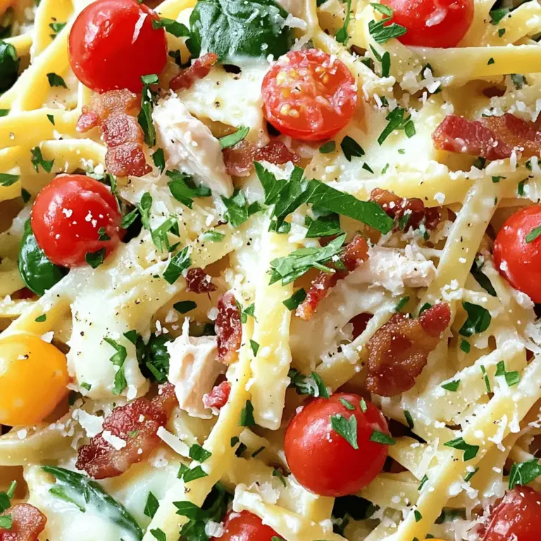 To make Chicken Bacon Ranch Pasta, gather these ingredients: - 8 oz fettuccine pasta - 2 cups cooked chicken, diced (rotisserie works great!) - 6 slices of bacon, chopped - 1 cup ranch dressing - 1 cup cherry tomatoes, halved - 1 cup fresh spinach, roughly chopped - 1 cup shredded mozzarella cheese - 1/2 cup grated Parmesan cheese - 2 tablespoons olive oil - Salt and pepper to taste - Fresh parsley for garnish (optional)