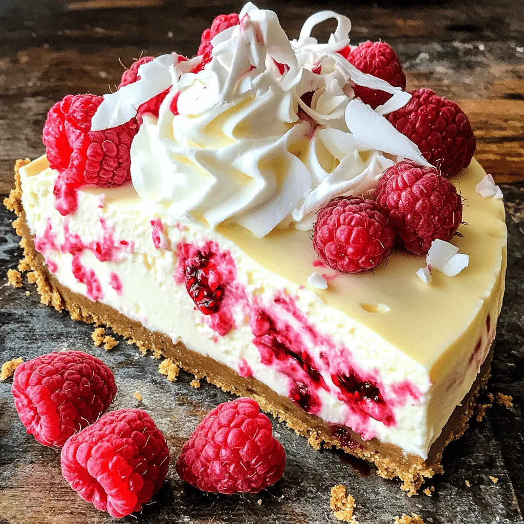 - <strong>Cream Cheese</strong>: This is the base of the cheesecake. It gives it a rich and creamy texture. – <strong>White Chocolate</strong>: Use high-quality white chocolate for the best flavor. Melt it and mix it in for sweetness. – <strong>Raspberries</strong>: Fresh raspberries add a burst of tartness. They balance the sweetness of the cheesecake.” /></p>
</p>
<h2>Variations</h2>
</p>
<h3>Flavor Variations</h3>
</p>
<p>You can change the flavor of your cheesecake with fruits or extracts. Adding fruits like strawberries or blueberries can give a fresh twist. Simply fold in the fruit gently into the cream cheese mixture to keep it intact. Use this method for any fruit you love.</p>
</p>
<p>Incorporating flavor extracts can also enhance your cheesecake. A splash of almond or lemon extract can bring a new layer of taste. Just a little goes a long way, so start with half a teaspoon and adjust to your liking.</p>
</p>
<h3>Alternative Crust Options</h3>
</p>
<p>If you want a different crust, try using graham crackers. Crush them finely and mix with melted butter. This gives a nice sweet crunch. You can also use nuts for a gluten-free crust. Almonds or pecans work great. Just grind them and mix with some butter.</p>
</p>
<p>Another option is a chocolate cookie crust. Use crushed chocolate cookies for a rich, sweet base. It pairs well with the white chocolate raspberry flavor.</p>
</p>
<h3>Dietary Modifications</h3>
</p>
<p>For those needing gluten-free options, replace the digestive biscuits with gluten-free cookies. There are many tasty gluten-free brands available.</p>
</p>
<p>If you’re looking for vegan adaptations, use dairy-free cream cheese and coconut cream instead of heavy cream. You can also use flax eggs or applesauce as an egg substitute. This keeps the cheesecake creamy while meeting dietary needs.</p>
</p>
<p>With these variations, you can make the white chocolate raspberry truffle cheesecake your own. You can explore different flavors and textures while keeping it delicious!</p>
</p>
</p>
<h2>Storage Info</h2>
</p>
<h3>How to Store Leftover Cheesecake</h3>
</p>
<p>To keep your cheesecake fresh, follow these steps:</p>
</p>
<p>– <strong>Refrigeration Guidelines</strong>: Place leftover cheesecake in an airtight container. It will stay fresh in the fridge for about a week. Cover it tightly with plastic wrap if you don’t have a container. This protects it from absorbing odors from other foods.</p>
</p>
<p>– <strong>Freezing Instructions</strong>: If you need to store it longer, freezing is a great option. Wrap slices in plastic wrap and then place them in a freezer-safe bag. It can last up to three months in the freezer. Thaw it in the fridge overnight before enjoying.</p>
</p>
<h3>Shelf Life</h3>
</p>
<p>– <strong>How Long Does It Last in the Fridge?</strong>: Your cheesecake will last about 5 to 7 days in the fridge. After that, the taste and texture may change.</p>
</p>
<p>– <strong>Signs of Spoilage</strong>: Look for any off smells or changes in texture. If you see mold or the cheesecake feels sticky, it’s time to toss it.</p>
</p>
<h3>Best Practices for Reheating</h3>
</p>
<p>– <strong>Proper Reheating Techniques</strong>: If you prefer warm cheesecake, heat it gently. Place a slice on a microwave-safe plate. Heat it for about 10 to 15 seconds. Check if it’s warm enough. Be careful not to overheat, as it can change the texture.</p>
</p>
<p>– <strong>When to Serve Cold vs Warm</strong>: I recommend serving this cheesecake chilled for the best flavor. The coolness enhances the white chocolate and raspberry taste. Warm cheesecake is a nice treat but may not showcase the flavors as well.</p>
</p>
<h2>FAQs</h2>
</p>
<h3>How to Make White Chocolate Raspberry Truffle Cheesecake from Scratch?</h3>
<p>To make this cheesecake from scratch, follow these steps:</p>
</p>
<p>1. <strong>Prepare Your Crust</strong>: Mix crushed digestive biscuits with melted butter. Press this into a springform pan.</p>
<p>2. <strong>Make the Filling</strong>: Beat softened cream cheese until smooth. Add melted white chocolate, then mix in sour cream, sugar, and eggs.</p>
<p>3. <strong>Add Raspberries</strong>: Gently fold in fresh raspberries to keep them whole.</p>
<p>4. <strong>Bake</strong>: Pour the filling into the crust and bake until set but still jiggly in the center.</p>
<p>5. <strong>Cool</strong>: Let the cheesecake cool in the oven while it cools down. Then chill it in the fridge for at least 4 hours.</p>
<p>6. <strong>Whip Cream</strong>: Just before serving, whip heavy cream with powdered sugar and spread it over the cheesecake.</p>
</p>
<p>This process blends flavors perfectly and creates a creamy texture.</p>
</p>
<h3>Can I Use Frozen Raspberries?</h3>
<p>Yes, you can use frozen raspberries. Here are some tips:</p>
</p>
<p>– <strong>Thaw Them First</strong>: Let frozen raspberries thaw and drain excess water before adding them to the filling.</p>
<p>– <strong>Flavor</strong>: Frozen raspberries can be tart. Taste before adding sugar to the filling.</p>
<p>– <strong>Texture</strong>: They may break down more, so gently fold them in to keep some whole pieces for a pretty look.</p>
</p>
<p>Both fresh and frozen raspberries work well, but fresh often gives a better texture.</p>
</p>
<h3>What is the Best Way to Serve Cheesecake?</h3>
<p>Serving this cheesecake can be delightful. Here are some ideas:</p>
</p>
<p>– <strong>Garnish</strong>: Top with whipped cream, extra raspberries, and white chocolate shavings for a fancy touch.</p>
<p>– <strong>Sauce</strong>: Drizzle raspberry sauce on the plate for a burst of flavor and color.</p>
<p>– <strong>Chill</strong>: Always serve chilled for the best taste and texture.</p>
</p>
<p>These simple serving tips can elevate your cheesecake experience! For the full recipe, check out the detailed steps in the earlier sections.</p>
</p>
<p>You now have all the tools to make a delicious white chocolate raspberry truffle cheesecake. We’ve covered the key ingredients, from cream cheese to digestive biscuits. The step-by-step guide walks you through every stage, ensuring success. Remember to avoid common mistakes and consider fun variations to make this recipe your own.</p>
</p>
<p>In the end, your cheesecake can impress anyone. Enjoy the joy of baking and sharing this delightful treat. A well-made cheesecake brings happiness—go create yours!</p>
</div>