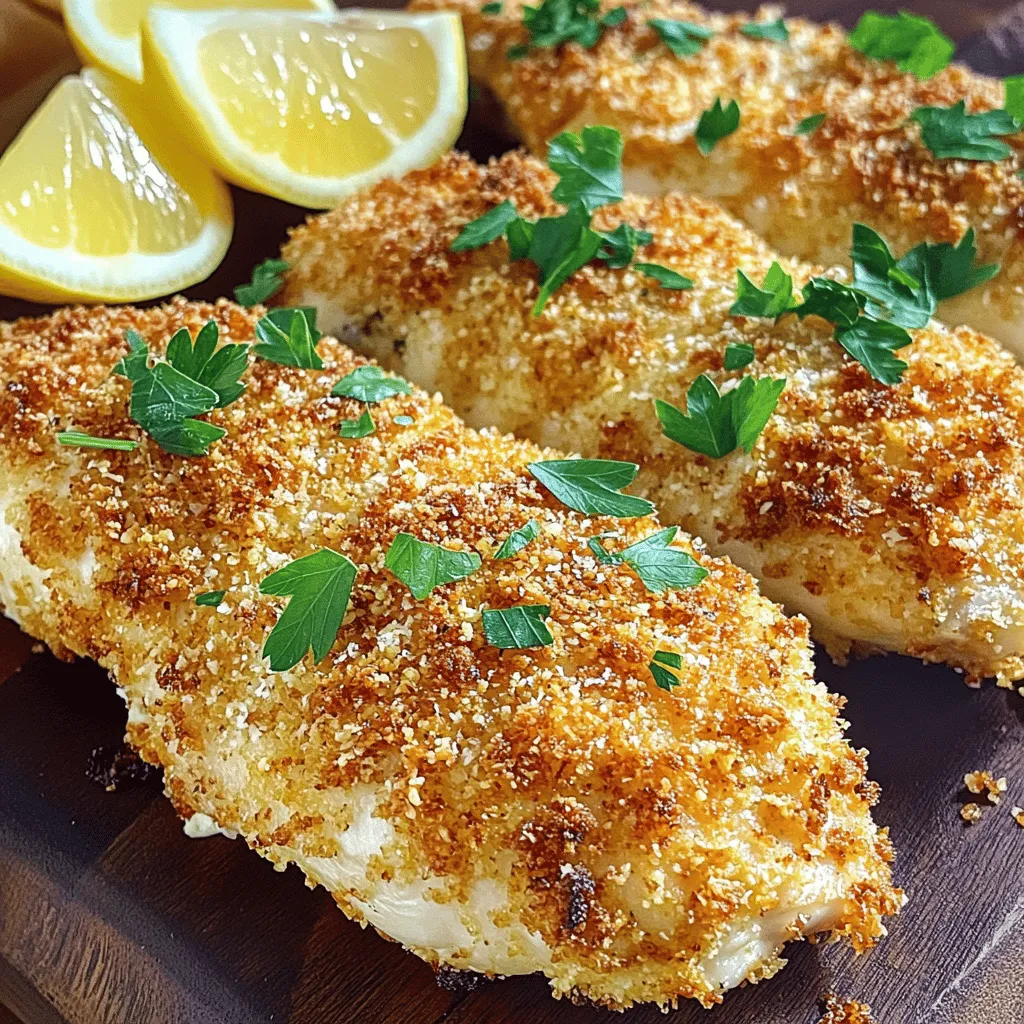 - 2 boneless, skinless chicken breasts - 1 cup buttermilk - 1 cup panko breadcrumbs - ½ cup grated Parmesan cheese