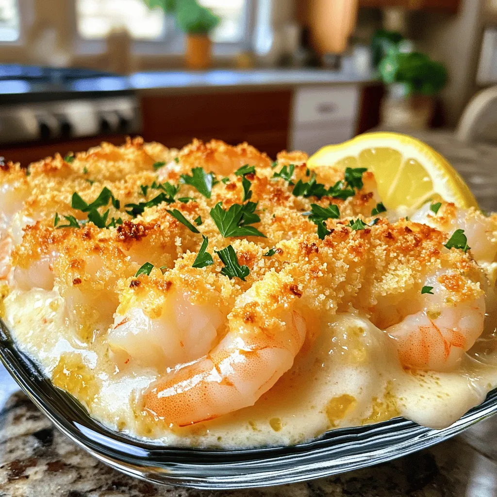 - 1 lb large shrimp, peeled and deveined - 4 cloves garlic, minced - 1 cup heavy cream - 1 cup grated Gruyère cheese - 1 cup panko breadcrumbs - 3 tablespoons unsalted butter, divided - 1 tablespoon olive oil - 1 tablespoon fresh parsley, chopped - 1 teaspoon lemon juice - Salt and pepper to taste Garlic shrimp gratin is simple yet packed with flavor. The main star is the shrimp. You want large shrimp, peeled and deveined, to make eating easy. The garlic gives a rich taste that pairs well with shrimp. Heavy cream adds a creamy texture. Gruyère cheese brings a nutty flavor that melts beautifully. Panko breadcrumbs add a nice crunch on top. Butter helps everything blend together, while parsley brightens the dish. Lemon juice adds a touch of freshness, balancing the richness. Don't forget salt and pepper to enhance all the flavors. - Red pepper flakes - Fresh herbs (thyme or basil) - Grated Parmesan cheese For those who love extra taste, you can add red pepper flakes for heat. Fresh herbs like thyme or basil bring a fresh aroma. Grated Parmesan cheese can enhance the cheesiness. These optional ingredients can make your dish even more special. - Mixing bowls - Skillet - Baking dish - Measuring cups and spoons You will need a few tools to make this dish. Mixing bowls help combine your ingredients. A skillet is perfect for cooking the shrimp and garlic. A baking dish holds everything while it bakes. Measuring cups and spoons ensure you get the right amounts. With these tools, you will create a delicious garlic shrimp gratin. For the full recipe, check the details above. - Preheat the oven to 375°F (190°C). - In a skillet, heat 1 tablespoon of olive oil and 1 tablespoon of butter over medium heat. - Add 4 cloves of minced garlic and sauté for about 1 minute or until fragrant. - Next, add 1 pound of large shrimp to the skillet. Cook for 3-4 minutes until the shrimp turns pink. - Season the shrimp with salt, pepper, and 1 teaspoon of lemon juice. Remove from heat and set aside. - In a mixing bowl, combine 1 cup of heavy cream and half of 1 cup of grated Gruyère cheese. - Stir in the cooked shrimp to coat them well with the cream. - In another bowl, mix 1 cup of panko breadcrumbs, the remaining Gruyère cheese, 1 tablespoon of chopped parsley, and the remaining 2 tablespoons of melted butter. - Grease a baking dish with a little butter. - Pour the shrimp and cream mixture evenly into the dish. - Top it generously with the breadcrumb mixture. - Drizzle the remaining butter over the top. - Bake in the preheated oven for 15-20 minutes or until golden brown and bubbly. For the full recipe, including all details and tips, check out the [Full Recipe]. - Use fresh shrimp for the best flavor. Fresh shrimp give a sweet and tender taste. - Make it extra cheesy with additional Gruyère or Parmesan. Cheese adds richness and creaminess. - Don't skip the breadcrumb topping for that perfect crunch. Crisp breadcrumbs enhance the dish's texture. - Pair with a crisp salad or garlic bread. These sides add freshness and balance. - Enhance the dish with a squeeze of fresh lemon. The lemon brightens and adds zing. - Serve directly from the baking dish. This keeps the dish warm and inviting. - Garnish with extra parsley or lemon wedges. This adds color and freshness to your meal. {{image_2}} You can easily change the flavor by adding other seafood. Scallops work great in this dish. You might also like to use crab meat. Both add rich taste and texture. Mixing seafood can create a delightful surprise in each bite. Just make sure to cook the scallops briefly, just like the shrimp. This keeps everything tender and juicy. Want to add some greens? Spinach is an easy choice. It cooks down nicely and adds color. Sun-dried tomatoes bring a sweet, tangy flavor. They also add great nutrition. You can toss them in with the shrimp while cooking. This way, they soak up all the lovely garlic and cream flavors. If you're vegan or lactose intolerant, there are options. You can swap the heavy cream for a nut-based cream. Almond or cashew cream works well. Nutritional yeast can replace cheese for that cheesy taste. These changes keep the dish creamy while fitting your diet. Just follow the same steps in the Full Recipe, and you’ll still have a tasty dish. To keep your gratin fresh, cool it completely before refrigerating. This helps prevent excess moisture. Store the leftovers in an airtight container. They will stay good for up to 2 days. For the best taste, reheat your Garlic Shrimp Gratin in the oven. Set the oven to 350°F (175°C) for even heating. To keep the dish moist, add a splash of cream before reheating. This keeps the shrimp tender and creamy. If you want to save some for later, freeze the gratin in a freezer-safe container. Make sure it is tightly sealed to avoid freezer burn. When you're ready to eat it, thaw it overnight in the fridge. After thawing, bake it until hot and bubbly. This method helps maintain the flavor and texture. You can find the Full Recipe for additional details. Total time includes 15 minutes prep and 25 minutes baking. This means you can enjoy this dish in about 40 minutes. It’s quick and perfect for a weeknight meal. Yes, but thaw and drain them before cooking. Frozen shrimp can work just fine if you prepare them properly. This helps keep the dish fresh and tasty. Swiss cheese or a blend of mozzarella and Parmesan can work well. Each cheese brings its own flavor, so feel free to mix and match. This makes the gratin creamy and delicious. It can be spicy if you add red pepper flakes. Adjust to taste. If you like it mild, skip the flakes. If you love heat, add a pinch or more. Yes, prepare the gratin but bake it right before serving for the best texture. You can mix everything and refrigerate it. Just pop it in the oven when you're ready to eat. Garlic Shrimp Gratin is a delightful dish that blends shrimp, cheese, and spices. You saw how to make it step by step, with tips for perfecting flavor. Try adding veggies or different seafood for variety. Remember, fresh shrimp and a good crust make it special. Store leftovers properly and reheat with care. This dish impresses with flavor and looks great, too. Enjoy this tasty adventure!