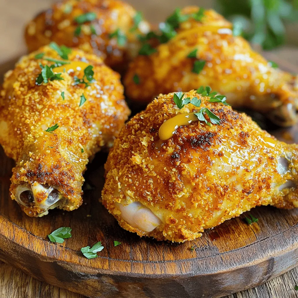To make my crispy and flavorful oven-baked fried chicken, you need a few key ingredients. Here’s what you'll need: - Chicken pieces (4 bone-in, skin-on thighs and 4 drumsticks) - Buttermilk marinade components: - 1 cup buttermilk - 2 tablespoons Dijon mustard - 2 tablespoons honey - 1 teaspoon garlic powder - 1 teaspoon onion powder - 1 teaspoon smoked paprika - 1 teaspoon salt - ½ teaspoon black pepper - Coating items: - 1½ cups panko breadcrumbs - ½ cup all-purpose flour - Cooking spray These ingredients work together to create a crispy crust and juicy chicken. The buttermilk marinade adds flavor and tenderness, while the panko breadcrumbs give that extra crunch. Remember, the quality of your chicken matters, so choose fresh pieces for the best taste. You can find the full recipe to guide you through the steps for making this delicious dish. Marination is key to juicy, flavorful chicken. I recommend marinating for at least 2 hours. This time allows the flavors to soak deep into the meat. If you can, marinate overnight. It makes a big difference. To coat the chicken evenly, make sure you mix the marinade well. Use a large bowl so each piece gets full coverage. Place the chicken in the bowl, turning it to coat all sides. Cover it tightly and pop it in the fridge. Before baking, preheat your oven to 425°F (220°C). This high temperature helps achieve that crispy finish. While it heats, line a baking sheet with parchment paper. This will save you time on cleanup. Spacing the chicken pieces out on the sheet allows hot air to circulate. This makes sure every piece cooks evenly and crisps up nicely. For extra crispiness, use panko breadcrumbs mixed with all-purpose flour. This combo creates a great crunch. When coating, shake off any excess marinade first. Then, roll each piece in the breadcrumb mix. Press gently to ensure it sticks well. After coating, place the chicken on the baking sheet. Lightly spray the pieces with cooking spray for that golden finish. Bake for about 35-40 minutes. Make sure the internal temperature reaches 165°F (74°C). For an extra crispy texture, switch to broil for the last five minutes. Just keep an eye on it to avoid burning. For the full recipe, click here. To get that crispy coating, I use cooking spray. It helps the breadcrumbs turn golden brown. Lightly spray each piece of chicken before baking. This extra touch makes a big difference in texture. Another great trick is to broil the chicken at the end. After baking, I switch the oven to broil for about five minutes. This step gives the chicken a nice crunch. Just watch closely to avoid burning. Marinating chicken is key for flavor. I recommend marinating for at least two hours. But if you can, let it sit overnight. The longer it sits, the better the flavor. The buttermilk tenderizes the meat and adds moisture. When marinating, make sure every piece is coated well. This helps the chicken soak up all the goodness from the marinade. Don’t be afraid to get creative with seasonings! You can mix in some cayenne for heat or use Italian herbs for a twist. Garlic and lemon zest also add great flavor. For dips, I love serving this chicken with honey mustard or ranch. You can even try a spicy sriracha mayo for a fun kick. These add-ons really elevate the dish and make it even more enjoyable. {{image_2}} If you're looking for a gluten-free option, use almond flour instead of all-purpose flour. Almond flour gives a nice crunch. For the breadcrumbs, try crushed cornflakes or gluten-free breadcrumbs. Both work well and keep the chicken crispy. To make a keto-friendly version, only use almond flour. You can also replace honey with a sugar substitute like erythritol. This keeps the sweetness without the carbs. You can change up the flavors easily. Try different spice mixes like Cajun or Italian seasoning. Both add a unique twist. For a burst of freshness, add herbs like rosemary or thyme to your marinade. A splash of lemon juice or orange zest also brightens the dish. You can cook this chicken in different ways. An air fryer gives you a crispy finish without using much oil. Just adjust the cooking time to about 25 minutes at 400°F (200°C). If you prefer grilling, marinate the chicken and then cook it over medium heat. Flip it often to ensure even cooking. Adjust the time based on your grill's heat. For more details, check the Full Recipe. To keep your oven baked fried chicken fresh, follow these tips: - Refrigerate promptly: Store leftovers in the fridge within two hours. - Use airtight containers: Glass or plastic containers with tight lids work best. - Separate pieces: If you can, keep chicken pieces apart to prevent sogginess. When you want to enjoy your chicken again, reheating is key. Here’s how to do it right: - Oven method: Preheat your oven to 350°F (175°C). Place chicken on a baking sheet. Heat for about 15-20 minutes or until heated through. This method keeps the crust crispy. - Microwave method: If you’re in a hurry, use the microwave. Place chicken on a microwave-safe plate. Cover with a damp paper towel. Heat in short bursts, checking often to avoid drying it out. If you have extra chicken, freezing is a great option. Here’s how to do it properly: - Cool before freezing: Let the chicken cool completely before placing it in the freezer. - Use freezer bags or containers: Remove as much air as possible to prevent freezer burn. - Label and date: Write the date on the bag or container. Cooked chicken can last about three months in the freezer. When you’re ready to eat, thaw chicken in the fridge overnight for best results. Enjoy your crispy and flavorful delight! For a full recipe, check out the link above. I recommend marinating the chicken for at least 2 hours. This time allows the flavors to soak into the meat. For the best taste, marinate it overnight. The longer it sits, the more flavorful it becomes. The buttermilk tenderizes the chicken, making it juicy and soft. Yes, you can use chicken breasts. They cook faster than thighs or drumsticks. Chicken breasts are leaner, but they can dry out if overcooked. Adjust the baking time to about 25-30 minutes. Always check that the internal temperature reaches 165°F (74°C) to ensure safe eating. You can serve Oven Baked Fried Chicken with many sides. Some great options include coleslaw, mashed potatoes, or sweet potato fries. Fresh green beans or corn on the cob also pair well. For a fun twist, try serving it with a honey mustard dip. Yes, oven-baked chicken is usually healthier than fried chicken. Baking uses less oil, which cuts down on fat. It also reduces calories compared to deep frying. Plus, you get all the crispy goodness without the guilt. Enjoy your meal without sacrificing your health! In this blog post, you learned how to make delicious oven-baked fried chicken. We covered key ingredients, marination tips, and baking steps. Remember, marinating helps the chicken flavor. Coating helps achieve a crispy texture. For variations, consider gluten-free options or different flavors. Storing and reheating are easy if done right. Now you can enjoy a tasty dish that is healthier than fried chicken. Happy cooking!