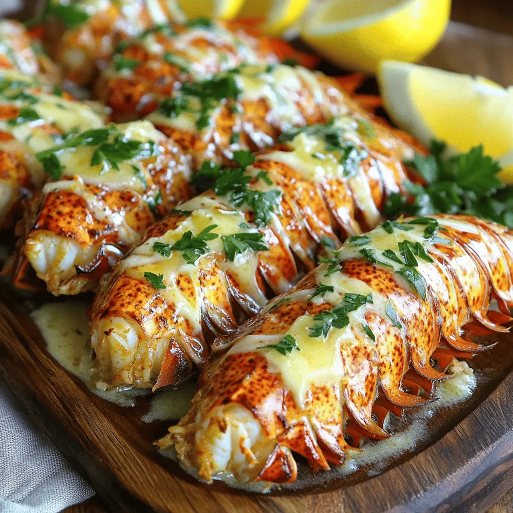 To make this dish, you will need: - 4 lobster tails - 1/2 cup unsalted butter (1 stick), melted - 4 cloves garlic, minced - 1/4 cup heavy cream - 1/4 cup grated Parmesan cheese - 2 tablespoons fresh parsley, chopped - 1 tablespoon lemon juice - Salt and pepper to taste - Lemon wedges for serving