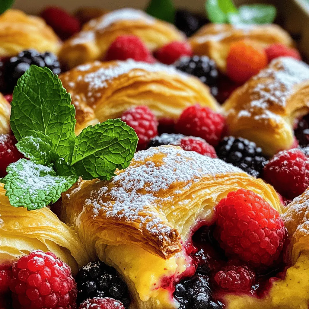 To make a tasty Berry Croissant Bake, you will need: - 4 large croissants, cut into chunks - 2 cups mixed berries (strawberries, blueberries, raspberries) - 4 large eggs - 2 cups whole milk - 1/2 cup granulated sugar - 1 teaspoon vanilla extract - 1 teaspoon almond extract (optional) - 1/2 teaspoon ground cinnamon - 1/4 teaspoon salt - Powdered sugar for dusting (optional) - Fresh mint leaves for garnish (optional)