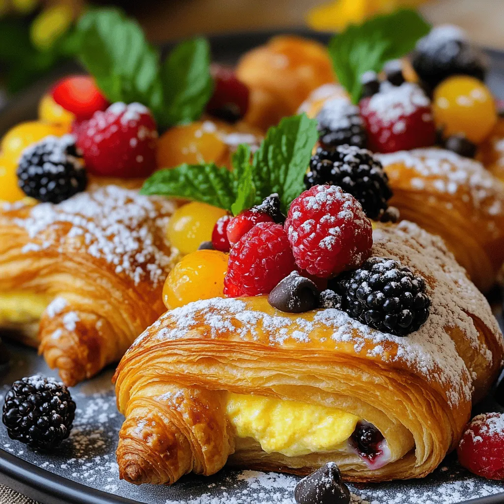 To make this tasty Overnight Croissant Breakfast, you need: - 4 large buttery croissants, sliced in half - 4 large eggs - 1 cup whole milk - 1/2 cup heavy cream - 1 teaspoon vanilla extract - 1/2 teaspoon cinnamon - 1/4 cup maple syrup (plus extra for serving) - 1 cup mixed berries (strawberries, blueberries, raspberries) - 1/2 cup chocolate chips (optional) - Powdered sugar for dusting - Fresh mint leaves for garnish