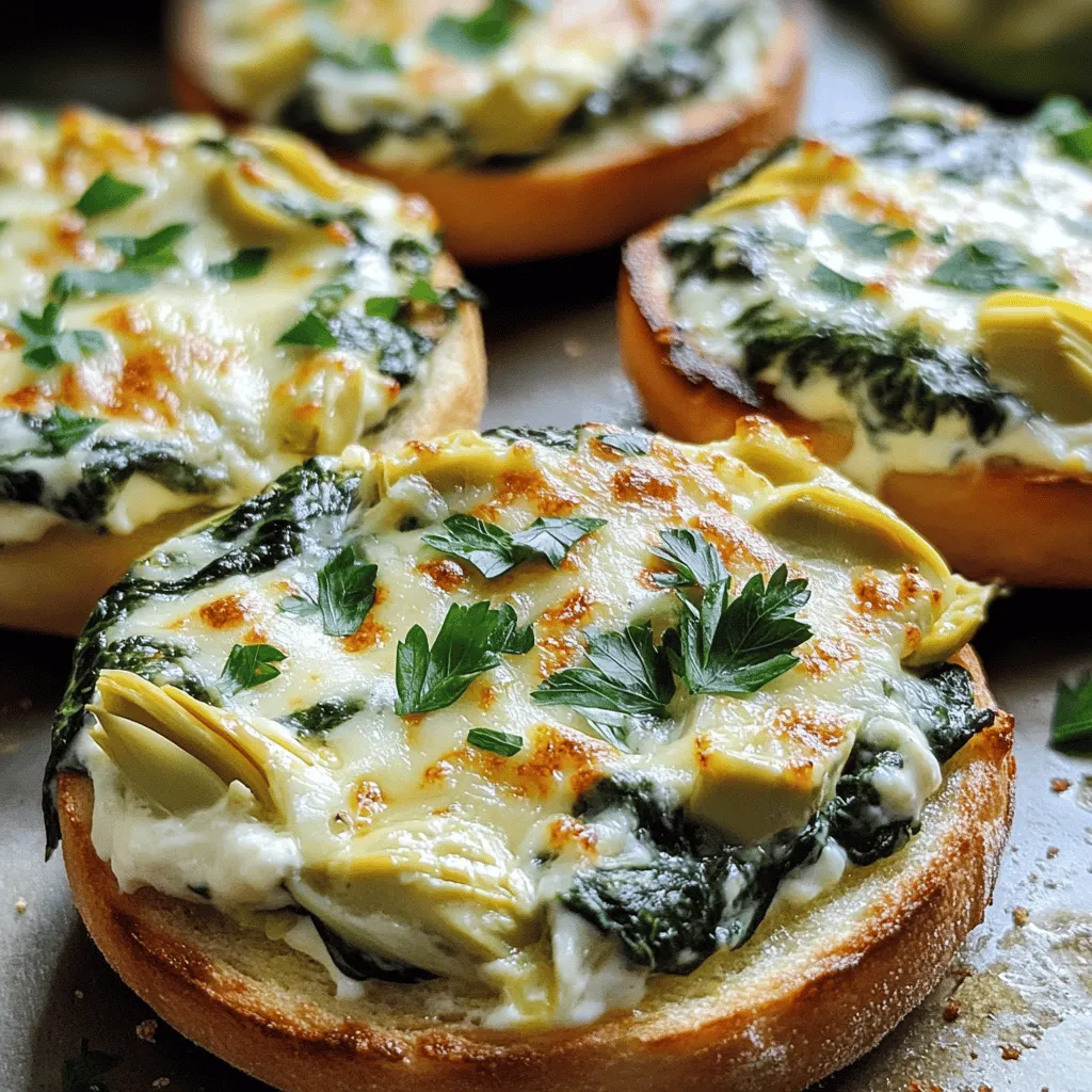 - 1 cup fresh spinach leaves, chopped - 1 cup canned artichoke hearts, drained and chopped - 1 cup cream cheese, softened - 1/2 cup sour cream - 1 cup shredded mozzarella cheese - 1/2 cup grated Parmesan cheese - 1 teaspoon garlic powder - 1/2 teaspoon onion powder - Salt and pepper to taste - Fresh parsley, for garnish Gather these ingredients to create a warm and cheesy delight. Spinach adds a fresh taste, while artichokes bring a unique flavor. Cream cheese makes the mix rich and creamy, perfect for spreading. Sour cream adds a tangy touch, and mozzarella gives that gooey melt. Parmesan adds depth and a bit of saltiness. For seasoning, garlic powder and onion powder enhance the taste without overpowering the dish. Fresh parsley not only adds color but also freshness. You can find the full recipe for Spinach and Artichoke Melts in the previous section. Enjoy cooking this delicious treat! 1. Preheat your oven to 375°F (190°C). This ensures even cooking. 2. Chop 1 cup of fresh spinach and 1 cup of canned artichoke hearts. Drain the artichokes well. 1. In a large bowl, combine the cream cheese, sour cream, mozzarella, Parmesan, and mayonnaise. 2. Add the chopped spinach and artichokes to the bowl. 3. Sprinkle in 1 teaspoon of garlic powder, 1/2 teaspoon of onion powder, and salt and pepper to taste. 4. Mix everything until it’s creamy and well blended. 1. Line a baking sheet with parchment paper. Place 4 English muffin halves cut-side up on the sheet. 2. Brush the tops lightly with olive oil for a crispy finish. 3. Spoon the spinach and artichoke mixture generously onto each muffin half. 4. Bake in the oven for 12-15 minutes. Look for a bubbly, golden top. 5. Once baked, let them cool slightly. Garnish with fresh parsley before serving. For the full recipe, you can refer to the earlier section. Enjoy these tasty melts! To make your Spinach and Artichoke Melts perfect, avoid common mistakes. First, ensure even baking. Arrange the muffin halves on a baking sheet with space between them. This helps heat circulate. Second, use fresh ingredients. Fresh spinach and artichokes provide better flavor. Canned artichokes work, but fresh can elevate your dish. Next, let’s enhance the flavor. I recommend using a mix of cheeses. Mozzarella gives creaminess, while Parmesan adds a nice bite. You can also try cheddar for a sharper taste. For extra flavor, add spices like cayenne pepper or paprika. They can bring a zing to your melts. For extra crispiness, broiling is a great technique. After baking, switch to broil for 1-2 minutes. Keep an eye on them to prevent burning. Alternatively, you can use an air fryer. It cooks quickly and gives a nice crunch. Both methods will make your melts even more delicious. Remember to check the [Full Recipe] for detailed steps. {{image_2}} You can switch up the cheeses in this recipe. Try using a blend of cheddar for a sharp taste. Gouda adds a nice smoky flavor, too. If you want more protein, add cooked chicken or turkey. This makes the melts heartier. You can also use canned tuna for a unique twist. Looking to spice things up? Add diced jalapeños or a pinch of cayenne pepper. This will give your melts a kick. Fresh herbs can also enhance the flavor. Try adding basil, thyme, or chives for a fresh touch. These small changes make a big difference in taste. Pair your melts with different dips. A creamy ranch or zesty marinara works well. You can also serve them with a side salad for a light meal. These melts cater to many dietary needs. Use gluten-free muffins or vegan cheese for a different crowd. The options are endless! To store your spinach and artichoke melts, let them cool first. Place the leftovers in a clean, airtight container. This keeps them fresh. You can use glass or plastic containers. They help prevent moisture buildup. Label the container with the date for easy tracking. You can freeze these melts for later. To do this, first, let them cool completely. Then, wrap each one in plastic wrap. Place them in a freezer-safe bag or container. This keeps them safe from freezer burn. When you're ready to eat, take one out. Thaw it overnight in the fridge. Reheat it in the oven at 350°F (175°C) until warm. Leftovers can last about 3 to 4 days in the fridge. After that, they may spoil. Look for signs like off smells or mold. If you see any, it’s best to throw them away. Always check your food before enjoying it again. You can use several options if you lack cream cheese. Here are some ideas: - Greek yogurt: It adds creaminess and tang. - Ricotta cheese: This gives a light texture and mild taste. - Cottage cheese: Blend it for a smoother consistency. - Silken tofu: This is great for a dairy-free option. Each alternative brings its own flavor and texture. Experiment to find what you enjoy most. Yes, you can prepare these melts ahead of time. Here’s how: - Make the mixture: Combine all ingredients and store in the fridge. - Prepare the muffins: Split and brush them with olive oil. - Assemble before baking: Spoon the mixture on muffins right before cooking. You can store the mixture for up to two days. This saves time and makes hosting easy. To add heat to your melts, try these tips: - Add crushed red pepper flakes: Mix them into the cheese blend. - Use pepper jack cheese: This cheese adds a creamy kick. - Include jalapeños: Chop them finely and mix into the filling. Adjust the spice level based on your taste. Enjoy the bold flavors! This blog post covers how to make delicious Spinach and Artichoke Melts. We talked about the key ingredients, from spinach to cream cheese. I gave you step-by-step directions to ensure your melts come out perfectly every time. You learned tips on avoiding mistakes and ways to enhance flavor. We also explored variations and how to store leftovers well. Creating these melts is easy and fun. You can customize them any way you like. Enjoy your tasty treats!