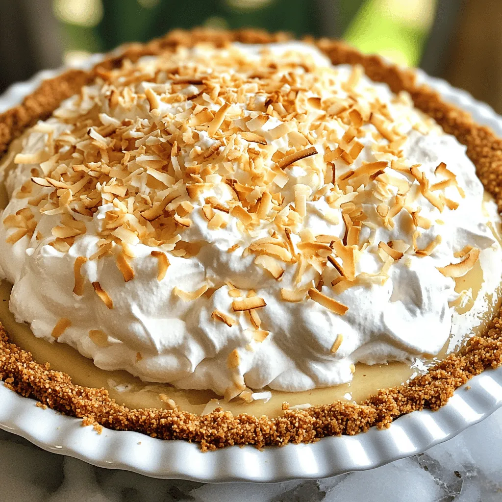 - 1 pre-made graham cracker pie crust - 1 cup coconut milk - 1 cup heavy cream - 1/2 cup granulated sugar - 1/4 cup cornstarch - 1 teaspoon vanilla extract - 1/2 teaspoon salt - 1 cup shredded unsweetened coconut - 3 large egg yolks - 1 tablespoon unsalted butter - Toasted coconut flakes for garnish - Whipped cream for topping (optional) Gathering the right ingredients is key to any recipe. For this coconut cream pie, I use a few simple items that are easy to find. The graham cracker pie crust gives a sweet crunch. Coconut milk and heavy cream bring a rich flavor. Granulated sugar adds sweetness, while cornstarch thickens the filling. Vanilla extract and salt enhance the taste. The shredded coconut gives it that tropical flair. Egg yolks help create a smooth filling, and unsalted butter adds richness. Finally, toasted coconut flakes make for a lovely garnish, and whipped cream adds a light touch, if you choose. I love how each ingredient plays a role in the final dish. They come together to create a pie that feels both special and comforting. You can find the full recipe linked above, guiding you through this tropical delight! - In a medium saucepan, combine the coconut milk, granulated sugar, cornstarch, salt, and egg yolks. - Whisk until smooth. This step is key for a nice texture. - Place the saucepan over medium heat. - Stir constantly until thickened. This should take about 8 to 10 minutes. You want it thick but not lumpy. - Remove from heat, add vanilla, butter, and shredded coconut. - Mix thoroughly. Make sure everything is well combined for the best flavor. Now, pour the coconut filling into the pre-made graham cracker crust. Smooth the top with a spatula so it looks nice. Cover it with plastic wrap to keep it fresh. Refrigerate for at least 4 hours or until set. This is where the magic happens! For the full recipe, check out the Tropical Coconut Dream Pie. Enjoy this quick and easy dessert that brings the taste of the tropics to your kitchen! To get the best texture for your coconut cream pie, stir the filling constantly. This step helps mix the ingredients evenly and prevents lumps. Keeping the heat on medium allows the mixture to thicken without burning. Cooling and setting properly is just as vital. Once you pour the mixture into your crust, smooth the top with a spatula. Cover the pie with plastic wrap to avoid a film forming on top. Chill it in the fridge for at least four hours. This waiting time is key for a creamy, smooth filling. Getting the right balance between coconut and cream is crucial. Use unsweetened coconut to avoid overpowering the pie’s flavor. The heavy cream gives a rich texture that blends well with the coconut. For serving styles, consider topping your pie with whipped cream. This adds a light, fluffy layer that complements the creamy filling. Sprinkling toasted coconut flakes on top offers a crunchy finish. You can also slice fresh fruit, like mango or kiwi, to serve beside each slice. It adds color and a fresh taste to each bite. {{image_2}} You can easily change the flavor of your coconut cream pie. Adding chocolate is a fun twist. Just mix in some cocoa powder with the filling. It gives a rich taste that many love. You can also try lime. A bit of lime juice and zest can brighten the flavor. Incorporating fruits like pineapple is another great idea. You can add crushed pineapple to the filling. It brings a tropical touch that pairs well with coconut. Need a gluten-free option? You can use a gluten-free pie crust instead of a graham cracker crust. Many stores sell these, or you can make one at home. If you want to make it vegan, there are simple swaps. Use coconut cream in place of heavy cream. You can also replace the egg yolks with a mixture of cornstarch and water. This will help thicken the filling just like eggs do. These variations and modifications make this pie fun and flexible for everyone! For the full recipe, check out the Tropical Coconut Dream Pie section. To keep your coconut cream pie fresh, cover it well. Use plastic wrap to seal the pie tightly. This helps prevent a skin from forming on the filling. Store it in the fridge. The pie tastes best when cold. You should eat the pie within 3 to 4 days. After this time, it may lose its creamy texture. The flavors might fade too. So, enjoy your pie soon! If you want to save some pie for later, you can freeze it. First, let the pie cool completely in the fridge. Once it's cold, wrap it carefully in plastic wrap. Then, place it in an airtight container. This helps avoid freezer burn. When you are ready to eat it, take the pie out of the freezer. Let it thaw in the fridge overnight. This slow thawing keeps the texture nice. You can also serve it cold or at room temperature. Enjoy your Tropical Coconut Dream Pie! For the full recipe, check out the earlier section. Coconut cream pie lasts about 3 to 4 days in the fridge. To keep it fresh, cover the pie with plastic wrap or foil. This helps avoid drying out. If you notice any changes in smell or texture, it’s best to toss it. Storing it correctly keeps the flavors intact. Yes, you can make coconut cream pie a day ahead. Prepare the filling and pour it into the crust. Chill it in the fridge for at least 4 hours. This allows it to set well. You can add whipped cream and toasted coconut right before serving. This keeps everything fresh and tasty. If your filling doesn’t thicken, check a few things. First, make sure you cooked it long enough. The mixture should bubble and thicken within 8 to 10 minutes. If it's still runny, you can try adding a bit more cornstarch. Mix it with a small amount of cold water first. Then, cook it again until it thickens. Patience is key, and always stir well! This coconut cream pie recipe is simple and satisfying. We covered ingredients, step-by-step instructions, and useful tips to make it perfect. Don't forget the fun variations and storage advice to keep your pie fresh. Remember, you can adjust flavors and modify for diets. With a little practice, you can create a delicious treat! Enjoy making this pie and sharing it with others. Your cooking skills will shine, and family and friends will love it. Dive in and make your own coconut cream pie today!