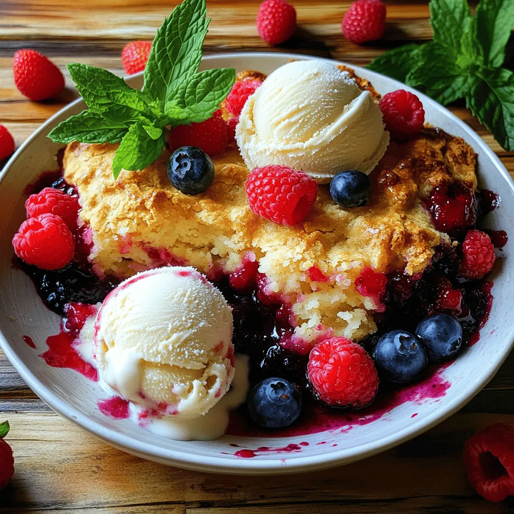 - 2 cups mixed berries (strawberries, blueberries, raspberries) - 1 cup granulated sugar, divided - 2 tablespoons cornstarch - 1 tablespoon lemon juice - 1 teaspoon vanilla extract - 1 cup all-purpose flour - 1 teaspoon baking powder - 1/2 teaspoon baking soda - 1/4 teaspoon salt - 1/2 cup unsalted butter, melted - 1/2 cup buttermilk - 1/2 teaspoon cinnamon (optional) When I make this berry cobbler, I love using fresh mixed berries. They add great flavor and color. You can choose strawberries, blueberries, and raspberries. You can also use frozen berries if fresh ones are not available. Just thaw them first. I divide the sugar into two parts. Half goes into the berry mix, and the other half is for the batter. This balance makes the cobbler sweet but not too sweet. Cornstarch helps thicken the berry filling. It gives the cobbler a nice texture. Lemon juice brings out the berry flavor. The vanilla extract adds a warm, sweet aroma. For the batter, I use all-purpose flour, baking powder, baking soda, and salt. The baking powder and soda help the batter rise. If you want to make a healthier choice, you can swap out all-purpose flour for almond flour or oat flour. I like to melt unsalted butter for the batter. It blends well and gives a rich taste. Buttermilk adds moisture and a slight tang. You can use regular milk if you don’t have buttermilk. Cinnamon is optional but adds a warm spice. It pairs well with the berries. - Fresh vs. frozen berries: You can use either, just thaw frozen ones. - Alternatives to all-purpose flour: Almond flour or oat flour work well. - Sugar substitutes for health-conscious options: Try honey or coconut sugar for a lighter option. For the full recipe, you can check out the detailed steps. Each ingredient plays a key role in making the cobbler delightful. Enjoy the process of making this sweet treat! 1. Preheat your oven to 350°F (175°C). This step warms up the oven, giving you a nice, even bake. 2. Grease a 9x9 inch baking dish with non-stick spray or butter. This helps the cobbler come out easily later. 3. In a medium bowl, mix the berries. Add 1/2 cup of sugar, cornstarch, lemon juice, and vanilla extract. Gently stir until the berries are coated. 4. Pour the berry mixture into the baking dish. Spread it evenly to ensure every bite is fruity and sweet. 1. In a separate bowl, whisk the dry ingredients. Combine flour, the remaining 1/2 cup sugar, baking powder, baking soda, salt, and cinnamon, if using. 2. Make a well in the dry mix. Pour in the melted butter and buttermilk. Stir until just combined. Keep the batter slightly lumpy for a great texture. 3. Spoon the batter over the berry mixture. Try to cover the berries but leave some peeking through. This adds to the cobbler's charm. 1. Bake in the oven for 35-40 minutes. Look for a golden brown top. Insert a toothpick into the center; it should come out clean. 2. Once baked, remove it from the oven. Let the cobbler cool for about 10 minutes before serving. This helps the juices settle and makes it easier to cut. 3. Serve warm. Top with a scoop of vanilla ice cream or a dollop of whipped cream. Garnish with fresh berries and mint leaves for a pretty touch. For the complete recipe, you can check out the [Full Recipe]. Enjoy this berry cobbler delight! How to select the best berries Choose ripe and fresh berries for the best taste. Look for berries that are firm and colorful. Avoid any with bruises or soft spots. If you use frozen berries, let them thaw and drain excess liquid. This helps keep the cobbler from being too watery. Tips for achieving the perfect topping texture For a great topping, mix the batter gently. Over-mixing makes it tough. Aim for a lumpy batter; it helps create a light texture. Spoon the batter over the berries without completely covering them. This lets some berries peek through, making it look beautiful when baked. Pairing with ice cream or whipped cream Berry cobbler shines when served warm. Add a scoop of vanilla ice cream on top. The cold ice cream melts into the warm cobbler, creating a lovely mix. You can also use whipped cream for a lighter option. Both choices bring a creamy balance to the sweet and tart berries. Presentation ideas for a stunning dessert To make your cobbler look extra special, garnish it. Add fresh berries and mint leaves on top. Serve it in individual bowls for a nice touch. Dust with powdered sugar for an elegant finish. This not only looks great but also makes it feel like a special treat. For the full recipe, check out the Berry Bliss Cobbler. {{image_2}} You can make your berry cobbler even better with some fun flavors. Adding a pinch of nutmeg brings warmth. It spices up the sweet berries. Almond extract gives a lovely nutty taste. Use just a small amount to avoid overpowering the dish. Mixing different berries also adds variety. You can use strawberries, blueberries, and raspberries together. Each berry offers a unique taste and texture. Try blackberries or cherries for a twist. You can even combine them based on what you have at home. This makes your cobbler a fun surprise every time! If you need a gluten-free cobbler, you can swap the all-purpose flour. Use almond flour or a gluten-free blend instead. Just ensure it has a good rise. You might need to add an extra teaspoon of baking powder to help it rise. For a vegan version, replace the butter with coconut oil or vegan butter. Instead of buttermilk, mix plant-based milk with a splash of lemon juice. This gives you the right texture and taste. You can enjoy a warm berry cobbler that fits your diet! Check out the Full Recipe for more details on making this tasty dessert. To keep your berry cobbler fresh, follow these simple steps: - Cool Down: Let the cobbler cool completely at room temperature. - Cover: Use plastic wrap or aluminum foil to cover the dish. - Refrigerate: Store it in the fridge for up to 3 days. For longer storage, transfer it to an airtight container. This way, it can last for up to a month in the freezer. Just remember to label it with the date! Reheating your cobbler is easy, and it helps maintain its texture. Here’s how: - Oven Method: Preheat your oven to 350°F (175°C). Place the cobbler in the oven for about 15-20 minutes until warmed through. - Microwave Method: If you're in a hurry, microwave a slice on medium power for 30-45 seconds. After reheating, serve it warm. Add a scoop of ice cream or whipped cream on top for extra yum! Can I use frozen berries for this recipe? Yes, you can use frozen berries. Just toss them in a bit of sugar and let them thaw. This helps the berries release their juices. They will taste great in your cobbler! How do I know when the cobbler is done baking? Check the top for a golden brown color. Insert a toothpick in the middle. If it comes out clean, your cobbler is ready. The edges should be bubbly too. Can I make berry cobbler ahead of time? Absolutely! You can prepare the berry mix and batter. Store them separately in the fridge. Bake them when you are ready to serve. What to do if the topping is too soggy? If the topping is soggy, it may need more flour. You can also bake it longer. If it still seems wet, let it cool for a few minutes. This can help it firm up. How to fix a burnt top? If the top burns, cover it with foil during baking. This will protect it while the inside cooks. For a burnt cobbler, serve with ice cream to mask the taste. You now have a clear recipe for berry cobbler. We covered ingredients, steps, and tasty variations. Remember, choosing ripe berries makes a huge difference in flavor. Don’t be afraid to try new spices or substitutes. This dish is easy to store and reheat, ensuring you enjoy it later. Use these tips to impress your family and friends. With practice, you’ll create a dessert everyone loves. Dive in and make your berry cobbler today! It’s a sweet treat worth sharing.