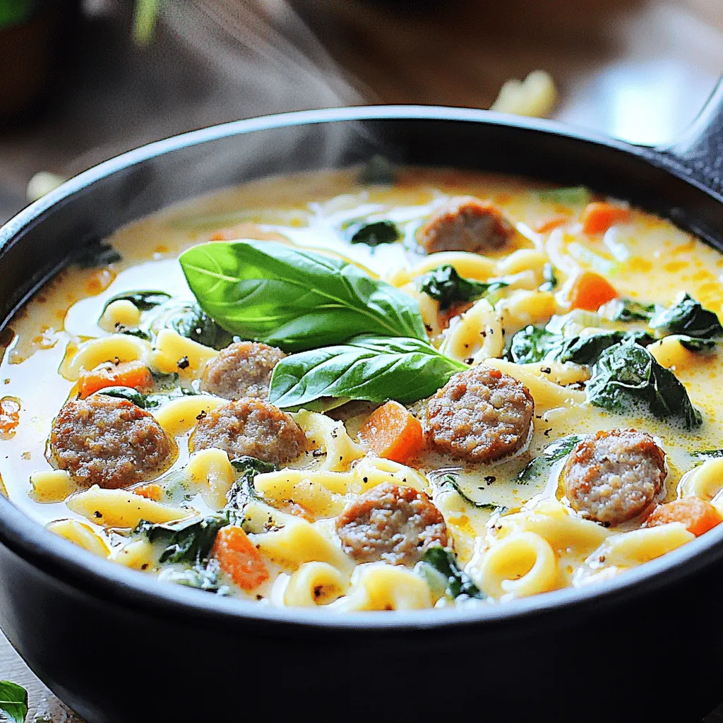 - 1 pound Italian sausage, casings removed - 1 medium onion, diced - 3 cloves garlic, minced - 3 carrots, diced - 2 celery stalks, diced - 1 can (14.5 oz) diced tomatoes, undrained - 4 cups chicken broth - 1 cup ditalini pasta - 1 cup heavy cream - 1 cup grated Parmesan cheese - 2 cups fresh spinach In this soup, Italian sausage gives a rich flavor. I love using fresh vegetables for taste and texture. The diced tomatoes add a hint of sweetness. The ditalini pasta makes the soup hearty. Cream and Parmesan cheese create that creamy finish that everyone loves. - 1 teaspoon Italian seasoning - Salt and pepper to taste - 2 tablespoons olive oil - Fresh basil, for garnish Seasonings enhance the soup’s flavor. Italian seasoning mixes well with the sausage. I always add salt and pepper to taste. Olive oil helps cook the veggies and sausage. Fresh basil adds a nice touch when serving. If you want, you can try other herbs too. For the full recipe, check the [Full Recipe]. Start by getting all your ingredients ready. Chop the onion, carrots, and celery into small pieces. Dice them so they cook evenly. Mince the garlic cloves. This adds great flavor to the soup. Next, heat olive oil in a large pot on medium heat. Once the oil is hot, add the chopped onion, carrots, and celery. Cook these veggies for about 5-7 minutes. You want them soft and fragrant. When the vegetables are ready, stir in the minced garlic. Cook it for another 1-2 minutes. You will smell a wonderful aroma! Now, it’s time for the star of the dish: the Italian sausage. Add it to the pot. Use a spoon to break it into smaller pieces. Brown the sausage for about 5-6 minutes. Ensure it gets fully cooked and starts to brown. Once the sausage is browned, add the diced tomatoes and chicken broth to the pot. Sprinkle in the Italian seasoning. Bring this mixture to a simmer. Let it cook for 10 minutes so the flavors blend well. After simmering, add the ditalini pasta to the pot. Cook according to package instructions. This usually takes 8-10 minutes. Stir occasionally to keep the pasta from sticking. Lower the heat after the pasta is al dente. Now, it’s time to make it creamy! Stir in the heavy cream and grated Parmesan cheese. Mix until the cheese melts and the soup becomes rich and creamy. Finally, fold in the fresh spinach. Cook for 2-3 minutes until the spinach wilts. Taste the soup and adjust seasoning with salt and pepper if needed. Enjoy your Creamy Parmesan Italian Sausage Ditalini Soup! For the full recipe, check out the details above. To make your soup super creamy, use heavy cream. It gives the best texture. Half-and-half works too, but it’s not as rich. When you add the cream, turn the heat down. This step stops the cream from curdling. Mixing in the grated Parmesan cheese helps too. It melts and blends well, adding flavor. Cooking techniques matter for flavor. Sauté the onion, garlic, carrots, and celery until soft. This step builds a strong base for your soup. Let the Italian sausage brown well. The caramelization adds depth. Simmer the soup long enough to let all the flavors mix together. Pair this soup with crusty bread or a fresh salad. A simple green salad adds a nice crunch. Garlic bread works great too. It's perfect for dipping! For a nice presentation, use deep bowls. Ladle the soup in and add fresh basil on top. A sprinkle of extra Parmesan cheese can also impress. This makes your dish look and taste gourmet. {{image_2}} Alternative proteins If you want a different flavor, use ground turkey or chicken. They are leaner and still tasty. You can even try plant-based sausage for a meat-free option. Just make sure it’s well-seasoned. Vegetable variations Feel free to mix in your favorite vegetables. Zucchini, bell peppers, or mushrooms work well. You can also add frozen peas or corn for some sweetness. Each choice will change the soup's flavor and texture. Gluten-free options If you need a gluten-free version, swap out ditalini pasta for gluten-free pasta. There are many brands that taste great. Always check labels to ensure they meet your needs. Dairy-free adaptations To make this soup dairy-free, use coconut milk instead of heavy cream. You can skip the Parmesan or use a dairy-free cheese. This will keep the soup creamy while meeting your dietary needs. To keep your creamy Parmesan Italian sausage ditalini soup fresh, use airtight containers. Glass containers work great. They keep the soup safe and let you see what’s inside. You can also use plastic ones, but make sure they seal well. Store the soup in your fridge. It stays good for about three to four days. Make sure it cools down before you put it in the fridge. This helps keep it safe to eat later. When you want to enjoy your soup again, reheat it on the stove. Pour it into a pot and warm it over medium heat. Stir often to prevent it from sticking. You can also use a microwave. Just heat it in short bursts, stirring in between. If you have extra soup, freeze it for later. Let it cool completely first. Then, put it in freezer-safe containers, leaving some space at the top. The soup will keep well in the freezer for up to three months. When you're ready to eat it, thaw it overnight in the fridge before reheating. For the full recipe, check out the details earlier in the article. You can prepare this soup ahead of time. First, cook the soup as directed, but stop just before adding the cream and cheese. Let it cool down. - Storage recommendations: Store it in an airtight container in the fridge for up to three days. When ready to serve, reheat it gently. Then, stir in the cream and cheese for that creamy finish. Absolutely! Adding more veggies boosts flavor and nutrition. - Suggestions for additional vegetables: Consider adding zucchini, bell peppers, or green beans. You could also throw in some corn or peas for a sweet touch. If you don’t have ditalini, don’t worry! There are great substitutes. - Alternative pasta options: You can use small shells, elbow macaroni, or orzo. These can mimic the ditalini shape and texture well. - Non-pasta alternatives: If you want to skip pasta, try adding cooked rice or quinoa. Cauliflower rice is also a good choice for a low-carb option. Thickening the soup can change its texture and feel. Here are some easy techniques. - Techniques for a thicker consistency: You can mash some of the cooked veggies. Another option is to stir in a slurry made from cornstarch and water. Just mix equal parts, add it to the soup, and simmer until it thickens. This blog post covered how to make a delicious soup using simple ingredients. You learned about the main components like Italian sausage, vegetables, and dairy. We discussed cooking methods, flavorful seasonings, and expert tips for creaminess. You also discovered variations for different diets and how to store leftovers. In summary, soup is versatile and fun to make. With the right ingredients and methods, you can create a tasty dish your family will love. Enjoy trying out your own variations!