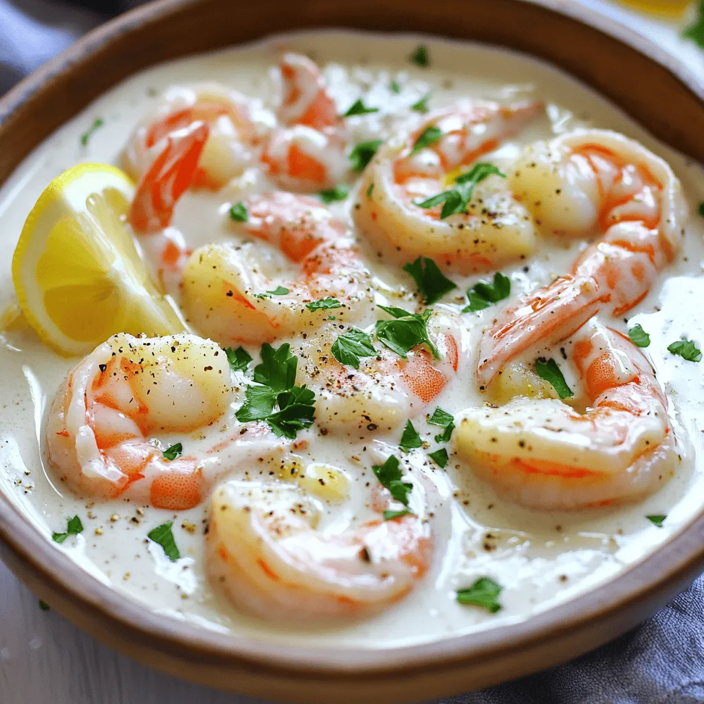 - 1 lb large shrimp, peeled and deveined - 4 tablespoons unsalted butter - 4 garlic cloves, minced - 1 cup heavy cream - 1/2 cup chicken broth - 1 teaspoon lemon zest - 2 tablespoons lemon juice - Salt and pepper to taste - 1/4 cup fresh parsley, chopped - 1/2 teaspoon red pepper flakes - Cooked pasta or rice for serving I love using fresh, high-quality ingredients for my creamy garlic butter shrimp. The shrimp are the star of this dish. I always choose large shrimp, as they become juicy and tender when cooked. Butter adds richness and flavor. Garlic brings a warm, savory punch. Heavy cream creates that dreamy, creamy sauce. The chicken broth adds depth and helps balance the cream. Lemon zest and juice brighten the dish, making it vibrant. Salt and pepper enhance all the flavors, making each bite delightful. I often add fresh parsley for color and freshness. If you want some heat, sprinkle in red pepper flakes. Serve this dish over pasta or rice. It makes every meal feel special. For the full recipe, check out the listed ingredients above. Enjoy cooking! - First, melt 2 tablespoons of butter in a large skillet over medium heat. - Add 1 pound of large shrimp, peeled and deveined. - Season the shrimp with salt and pepper. - Cook the shrimp for 2-3 minutes on each side. - Look for the shrimp to turn pink and opaque. - Once done, remove the shrimp from the skillet and set them aside. - In the same skillet, add the remaining 2 tablespoons of butter. - Let it melt completely, then add 4 minced garlic cloves. - Cook the garlic for about 1 minute until it smells great. - Be careful! Don’t let the garlic burn, or it will taste bitter. - Pour in 1/2 cup of chicken broth and let it simmer for 2-3 minutes. - Next, add 1 cup of heavy cream, 1 teaspoon of lemon zest, and 2 tablespoons of lemon juice. - Stir well to combine everything and let it simmer for about 5 minutes. - This helps the sauce thicken slightly. - Now, return the cooked shrimp to the skillet. - Stir to coat the shrimp with the creamy sauce. - Cook for another 2 minutes to heat everything through. - Taste the sauce and add more salt, pepper, or red pepper flakes if you like it spicy. For the full recipe, check the recipe section above. To cook shrimp perfectly, focus on timing. Shrimp cook fast. Sauté for 2-3 minutes on each side. They should turn pink and opaque. Overcooked shrimp can be tough. Always remove them from the pan as soon as they are done. For sauce thickness, let it simmer. If it’s too thin, cook it longer. If it’s too thick, add a splash of chicken broth or cream. Stir well to blend. Adding spices can boost flavor. Try a pinch of cayenne for heat. Fresh herbs like basil or thyme add depth. You can also mix in lemon zest for brightness. For garnishes, fresh parsley works well. Sprinkle it on top before serving. A lemon wedge adds a nice touch. It looks good and gives a fresh burst of flavor. Creamy garlic butter shrimp pairs best with pasta or rice. They soak up the sauce nicely. Serve it in shallow bowls for a nice presentation. For plating, add a sprinkle of parsley and a lemon wedge. Drizzle olive oil on top for shine. This makes the dish look gourmet and inviting. Enjoy this beautiful meal with loved ones. For the full recipe, check out the details above. {{image_2}} You can easily swap out shrimp for chicken or scallops. Both proteins work well in this creamy garlic butter dish. Make sure to adjust cooking times. Chicken needs a bit longer to cook, while scallops cook quickly. If you want a lighter meal, try using dairy-free cream. Options like coconut cream or cashew cream can give you a similar texture. They also add a new flavor twist that is delicious. For a spicy kick, add red pepper flakes or chopped jalapeños. This will give the dish a nice heat. If you prefer a fresh taste, consider adding herbs like basil or thyme. Fresh herbs can brighten up the creamy sauce and make it special. Serving the shrimp over zoodles or cauliflower rice makes a great low-carb option. It keeps the meal light and healthy. You can also pair this dish with different sauces. A squeeze of fresh lemon or a drizzle of pesto can enhance the flavor even more. For the full recipe, check out the [Full Recipe]. Store your creamy garlic butter shrimp in an airtight container. This keeps it fresh and safe to eat. It lasts in the fridge for up to three days. When you are ready to eat, check for any off smells or changes in texture. If you want to save some for later, freezing is a great option. First, let the shrimp cool completely. Then, place it in a freezer-safe container or bag. Remove as much air as possible. It can stay good in the freezer for up to three months. To thaw, move it to the fridge overnight. Reheat your shrimp in a skillet over low heat. This helps prevent overcooking. Stir gently until it’s warmed through. To revive the sauce, add a splash of chicken broth or cream while heating. This keeps the sauce creamy and delicious. Enjoy your meal again! Yes, you can use frozen shrimp. Just thaw them before cooking. Recommended thawing methods for frozen shrimp: - Place shrimp in the fridge overnight. - Submerge shrimp in cold water for about 15-20 minutes. - Microwave on defrost setting for a few minutes. You can still make a tasty sauce without heavy cream. Alternatives to heavy cream in the sauce: - Use half-and-half for a lighter option. - Try coconut milk for a dairy-free twist. - Mix milk with a bit of flour for thickness. Making this dish dairy-free is easy and still delicious. Ingredients and adjustments for a dairy-free version: - Use dairy-free butter instead of regular butter. - Swap heavy cream for coconut milk or cashew cream. - Skip the butter on top and use olive oil. Pairing the right sides can enhance your meal even more. Suggestions for complementary sides to enhance the meal: - Serve with cooked pasta or rice for a hearty meal. - Add a fresh salad for crunch and brightness. - Roasted vegetables can add color and nutrition. For the full recipe, check out [Full Recipe]. In this article, we covered the essential ingredients for creamy garlic butter shrimp, from shrimp to seasonings. I shared step-by-step instructions to ensure perfect cooking and robust flavors. Tips and variations helped offer choices based on your preferences. Whether you serve it with pasta or try a dairy-free twist, this dish is sure to impress. Remember to store leftovers properly for future meals. Enjoy creating this easy, delicious recipe and impress your family and friends!