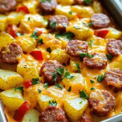 To make this easy dish, you will need: - 1 pound smoked sausage, sliced - 4 medium-sized russet potatoes, cubed - 1 red bell pepper, diced - 1 large onion, chopped - 3 cloves garlic, minced - 2 tablespoons olive oil - 1 teaspoon smoked paprika - 1 teaspoon dried thyme - Salt and pepper to taste - 1 cup shredded cheddar cheese - Chopped fresh parsley for garnish