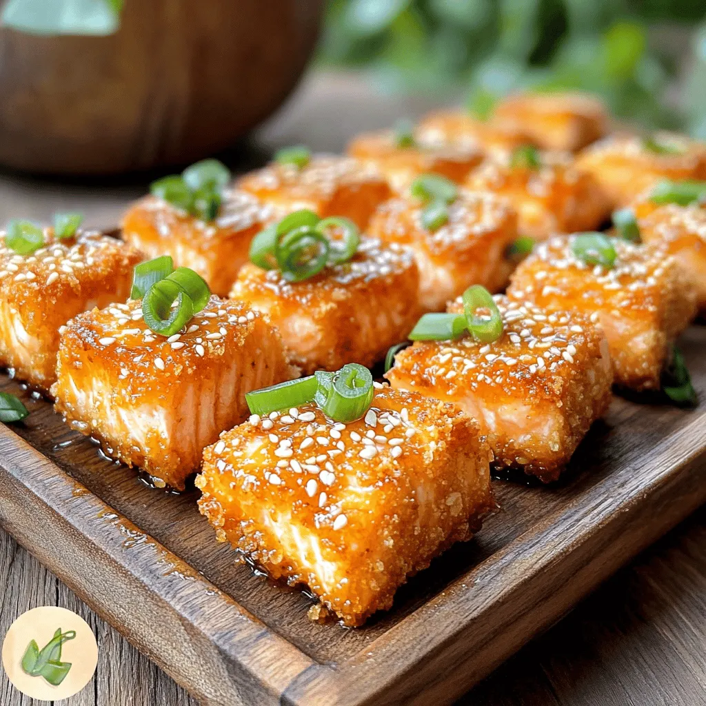 For the crispy honey garlic salmon bites, you need: - 1 lb salmon fillet, skinless and boneless - 1/2 cup cornstarch - 1/4 cup all-purpose flour - Honey - Soy sauce - Garlic - Ginger These ingredients create a delightful mix of flavors. The salmon is the star, while the cornstarch and flour give you that perfect crunch. The honey and soy sauce add sweetness and depth. To enhance the taste, include: - 1 teaspoon garlic powder - 1 teaspoon smoked paprika - Salt and pepper to taste - Green onions for garnish The garlic powder and smoked paprika give a nice kick. Salt and pepper balance the flavors. Green onions add color and freshness when you serve the dish. For frying, I recommend using vegetable oil. It has a high smoke point, which helps achieve that crispy texture. You can choose canola, peanut, or sunflower oil. These oils work well and bring out the best in your salmon bites. For the full recipe, check the detailed instructions. To start, pat the salmon dry with paper towels. This step helps the salmon get crispy. Next, cut the salmon into bite-sized cubes. Aim for pieces that are about one inch. This size ensures even cooking. In a shallow bowl, mix the cornstarch, flour, garlic powder, smoked paprika, salt, and pepper. This coating gives the salmon bites a great crunch. Dredge each salmon cube in the flour mixture. Make sure to shake off any extra flour. A light coat works best for crispiness. Now, it’s time to fry the salmon. Heat about half an inch of vegetable oil in a large skillet. Set the heat to medium-high. The oil should shimmer, indicating it’s ready. Carefully add the coated salmon cubes. Avoid overcrowding the pan to keep the heat steady. Fry for about 2-3 minutes on each side. Look for a golden brown color to know they are done. Use a slotted spoon to transfer the salmon to a paper towel-lined plate. This step removes excess oil. In a small saucepan, combine the honey, soy sauce, minced garlic, and grated ginger. Cook this mixture over medium heat. Stir it well and bring it to a simmer. Allow it to cook for about 2-3 minutes. You want the sauce to thicken slightly. Once the sauce is ready, gently toss the crispy salmon bites in it. Make sure each piece gets a good coating. This step adds a wonderful flavor to the bites. For a complete guide, check the Full Recipe. To get that perfect crispy texture, start with dry salmon. Pat the salmon cubes with paper towels. This helps remove excess moisture. Moisture can ruin the crispiness. Next, coat the salmon well. Use the cornstarch and flour mixture. Shake off any extra coating. This ensures an even crisp. When frying, keep the oil hot. Heat about 1/2 inch of vegetable oil in your pan. The right oil temperature is key. A shimmering surface shows the oil is ready. Avoid overcrowding the pan. Fry in batches if needed. This helps each piece cook evenly and get crispy. You can add more flavor to your salmon bites. Use extra seasonings like chili flakes or lemon zest. These add a kick to your dish. You can also marinate the salmon. A simple mix of soy sauce and ginger works great. When choosing ingredients, fresh is best. Fresh garlic and ginger add more flavor than dried. However, dried herbs can be a good backup. They still provide taste but may not be as strong. Presentation makes a difference. Serve the salmon bites on a wooden board or a white plate. This adds contrast and looks appealing. Drizzle some extra honey garlic sauce on top. A sprinkle of sesame seeds gives a nice touch. For sides, consider rice or steamed veggies. They complement the sweet and savory flavors well. Pair your dish with a light drink, like iced tea or a refreshing soda. This balance enhances the meal experience. For the full recipe, check out the complete guide to Crispy Honey Garlic Salmon Bites! {{image_2}} You can switch the salmon for other proteins. Try using white fish like cod or tilapia. Tofu is also a great option for a plant-based dish. When you use different proteins, cooking times change. Fish usually cooks fast, around 2-3 minutes per side. Tofu needs a bit longer, about 4-5 minutes per side, to get crispy. Adjust your cooking time based on what you choose. Want to spice things up? Add chili flakes to the honey garlic sauce for a kick. The heat balances well with the sweet honey. For a sweet and sour twist, mix in some pineapple juice. This adds a fruity flavor that brightens the dish. Experimenting with these flavors keeps your meal exciting. If you need gluten-free options, replace all-purpose flour with rice flour or almond flour. These keep the crispiness while being gluten-free. For low-sodium needs, use low-sodium soy sauce. You can also add less honey to cut sugar. These adjustments let everyone enjoy the dish without worry. For the full recipe, check out the [Full Recipe] link! To keep your crispy honey garlic salmon bites fresh, store them properly. First, let them cool completely. This prevents moisture buildup. Then, place them in an airtight container. Make sure to use a container that fits snugly. This will keep them crispy longer. Line the container with paper towels to absorb excess moisture. You can keep these bites in the fridge for up to three days. For the best texture when reheating, use an oven or an air fryer. Preheat your oven to 350°F. Place the salmon bites on a baking sheet. Heat them for about 10 minutes until they are warm and crispy again. Avoid using a microwave, as it can make them soggy. When reheating seafood, always check that it reaches an internal temperature of 145°F to ensure safety. You can freeze these salmon bites both before and after cooking. If you freeze them raw, coat them in the flour mixture. Then, place them on a baking sheet to freeze them individually. Once frozen, transfer them to a freezer bag. For pre-cooked bites, let them cool, then store them in a freezer-safe container. When you're ready to eat, thaw them in the fridge overnight. Cook them in the oven or air fryer to regain their crispiness. To make sure your salmon bites are crispy, start by drying the salmon well. Use paper towels to remove any moisture. This step helps the coating stick and stay crispy. Next, use a mix of cornstarch and flour. This combo creates a light and crunchy crust. When coating the salmon, dredge each piece evenly. Shake off the excess mixture, as too much will make them soggy. Heat the oil until it shimmers. This means it's hot enough for frying. Fry the salmon in small batches. Crowding the pan lowers the oil's temperature. This can lead to less crispy bites. Cook each side for 2-3 minutes until golden brown. Yes, you can use frozen salmon, but you need to thaw it first. The best way to do this is to place the salmon in the fridge overnight. If you're short on time, you can run it under cold water. Make sure it is fully thawed before cooking. Once thawed, pat the salmon dry again. This is key to achieving that desired crispiness. If the salmon is wet, it won't fry well. Follow the same coating and frying instructions as with fresh salmon. Crispy honey garlic salmon bites pair well with many sides. Some popular options include: - Steamed rice or quinoa for a filling base - Fresh green salad with a light dressing for crunch - Roasted vegetables, like broccoli or asparagus, for a healthy touch - Sweet potato fries for a fun twist These sides create a balanced meal and complement the flavors of the salmon. Feel free to mix and match according to your taste! For the full recipe, check out the details provided above. You now have all the tools to create delicious crispy honey garlic salmon bites. We covered the key ingredients, step-by-step cooking methods, and essential tips to achieve the perfect crunch. Don't forget to explore different proteins and flavors to personalize the dish. Proper storage can help keep leftovers tasty for your next meal. Enjoy experimenting with this recipe and impressing your family and friends. Happy cooking!