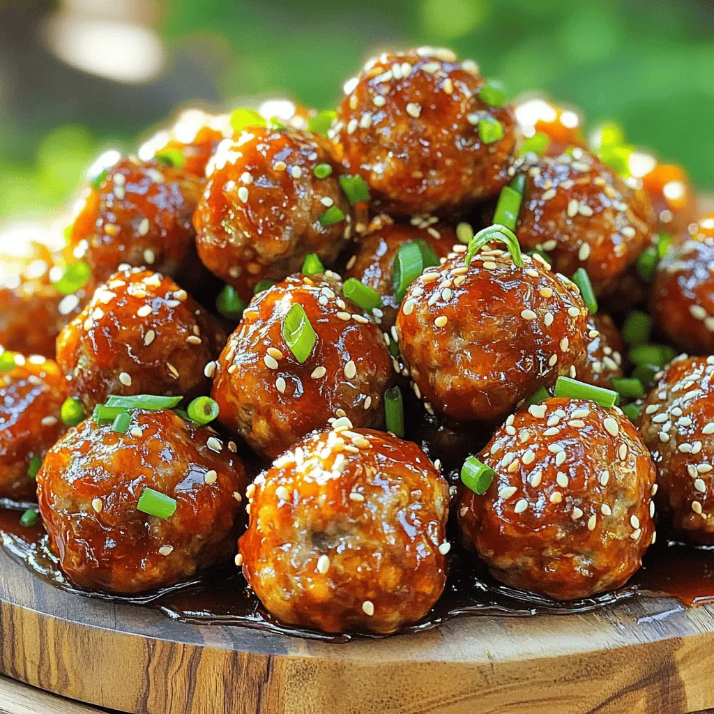 To make Honey Sriracha Meatballs, gather these simple items: - 1 pound ground beef (or turkey for a lighter option) - 1/2 cup breadcrumbs - 1/4 cup grated Parmesan cheese - 1/4 cup chopped green onions (plus more for garnish) - 1 large egg - 2 cloves garlic, minced - 1 teaspoon ginger, minced - Salt and pepper to taste - 1/4 cup honey - 1/4 cup Sriracha sauce - 1 tablespoon soy sauce If you need to swap some ingredients, here are a few ideas: - Ground turkey can replace ground beef for a leaner dish. - Panko breadcrumbs can give extra crunch instead of regular breadcrumbs. - Use nutritional yeast instead of Parmesan for a dairy-free option. - Maple syrup works well in place of honey for a vegan choice. Choosing the best ingredients is key to great meatballs. Here are my tips: - Look for bright red meat with no brown spots. - Choose whole garlic cloves instead of pre-minced for stronger flavor. - Fresh ginger should feel firm, not soft or wrinkled. - Pick green onions with crisp, green tops for the best taste. For the full recipe, refer to the section below. 1. Preheat your oven to 400°F (200°C). Line a baking sheet with parchment paper. 2. In a large bowl, mix together the ground meat, breadcrumbs, Parmesan cheese, chopped green onions, egg, minced garlic, minced ginger, salt, and pepper. Use your hands to combine well, but don’t overmix. 3. Shape the mixture into 1-inch meatballs. Place them on the baking sheet, leaving space between each one. 1. Place the baking sheet in your preheated oven. 2. Bake the meatballs for 18-20 minutes. They should turn golden brown and be cooked through. 1. When the meatballs are done, take them out of the oven. 2. In a large skillet, mix the baked meatballs with the honey Sriracha sauce. Toss gently to coat each meatball. 3. Cook for an additional 2-3 minutes over medium heat until the sauce warms up. 4. Serve the coated meatballs on a platter. Garnish with extra green onions for a fresh touch. For the full recipe, check out the earlier section! When making Honey Sriracha meatballs, there are a few mistakes to watch for. First, don’t overmix the meat. This can lead to tough meatballs. Second, avoid making them too big. Keep meatballs around 1 inch. This size cooks evenly. Lastly, don’t skip the baking step. Baking helps them hold their shape. To get the right texture, use a mix of meat and breadcrumbs. The breadcrumbs help bind the meat. Don’t forget the egg; it adds moisture. If your mixture feels too wet, add a bit more breadcrumbs. Keep your hands damp when shaping the meatballs. This helps prevent sticking and keeps them smooth. For extra flavor, add spices like garlic powder or onion powder. You can also mix in herbs like cilantro or parsley. Serve these meatballs with rice for a filling meal. Lettuce wraps are great if you want something lighter. Drizzle more honey Sriracha sauce on top for a kick. For a side, try steamed veggies or a fresh salad. These choices complement the sweet and spicy flavors well. For the full recipe, check the detailed cooking steps above. {{image_2}} You can use different meats for these meatballs. Ground turkey gives a lighter taste. Ground chicken is lean and works well, too. If you want a richer flavor, use ground pork. Each option offers a new twist on the dish. For a vegetarian version, use lentils or chickpeas. You can mash them and mix with breadcrumbs. If you want to go vegan, use a flaxseed egg instead of the regular egg. It binds the mixture well. You can also use tofu for a protein boost. Adjust the heat by adding more Sriracha or red pepper flakes. If you like it sweeter, add extra honey. You can even mix in some pineapple juice for a fruity kick. These small changes let you customize the flavor to fit your taste. For the full recipe, check out the complete cooking guide. To keep your Honey Sriracha Meatballs fresh, let them cool first. Place them in an airtight container. This helps prevent drying out. You can store them in the fridge for up to three days. If you want to keep them longer, consider freezing. Reheating meatballs is simple. You can use the microwave or the oven. If using a microwave, place meatballs in a dish and cover with a damp paper towel. Heat for 1-2 minutes, checking often. For oven reheating, preheat to 350°F (175°C). Place meatballs on a baking sheet and heat for about 10-15 minutes. Freezing meatballs is a great option for meal prep. After they cool, place them in a freezer-safe bag. Remove as much air as possible to prevent freezer burn. They can last up to three months in the freezer. When you're ready to eat, thaw overnight in the fridge before reheating. For best results, refer to the Full Recipe for specific details on cooking times and techniques. Honey Sriracha meatballs last about three to four days in the fridge. Store them in a sealed container. This keeps the meatballs fresh and flavorful. If you notice any off smells or changes in texture, it's best to discard them. Yes, you can make Honey Sriracha meatballs in advance. Prepare them a day ahead and store them in the fridge. You can also freeze them for up to three months. Just remember to thaw them before cooking. This allows for easy meal prep and saves time on busy days. You can serve Honey Sriracha meatballs with various sides. Here are some tasty options: - Steamed rice - Noodles - Lettuce wraps - Roasted vegetables - A fresh salad Pairing these sides enhances the meal's taste and texture. Enjoy experimenting with different combinations! For the full recipe, check the earlier section. Honey Sriracha meatballs are a fun mix of sweet and spicy. They have a crunchy outside and a tender inside. You can make them with ground beef or turkey. The honey adds a nice sweetness, while the Sriracha gives a spicy kick. Kids and adults enjoy these meatballs alike. This dish is great for parties or family dinners. The recipe is easy to follow, making it perfect for any cook. It takes about 35 minutes from start to finish. 1. Prep: Gather your ingredients and preheat your oven to 400°F (200°C). This takes about 10 minutes. 2. Mix: Combine the meatball ingredients in a bowl. This should take about 5 minutes. 3. Shape: Form the mixture into meatballs. This will take around 10 minutes. 4. Bake: Cook the meatballs for 18-20 minutes until they are brown. 5. Coat: Mix the cooked meatballs with the honey Sriracha sauce for 2-3 minutes. 6. Serve: Garnish and serve the meatballs. This takes about 2 minutes. Each serving of honey Sriracha meatballs has: - Calories: 300 - Protein: 20g - Fat: 15g - Carbohydrates: 25g - Fiber: 1g - Sugar: 8g This dish is tasty and fits well into a balanced meal. You can enjoy it with rice or veggies for added nutrients. Check out the full recipe for all the steps! In this blog post, we covered how to make Honey Sriracha Meatballs. You learned about the ingredients needed and how to select fresh ones. I shared easy steps for preparation and baking. I also included tips to ensure the best texture and flavor. You found options for variations and storage tips, along with answers to common questions. Making delicious Honey Sriracha Meatballs is simple. With practice, you will master this great dish. Enjoy the flavors and have fun cooking!