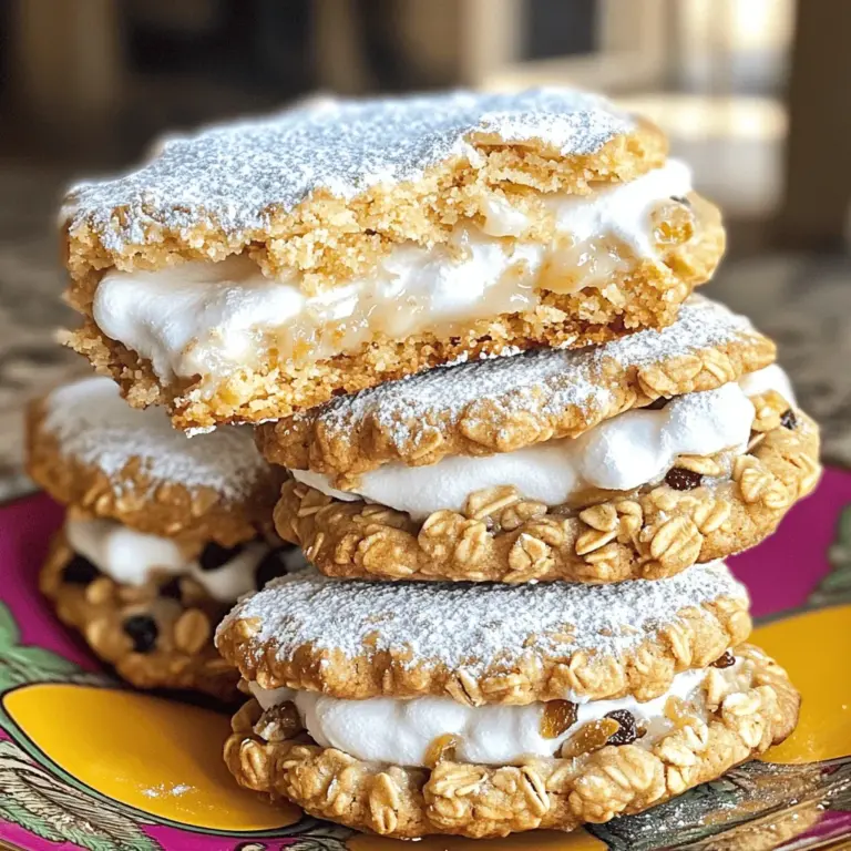 To make homemade oatmeal cream pies, gather these key ingredients: - 1 cup unsalted butter, softened - 1 cup brown sugar, packed - 1/2 cup granulated sugar - 2 large eggs - 1 teaspoon vanilla extract - 1 1/2 cups all-purpose flour - 1 teaspoon baking soda - 1/2 teaspoon salt - 1 teaspoon ground cinnamon - 3 cups old-fashioned oats - 1 cup raisins (or chocolate chips for a twist!) - 1 cup marshmallow cream - 1/2 cup powdered sugar Choosing the right ingredients makes a big difference. Here are some tips: - Butter: Use unsalted butter for better control over salt levels. - Sugars: Use fresh brown sugar. It should feel moist and soft. - Oats: Old-fashioned oats give the best texture. Avoid quick oats. - Raisins or Chocolate Chips: Pick plump raisins for extra flavor. If using chocolate, choose a good brand for rich taste. - Vanilla Extract: Go for pure vanilla extract if possible; it adds more depth. You can adjust the recipe for different diets. Here are some ideas: - Gluten-Free: Use a gluten-free all-purpose flour mix. - Dairy-Free: Substitute butter with coconut oil or a vegan butter. - Egg-Free: Replace each egg with 1/4 cup unsweetened applesauce. - Sugar Alternatives: Use coconut sugar or a sugar substitute for lower sweetness. These tips help you create oatmeal cream pies that fit your needs and taste great. For the full recipe, check out the detailed instructions above. To start, gather all your ingredients. You will need: - 1 cup unsalted butter, softened - 1 cup brown sugar, packed - 1/2 cup granulated sugar - 2 large eggs - 1 teaspoon vanilla extract - 1 1/2 cups all-purpose flour - 1 teaspoon baking soda - 1/2 teaspoon salt - 1 teaspoon ground cinnamon - 3 cups old-fashioned oats - 1 cup raisins (or chocolate chips for a twist!) - 1 cup marshmallow cream - 1/2 cup powdered sugar Preheat your oven to 350°F (175°C). Line your baking sheets with parchment paper. This keeps the cookies from sticking. In a large bowl, mix the softened butter, brown sugar, and granulated sugar. Beat them until light and fluffy. This takes about 3-4 minutes. Next, add the eggs one at a time. Mix well after each egg. Stir in the vanilla extract. In another bowl, whisk together the flour, baking soda, salt, and cinnamon. Slowly add this dry mix to the wet ingredients. Stir until just combined. Now, fold in the oats and raisins (or chocolate chips). Your dough should be thick and slightly sticky. Using a cookie scoop or a tablespoon, drop rounded balls of dough onto your prepared baking sheets. Leave some space between each dough ball for spreading. Bake these in the preheated oven for about 10-12 minutes. The edges should be lightly golden, while the centers remain soft. Once baked, take them out and let the cookies cool on the baking sheets for 5 minutes. After that, move the cookies to wire racks to cool completely. While your cookies cool, it's time to prepare the cream filling. In a medium bowl, mix the marshmallow cream and powdered sugar until smooth. Once your cookies are cool, it’s time to assemble. Spread a generous amount of the cream filling on the flat side of one cookie. Then, sandwich it with another cookie. Repeat this until all cookies are filled. You can arrange them on a colorful plate and dust with extra powdered sugar. This adds a nice touch. Enjoy your homemade oatmeal cream pies with a glass of milk! For the full recipe, refer to the earlier section. To get soft and chewy cookies, use room-temperature butter. Cream it well with the sugars. This adds air and makes them light. Don't overmix the dough after adding oats. A gentle fold keeps your cookies soft. Bake until the edges are golden but the center looks slightly underdone. This step helps them stay moist. A few common mistakes can ruin your pies. First, don't skip chilling your dough. If it’s too warm, the cookies spread too much. Also, avoid using quick oats. They can make your cookies mushy. Lastly, don't bake too long. Overbaking leads to dry cookies, which you want to avoid. For richer flavor, add more spices. A pinch of nutmeg pairs well with cinnamon. You can also switch raisins for chocolate chips. This adds a sweet twist to your cookies. Another tip is to let the cookies cool before adding the filling. This helps the cream stay in place and not melt. For more fun, try adding nuts or coconut to the dough for added texture. Check out the Full Recipe for all the details! {{image_2}} You can have fun with flavors in oatmeal cream pies. Try adding chocolate chips for a sweet twist. You can also use chopped nuts for a crunchy texture. If you love spices, add pumpkin pie spice or even a hint of ginger. These changes can add new layers of taste! For gluten-free oatmeal cream pies, swap all-purpose flour with a gluten-free blend. Look for oats labeled gluten-free to ensure they meet dietary needs. If you want a vegan version, use coconut oil instead of butter. Replace eggs with flaxseed meal mixed with water. These options keep the pies tasty and kind to all diets. While marshmallow cream is classic, think outside the box! Try using cream cheese mixed with powdered sugar for a tangy twist. You can also use peanut butter or Nutella for a nutty flavor. For a fruity touch, add jam or flavored frosting between the cookies. These fillings can take your pies to the next level. Explore these variations to make your homemade oatmeal cream pies even more exciting. Check out the Full Recipe for the foundation of these tasty treats! To keep your oatmeal cream pies fresh, store them in an airtight container. This helps prevent them from drying out. Place a piece of parchment paper between layers to avoid sticking. Make sure to keep the pies at room temperature if you plan to eat them within a week. If you want them to last longer, refrigeration is a good option. Freezing your oatmeal cream pies is simple. First, let the pies cool completely. Wrap each pie in plastic wrap tightly. Then, place them in a freezer-safe bag or container. You can freeze them for up to three months. When you're ready to enjoy, thaw them at room temperature for a few hours. Homemade oatmeal cream pies stay fresh for about five days if stored correctly. In the fridge, they can last up to a week. If you freeze them, they maintain their taste and texture for months. Always check for any signs of spoilage before eating. Keeping them in a cool, dry place helps keep them tasty longer. Enjoy your delicious treats! For the full recipe, check out the details above. To make homemade oatmeal cream pies, you need to follow a few simple steps. First, mix softened butter, brown sugar, and granulated sugar until it’s light and fluffy. Then, add eggs and vanilla extract. Next, combine flour, baking soda, salt, and cinnamon in a separate bowl. Gradually add this to the wet mix. Finally, fold in old-fashioned oats and raisins or chocolate chips. Bake the dough into small cookies and cool them. For the filling, mix marshmallow cream and powdered sugar. Spread it between two cookies to make the pies. You can find the complete steps in the Full Recipe. Using instant oats is possible, but it may change the texture. Instant oats are finer than old-fashioned oats. This can make your pies softer and less chewy. For the best results, I recommend sticking with old-fashioned oats. They give you that great texture and bite in each pie. To soften butter quickly, cut it into small cubes. Spread the cubes on a plate. Leave the butter at room temperature for about 10 minutes. You can also use a microwave. Set it to low power for 5 seconds. Check it often to avoid melting. Softened butter mixes better and helps your cookies become fluffy. In this blog post, I shared how to make delicious homemade oatmeal cream pies. We covered the key ingredients, tips for picking quality items, and substitutions for dietary needs. I provided clear, step-by-step instructions for preparation, baking, and assembly. You learned tricks for perfect texture and flavor. We explored fun variations and proper storage tips too. Remember, the right ingredients and techniques can make all the difference. Enjoy baking your own unique pies!