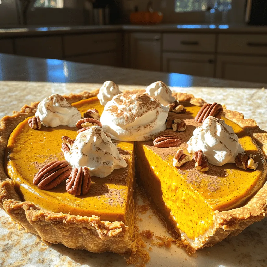 - 2 cups pumpkin puree - 1 cup coconut milk - 1/2 cup brown sugar - 1/4 cup maple syrup - 1 teaspoon vanilla extract - 2 teaspoons pumpkin pie spice - 1/2 teaspoon salt - 3 large eggs - 1/2 cup pecans, chopped - 1 pre-made pie crust - Whipped cream - Cinnamon or nutmeg When you make Pumpkin Delight, the key is using fresh, high-quality ingredients. The pumpkin puree is the star, providing rich flavor and color. Coconut milk adds creaminess without dairy, and the brown sugar and maple syrup bring natural sweetness. You can use either canned or fresh pumpkin. Canned is easy and quick, but fresh can add a nice touch. The additional ingredients are just as important. Vanilla extract boosts flavor, while pumpkin pie spice offers warm, cozy notes. The salt enhances all the flavors. Eggs help bind everything together, giving the pie its structure. Chopped pecans add crunch, making each bite interesting. Finally, your pre-made pie crust saves time. For serving, whipped cream is a classic choice. A sprinkle of cinnamon or nutmeg can elevate the dish. Each topping adds a special touch, making your Pumpkin Delight even more delightful. Check out the Full Recipe for complete details on how to bring this dish to life! - Preheat the oven to 350°F (175°C). - If you use a pre-made pie crust, fit it into a 9-inch pie pan. Prick the bottom with a fork. If you prefer to make your own, roll out the dough and place it in the pan, trimming any excess. - In a large bowl, combine 2 cups of pumpkin puree, 1 cup of coconut milk, 1/2 cup of brown sugar, and 1/4 cup of maple syrup. - Add in 1 teaspoon of vanilla extract, 2 teaspoons of pumpkin pie spice, and 1/2 teaspoon of salt. Stir well until smooth. - Crack 3 large eggs into the mixture. Beat them in until the filling is creamy. - Gently fold in 1/2 cup of chopped pecans to add a nice crunch. - Pour this filling into your prepared crust. Smooth the top with a spatula. - Place the pie in the oven and bake for 45-50 minutes. The filling should be set around the edges but slightly jiggly in the center. - Remove the pie from the oven and let it cool on a wire rack for at least 1 hour. This will help firm up the filling. You can find the full recipe for more detailed instructions and specifics. To make a smooth filling, mix the pumpkin puree well. Use a whisk for best results. You want it creamy and free of lumps. Checking for doneness is simple. The edges should be set, while the center remains a bit jiggly. This helps keep the filling moist and tasty. Garnish each slice with a dollop of whipped cream for a lovely look. A sprinkle of cinnamon or nutmeg adds a nice touch too. Serve on decorative plates to impress your guests. You can even add a slice of fresh pumpkin or extra pecans on the side for more visual appeal. These small details make your Pumpkin Delight shine! {{image_2}} You can change sweeteners in this recipe. Instead of brown sugar, try honey or agave. Both will add a unique flavor and sweetness. These options work well if you want a healthier choice. If you need a dairy-free option, use almond or oat milk. These milks give a nice creaminess without dairy. You can even use coconut cream for a richer taste. Want to add a twist? Consider mixing in some chocolate chips or caramel sauce. The chocolate adds richness, while caramel brings a sweet touch. Both create a fun surprise in each bite. You can also boost the flavor with spices or zest. Adding a bit of orange or lemon zest brightens the dish. Extra spices like nutmeg or ginger can add warmth and depth. Both options elevate your Pumpkin Delight to the next level. For the full recipe, check out the detailed instructions above. To keep your Pumpkin Delight fresh, store leftovers in the fridge. Place the pie in an airtight container or wrap it tightly in plastic wrap. This prevents it from drying out. If you have slices, you can use a cake dome for easy access. If using a whole pie, a pie keeper is a great option. When you want to enjoy your Pumpkin Delight again, reheating is easy. The best method is to use an oven. Preheat it to 350°F (175°C). Place the pie on a baking sheet and heat for about 10-15 minutes. This warms it through without making it soggy. You can also microwave slices for 30 seconds on low power, but the oven method keeps the crust crisp. For freshness, eat your leftovers within three days. After that, the taste may decline. If you want to keep it longer, consider freezing it. Just wrap it well in plastic and foil, and it will last up to a month. Enjoying this seasonal treat again is easy with the right storage! Can I use fresh pumpkin instead of canned? Yes, you can use fresh pumpkin! Just cook and puree it until smooth. This adds a lovely, fresh taste. However, canned pumpkin is easier and saves time. Both options work great in this recipe. How can I adjust sweetness levels? To adjust sweetness, add more brown sugar or maple syrup. You can also reduce it if you prefer less sugar. Taste the filling before baking to find your perfect balance. Is Pumpkin Delight gluten-free? Yes, Pumpkin Delight can be gluten-free! Just use a gluten-free pie crust. The filling itself is naturally gluten-free, so it’s a perfect choice for those with gluten sensitivities. What is the calorie count per serving? Each slice of Pumpkin Delight has about 250 calories. This can vary based on the ingredients and crust you use. Check the labels for the most accurate info. What drinks pair well with Pumpkin Delight? Pumpkin Delight pairs well with warm spiced cider or a creamy latte. You can also enjoy it with a glass of sweet dessert wine. These drinks enhance the fall flavors of the pie. Ideal accompaniments for a fall dessert platter You can serve Pumpkin Delight with apple slices or pecan pie. Consider adding cheese or a scoop of vanilla ice cream. These pairings make a festive fall dessert spread. You now know how to make a delicious Pumpkin Delight. This dessert combines pumpkin puree, coconut milk, and spices for a tasty filling. Remember to follow our steps for perfecting your pie crust and filling. Experiment with different ingredients and toppings to make it your own. Don’t forget storage tips to keep leftovers fresh. With this guide, you can create a pumpkin dessert that impresses guests all season long. Enjoy making your Pumpkin Delight!