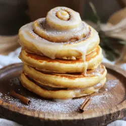 For the base of the cinnamon roll pancakes, you will need: - 1 cup all-purpose flour - 2 tablespoons sugar - 2 teaspoons baking powder - 1/2 teaspoon baking soda - 1/4 teaspoon salt - 1 cup buttermilk (or regular milk with 1 tablespoon vinegar added) - 1 large egg - 2 tablespoons melted butter - 1 teaspoon vanilla extract These ingredients create a fluffy pancake that holds the cinnamon swirl well. For the sweet cinnamon swirl, gather: - 1/4 cup brown sugar - 1 tablespoon ground cinnamon - 2 tablespoons softened butter This mixture gives your pancakes that iconic cinnamon roll flavor. To top your pancakes, prepare the cream cheese glaze with: - 4 ounces cream cheese, softened - 1 cup powdered sugar - 2 tablespoons milk - 1 teaspoon vanilla extract This glaze adds a rich and creamy finish to your dish. You can find the full recipe above for detailed steps on how to combine these ingredients into a delicious dish. Start by mixing the dry ingredients. In a large bowl, whisk together: - 1 cup all-purpose flour - 2 tablespoons sugar - 2 teaspoons baking powder - 1/2 teaspoon baking soda - 1/4 teaspoon salt Mix these until they blend well. In a separate bowl, combine the wet ingredients. You need: - 1 cup buttermilk (or regular milk with 1 tablespoon vinegar) - 1 large egg - 2 tablespoons melted butter - 1 teaspoon vanilla extract Whisk these until they are smooth. Now, pour the wet mix into the dry mix. Stir gently until just combined. Remember, a few lumps are okay. Next, make the cinnamon mixture. In a small bowl, mix together: - 1/4 cup brown sugar - 1 tablespoon ground cinnamon - 2 tablespoons softened butter Stir until it forms a paste. Now, transfer this cinnamon mixture to a piping bag. You can also use a zip-top bag, just snip off one corner. Now, it's time to cook! Heat a non-stick skillet over medium heat. Lightly grease it with cooking spray or butter. Pour about 1/3 cup of pancake batter onto the skillet for each pancake. Wait until bubbles form on the surface, about 2-3 minutes. Use the cinnamon swirl mixture to create a spiral design on top of the pancake. Cook for another minute until the edges look set. Carefully flip the pancake and cook for an additional 1-2 minutes until golden brown. Repeat this until you use all the batter. For the cream cheese glaze, whisk together: - 4 ounces cream cheese, softened - 1 cup powdered sugar - 2 tablespoons milk - 1 teaspoon vanilla extract Serve the pancakes warm, drizzled with the cream cheese glaze on top. Enjoy this sweet and savory delight! For the full recipe, check out the details above. To get the best pancake texture, avoid overmixing your batter. When mixing, stop as soon as you see no dry flour. A few lumps are okay. This will help keep your pancakes fluffy. The best cooking temperature is medium heat. If the heat is too high, the outside will burn and the inside will stay raw. A non-stick skillet works great. Lightly grease it with cooking spray or butter before pouring in the batter. You can add a splash of vanilla or almond extract to the batter. This small change adds a lot of flavor. Feel free to experiment with spices. Try nutmeg or cardamom for a fun twist. A hint of pumpkin spice can also work wonders. Just be creative and find what you love. Stack your pancakes high for a great look. Don’t be shy with the cream cheese glaze. Drizzle it generously on top. For a final touch, sprinkle cinnamon or powdered sugar on top. Fresh berries or whipped cream also make lovely garnishes. Your pancakes will not only taste great but look fantastic too! {{image_2}} You can easily change up the flavors of your cinnamon roll pancakes. Here are two ideas: - Chocolate chip cinnamon roll pancakes: Add chocolate chips to your batter. The sweet chocolate pairs well with the cinnamon swirl. You can use milk or dark chocolate chips based on your preference. - Nutty cinnamon roll pancakes: Add chopped walnuts or pecans to the batter. This gives a nice crunch and rich flavor. Toast the nuts first for an extra layer of taste. Cinnamon roll pancakes can fit many diets. Here’s how to adapt your recipe: - Gluten-free options: Use a gluten-free flour blend instead of all-purpose flour. Make sure your baking powder is gluten-free as well. - Vegan substitutes: Replace the egg with a flax egg. Mix one tablespoon of flaxseed meal with three tablespoons of water and let it sit for five minutes. Use almond milk or soy milk instead of buttermilk. Seasonal flavors can make your pancakes even more fun. Try these ideas: - Pumpkin spice cinnamon roll pancakes: Add pumpkin puree and pumpkin spice mix to your batter. This gives a cozy, warm flavor perfect for fall. - Lemon zest or blueberry additions for summer: Mix in fresh blueberries or a bit of lemon zest. This adds brightness and freshness to your pancakes, making them ideal for hot days. For the full recipe, refer to the [Full Recipe]. To keep your pancakes fresh, store them in the fridge. Use an airtight container. Place parchment paper between layers to prevent sticking. They stay good for up to three days. Reheat pancakes in the microwave for about 20-30 seconds. You can also use a skillet on low heat for a few minutes. This keeps them warm and soft. If you have extra pancakes, freezing is a great option. First, let them cool completely. Then, stack them with parchment paper in between. Wrap the stack in plastic wrap or foil. Place it in a freezer bag. They can last up to two months in the freezer. When you're ready to eat, reheat them in the microwave or toaster. For microwave, heat for about one minute. For the toaster, toast until warm and golden. If you have leftover glaze, store it in the fridge too. Use a small container with a lid. It will stay fresh for about one week. Before using, let it sit at room temperature for a bit. You can also stir in a little milk if it thickens too much. This keeps your glaze tasty and ready to go! To make pancakes fluffier, focus on the batter. Here are some tips: - Use fresh baking powder and baking soda. - Do not overmix the batter; a few lumps are fine. - Let the batter rest for 5-10 minutes before cooking. - Ensure your skillet is hot but not too hot; medium heat works best. Yes, you can prepare the batter in advance! Here are some storage suggestions: - Store the batter in an airtight container in the fridge. - Use it within 24 hours for the best taste. - Stir gently before cooking, as some settling may occur. If you don't have buttermilk, there are easy alternatives: - Use regular milk with 1 tablespoon vinegar added. - You can also use plain yogurt or sour cream mixed with water. - These substitutes will give you a similar tangy flavor. Absolutely! Here are some gluten-free flour options: - Use a 1:1 gluten-free baking mix. - You can also try almond flour or coconut flour. - Adjust the liquid if needed, as these flours can absorb more moisture. To keep pancakes fresh, follow these practices: - Store in an airtight container in the fridge for up to 3 days. - To freeze, place parchment paper between pancakes. - Reheat in a toaster or microwave for the best taste. For the full recipe, please check the Full Recipe section to make these delightful pancakes! These pancakes combine rich flavors and easy steps to make a delicious treat. We covered key ingredients, from all-purpose flour to the cream cheese glaze, and went through simple instructions to perfect your pancakes. By experimenting with variations and following storage tips, you can enjoy these pancakes anytime. Remember, cooking should be fun! Keep trying new flavors and techniques to make your breakfast even more special. Now, grab your ingredients and get cooking!
