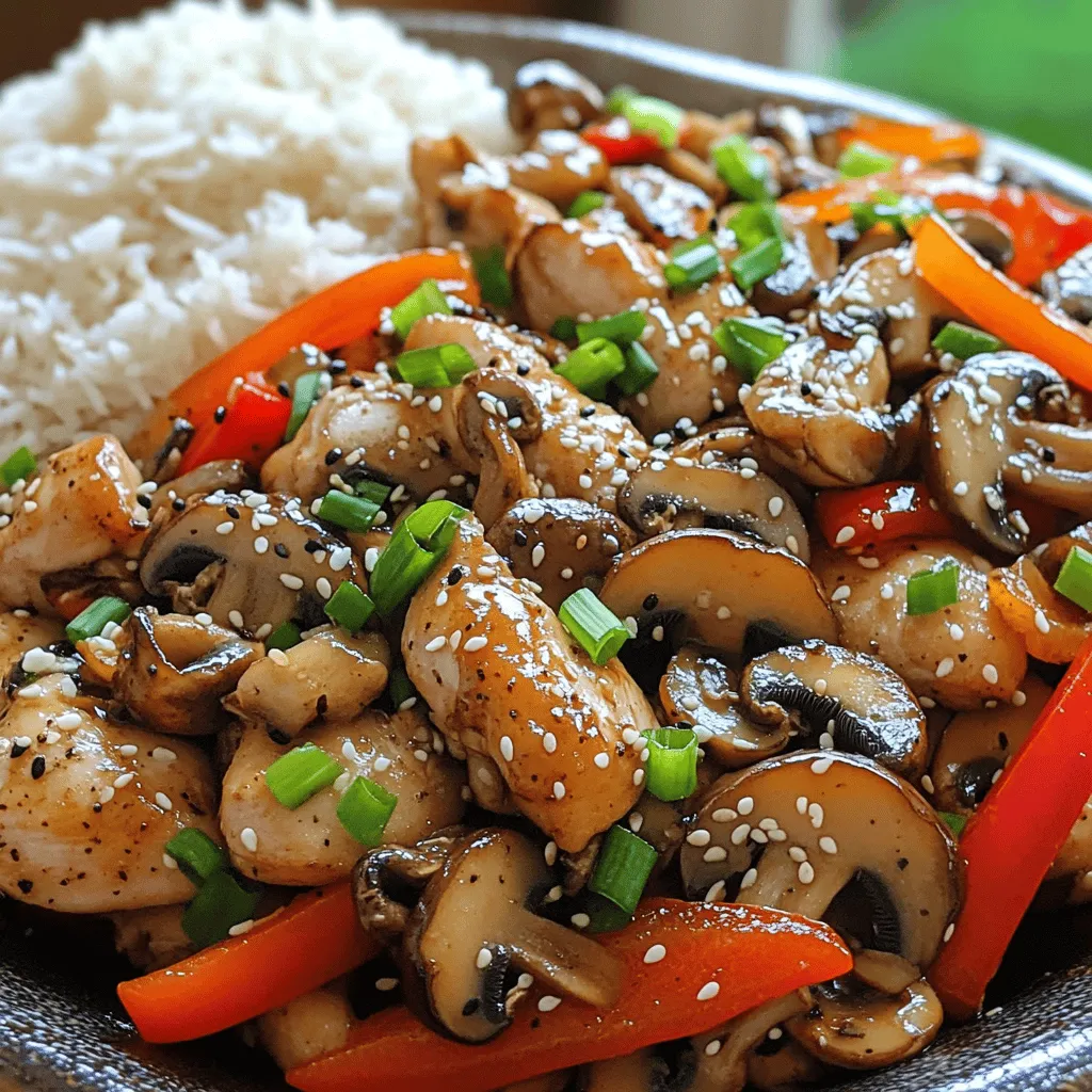- 1 lb boneless chicken thighs, cut into bite-sized pieces - 8 oz assorted mushrooms (shiitake, button, and oyster), sliced - 2 tablespoons black pepper, freshly ground (adjust to taste) - 3 tablespoons soy sauce - 1 tablespoon oyster sauce (optional) - 1 tablespoon cornstarch - 2 tablespoons vegetable oil - 1 red bell pepper, cut into strips - 3 green onions, chopped - 3 cloves garlic, minced - 1 inch ginger, minced - 1 tablespoon sesame oil - Salt to taste