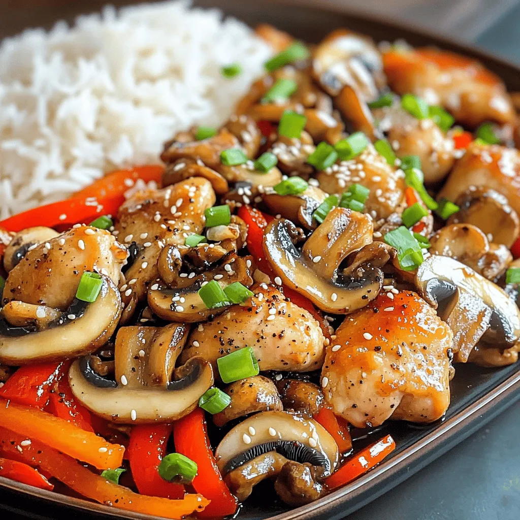 - 1 lb boneless chicken thighs, cut into bite-sized pieces - 8 oz assorted mushrooms (shiitake, button, and oyster), sliced - 2 tablespoons black pepper, freshly ground (adjust to taste) - 3 tablespoons soy sauce - 1 tablespoon oyster sauce (optional) - 1 tablespoon cornstarch - 2 tablespoons vegetable oil - 1 red bell pepper, cut into strips - 3 green onions, chopped - 3 cloves garlic, minced - 1 inch ginger, minced - 1 tablespoon sesame oil - Salt to taste