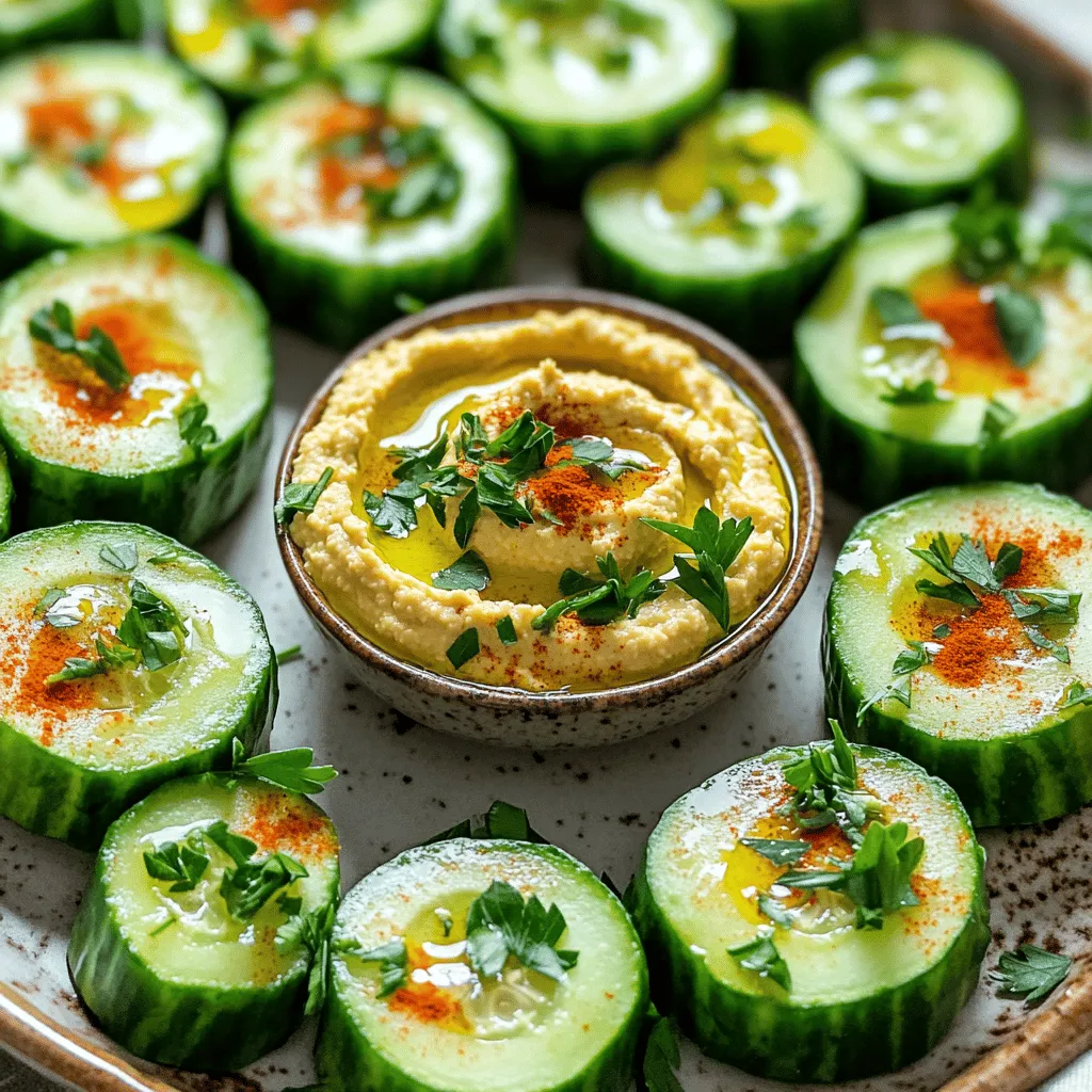 - 2 medium cucumbers - 1 cup canned chickpeas, drained and rinsed - 2 tablespoons tahini - 2 tablespoons lemon juice - 1 clove garlic, minced - 1 teaspoon cumin - Salt and pepper to taste - 1 tablespoon olive oil - Fresh parsley, chopped (for garnish) - Paprika (for garnish) These simple ingredients come together to make a light and fresh snack. The cucumbers serve as a crunchy base. Hummus made from chickpeas gives it a creamy texture. Tahini adds a nutty flavor, and lemon juice brings a bright zing. Cucumbers are low in calories and hydrating. They keep you cool in hot weather. Chickpeas provide protein and fiber. This helps you feel full longer. Tahini offers healthy fats and adds richness. Lemon juice is high in vitamin C, which boosts your immune system. Garlic has health benefits too. It can help lower blood pressure and cholesterol. Olive oil is packed with antioxidants and healthy fats. Fresh parsley adds vitamins A, C, and K, making it a great garnish. If you want to make this dish vegan, it already is! For a nut-free option, skip the tahini and use sunflower seed butter instead. If you are watching carbs, use zucchini slices instead of cucumbers. For a spicier bite, add a pinch of cayenne pepper or some sriracha to the hummus. You can also switch out chickpeas for white beans if you want a different flavor. For the full recipe, check out Refreshing Cucumber Hummus Bites. To make the hummus, gather your ingredients. You need chickpeas, tahini, lemon juice, garlic, cumin, olive oil, salt, and pepper. Start by placing the chickpeas in a food processor. Add tahini, lemon juice, minced garlic, cumin, and olive oil. Blend these until smooth. If the mixture is too thick, add a bit of water. You want a creamy texture. Taste it and adjust the salt and pepper as needed. Next, take the cucumbers. Cut off both ends first. Then slice them into 1-inch thick rounds. These slices will act as your base for the hummus. Make sure each slice is even. This helps them look nice and hold the hummus well. Now, it’s time to assemble these tasty bites. Take each cucumber slice and place a tablespoon of hummus on top. Spread it out to cover the slice nicely. Once all slices are topped, sprinkle fresh parsley and paprika on each one. This adds flavor and color. Finally, arrange them on a platter for easy snacking. Enjoy your refreshing cucumber hummus bites! For a complete guide, refer to the Full Recipe. To get creamy hummus, blend all the ingredients well. Start with the chickpeas, tahini, and lemon juice. Add minced garlic and cumin for flavor. Slowly drizzle in olive oil. If it seems too thick, add a splash of water. Blend until smooth and creamy. Taste and adjust salt and pepper. This method ensures a light texture that pairs well with cucumbers. Serve your cucumber hummus bites on a colorful platter. Arrange them in circles for a fun look. You can add extra bowls of hummus for dipping. This makes it easy for guests to grab snacks. For a party, pair these bites with fresh veggies or whole-grain crackers. This adds variety and color to your gathering. Garnishing adds a special touch. Use fresh parsley for a bright green pop. A sprinkle of paprika gives a warm color and slight spice. You can also add lemon zest for a zesty kick. Try drizzling a bit of olive oil over the bites before serving. These small details make your dish stand out and look appealing. For the full recipe, check out Refreshing Cucumber Hummus Bites 🥒. {{image_2}} You can make hummus exciting with different flavors. Try adding roasted red peppers for a sweet touch. For a more tangy taste, mix in sun-dried tomatoes. You can also add fresh herbs like basil or cilantro for a vibrant twist. Each flavor gives a unique taste and keeps snacks fun. While cucumbers are great, you can use other veggies too. Zucchini makes a lovely base; just slice it into rounds. Bell peppers, cut into strips, add crunch and color. Carrot sticks or radishes also work well. These options let you enjoy the same tasty hummus with a different bite. If you like spice, there are easy ways to add heat. Try adding a pinch of cayenne or chili powder to your hummus mix. You can also top your cucumber bites with sliced jalapeños for a kick. This adds flavor and makes your snack exciting. Adjust the heat level to suit your taste! For the full recipe, check out Refreshing Cucumber Hummus Bites. To keep your cucumber hummus bites fresh, place them in an airtight container. Use parchment paper to separate layers. This helps prevent sogginess. Store them in the fridge for the best taste. Avoid keeping them out at room temp for too long. They stay crisp and tasty when stored well. These bites are best enjoyed within two days. After that, the cucumbers may lose their crunch. The hummus can last for about five days in the fridge. If you have leftover hummus, keep it covered to maintain its flavor. You can make the hummus ahead of time. Store it separately in the fridge for a few days. Slice cucumbers just before serving. This keeps them fresh and crunchy. You can also prep the toppings ahead. Just sprinkle them on right before serving for the best look and taste. For the full recipe, check out the refreshing cucumber hummus bites. You can easily make this recipe gluten-free. The key is using gluten-free tahini and ensuring your chickpeas are from a gluten-free source. Most canned chickpeas are gluten-free, but always check the label. The cucumbers and spices used are already gluten-free. So, you can enjoy these bites without worry. Yes, you can use dried chickpeas if you prefer. Just soak them in water overnight. After soaking, cook them until soft. This can take one to two hours. After cooking, drain and rinse the chickpeas before blending them into hummus. The flavor will be fresh and great! There are many yummy skinny summer snacks! Here are a few ideas: - Watermelon slices with feta cheese: Sweet and salty treat. - Greek yogurt with berries: Healthy and refreshing. - Veggie sticks with salsa: Crunchy and low-calorie. - Frozen banana bites: Slice bananas, freeze, and enjoy! - Zucchini chips: Slice thin, season, and bake until crisp. Try these snacks along with the Refreshing Cucumber Hummus Bites for a fun summer spread! For the full recipe, check out the Refreshing Cucumber Hummus Bites section. This article covered how to make tasty cucumber hummus bites. We discussed the main ingredients and their health benefits. You learned easy steps to prepare and assemble the bites, along with tips for perfect consistency and serving suggestions. We also explored variations for extra flavor and proper storage tips. With these ideas, you can enjoy a healthy snack that's perfect for summer. Try making these hummus bites for your next gathering! They not only taste great but are also fun to prepare. Enjoy your cooking!