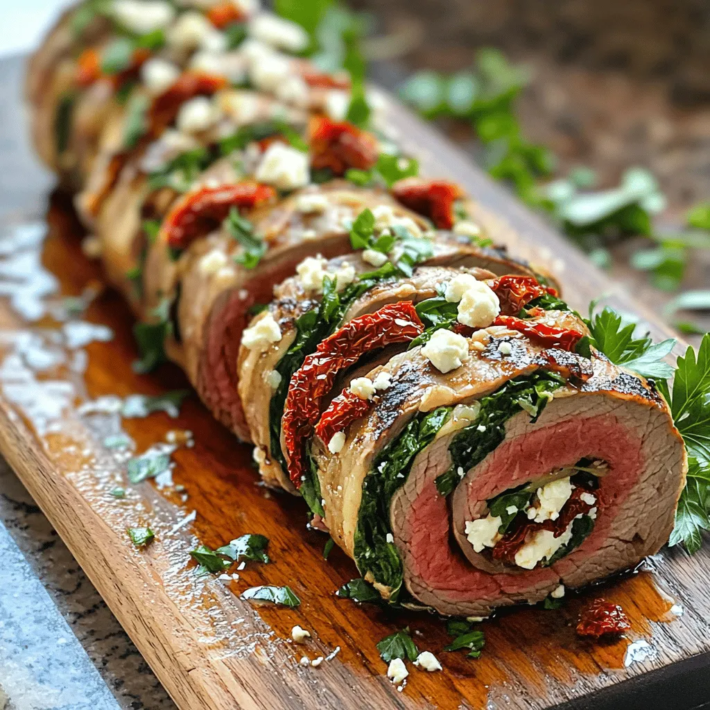 To make a tasty flank steak roulade, you need a few key ingredients. The main star is 1.5 pounds of flank steak. You also need salt and pepper to season it. For the filling, gather fresh spinach leaves, roasted red peppers, feta cheese, and sun-dried tomatoes. You will add garlic, olive oil, and dried oregano for extra flavor. These ingredients come together to create a delicious meal.