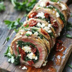 To make a tasty flank steak roulade, you need a few key ingredients. The main star is 1.5 pounds of flank steak. You also need salt and pepper to season it. For the filling, gather fresh spinach leaves, roasted red peppers, feta cheese, and sun-dried tomatoes. You will add garlic, olive oil, and dried oregano for extra flavor. These ingredients come together to create a delicious meal.