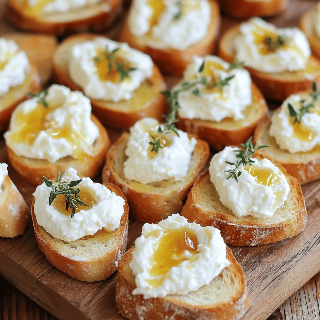 - 8 oz feta cheese, crumbled - 4 oz cream cheese, softened - 2 tablespoons extra virgin olive oil - 1 teaspoon lemon juice - 1 clove garlic, minced - 1 baguette, sliced into ½ inch pieces - ¼ cup hot honey (store-bought or homemade) - Fresh thyme leaves, for garnish To make whipped feta crostini with hot honey, you need a few simple ingredients. Feta cheese gives a tangy taste, while cream cheese adds creaminess. Olive oil brings everything together smoothly. You will also need lemon juice and minced garlic to enhance the flavor. The baguette slices are the perfect base for your crostini. For the sweet and spicy twist, hot honey is key. It balances the creamy feta and adds a fun kick. Lastly, fresh thyme leaves are a lovely garnish. They bring color and a hint of earthiness to each bite. This recipe is not just about taste; it's also about texture and presentation. Each layer has a role in creating the ultimate crostini. You can find the full recipe details above to get started on this delicious treat! To start, grab your food processor. Combine the crumbled feta, cream cheese, olive oil, lemon juice, and minced garlic. Blend them until the mix is smooth and creamy. This step is key for a velvety texture. After blending, taste the mixture. If it needs more flavor, add salt and pepper. Keep blending until you get the perfect taste. Set this aside while you prepare the baguette. Now, let’s toast the baguette. Preheat your oven to 400°F (200°C). While it heats, slice your baguette into half-inch pieces. Arrange these slices on a baking sheet. Drizzle a little olive oil over them and sprinkle with salt. Bake the slices for about 8 to 10 minutes. Watch closely for a golden and crispy finish. This will make a perfect base for your crostini. Once the baguette slices are ready, it’s time to assemble. Spread a generous dollop of the whipped feta on each toast. Make sure to cover the whole slice for the best flavor. Next, drizzle about a teaspoon of hot honey over the whipped feta. This adds a sweet and spicy kick that pairs well with the creamy cheese. Finally, garnish each crostini with fresh thyme leaves. This not only adds flavor but also makes your dish look lovely. Enjoy your Whipped Feta Crostini with Hot Honey! For the complete details, check out the Full Recipe. To make the whipped feta creamy, use full-fat cream cheese. It blends better. Blend the feta and cream cheese until it's smooth. If you want extra creaminess, add a splash more olive oil. You can also use a little yogurt for added tang. For flavor, add herbs like dill or basil. A bit of lemon zest brightens the taste. You could even mix in a pinch of smoked paprika for a unique twist. Always taste as you go. Adjust salt and pepper to suit your liking. Pair your crostini with a light white wine or a crisp beer. A sparkling water with lemon can also be refreshing. The sweet and spicy hot honey works well with many drinks. For presentation, stack the crostini on a wooden board. Arrange them in a circle for a fun look. You can also sprinkle some extra thyme leaves on top for color. Drizzle a bit of hot honey over the whole platter to catch the eye. To modify hot honey, try adding more or less. If you want less heat, drizzle lightly. You can also mix in a bit of regular honey for sweetness. If you want to add spices, consider crushed red pepper or cayenne. Start with a tiny amount, then taste. You can always add more, but it’s tough to take away spice once added. Enjoy experimenting with flavors! {{image_2}} You can switch out feta for other cheeses. Cream cheese adds a smooth touch. Ricotta gives a light, fluffy texture. Goat cheese brings a tangy flavor. Mixing different cheeses can create a unique taste. Feel free to change the toppings on your crostini. You can use roasted red peppers or caramelized onions for extra flavor. Fresh herbs like basil or parsley can brighten the dish. For a different drizzle, try balsamic glaze or flavored olive oil. If you want to change the bread, try ciabatta or sourdough. Both add their own great flavors. For gluten-free options, use gluten-free baguettes or rice cakes. These still give a nice crunch without the gluten. To keep your whipped feta fresh, store it in an airtight container. It lasts well in the fridge for up to three days. Make sure to press plastic wrap against the surface before sealing. This keeps moisture in and air out. If you want to keep it longer, you can freeze it. Just scoop it into a freezer-safe container. It can stay frozen for up to two months. When ready to use, thaw it in the fridge overnight. Toasting your baguette gives it a perfect crunch. After toasting, if you have leftovers, store them in a paper bag. This helps them stay crisp. Avoid plastic bags, as they trap moisture. If you want to refresh toasted baguette slices, pop them back in a hot oven for a few minutes. This will bring back some crunch. Reheating crostini can be tricky. You want them warm but not soggy. The best method is to use the oven. Preheat it to 350°F (175°C) and place the crostini on a baking sheet. Heat for about five minutes. Check to make sure they don’t burn. You can also use a skillet over low heat. Just be sure to flip them often. This keeps them crispy and tasty. You can store whipped feta in the fridge for up to three days. Make sure to use an airtight container. The flavors will meld and deepen while it sits, making it even tastier. Yes, you can prepare the whipped feta ahead of time. Whip it up and store it in the fridge. Just hold off on toasting the baguette until you’re ready to serve. This keeps the crostini crispy. Whipped feta crostini pairs well with many sides. Consider serving with: - Fresh veggies like cucumber or bell peppers - Olives for a salty bite - Charcuterie for a savory touch - A crisp salad for freshness To keep your baguette crispy, follow these steps: - Preheat your oven to 400°F (200°C). - Drizzle olive oil on the baguette slices before toasting. - Bake until golden, around 8-10 minutes. - Serve right after toasting for the best crunch. For the full recipe, check out the [Full Recipe]. In this article, we explored a tasty whipped feta crostini recipe. You learned about key ingredients like feta, cream cheese, and garlic. We covered step-by-step instructions for mixing and toasting. Tips for making it even better and serving variations were shared too. To wrap it up, this dish is versatile, fun, and sure to impress. Try it out, and enjoy every bite!