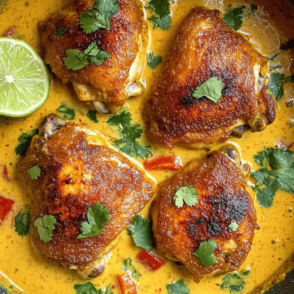 To make Spicy Brazilian Coconut Chicken, you'll need: - 4 chicken thighs, skin-on and bone-in - 1 can (400ml) coconut milk - 2 tablespoons olive oil - 1 onion, finely chopped - 4 cloves garlic, minced - 1 red bell pepper, diced - 2 tablespoons red curry paste - 1 tablespoon fresh ginger, grated - 1 teaspoon paprika - 1-2 teaspoons cayenne pepper (adjust to taste) - 1 lime, juiced - Fresh cilantro for garnish - Salt and pepper to taste