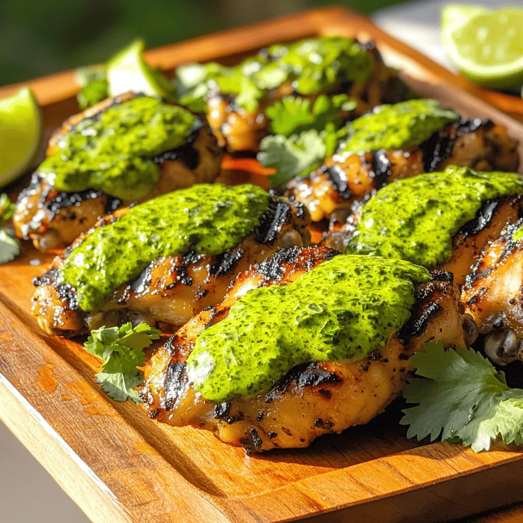 - 4 boneless, skinless chicken thighs - 2 tablespoons olive oil - 4 cloves garlic, minced - 1 teaspoon cumin - 1 teaspoon smoked paprika - 1 teaspoon salt - ½ teaspoon black pepper - 1 lime, juiced - 1 cup fresh cilantro leaves - 1 jalapeño, deseeded and chopped - 2 tablespoons mayonnaise - 1 tablespoon white vinegar - Salt to taste To start, mix the marinade. In a bowl, whisk together olive oil, minced garlic, cumin, smoked paprika, salt, black pepper, and lime juice. This blend will add great flavor. Next, coat the chicken thighs in this marinade. Make sure they are covered well. Cover the bowl and let it marinate in the fridge for at least 30 minutes. For more flavor, let it sit for up to 2 hours. Now let’s make the green sauce. In a blender, add cilantro, jalapeño, mayonnaise, white vinegar, and a pinch of salt. Blend until smooth. If the sauce is too thick, add a bit of water. Taste it and adjust the salt if needed. This sauce pairs perfectly with the chicken. Next, it’s time to grill. Preheat your grill to medium-high heat. Once hot, take the chicken out of the marinade. Place it on the grill and cook for about 6-7 minutes on each side. You want nice grill marks. The chicken should reach an internal temperature of 165°F (75°C) to be safe to eat. After grilling, let the chicken rest for about 5 minutes. This helps the juices settle in. You can find the full recipe for these steps [here]. This blog post covered how to grill chicken with a tasty green sauce. We explored main ingredients like chicken thighs, olive oil, and fresh spices. You learned to prepare a smooth sauce with cilantro and jalapeño. I shared tips on marinating, grilling, and storing leftovers for future meals. Grilling can be fun and rewarding when you use these steps. Enjoy your delicious, homemade Peruvian grilled chicken!