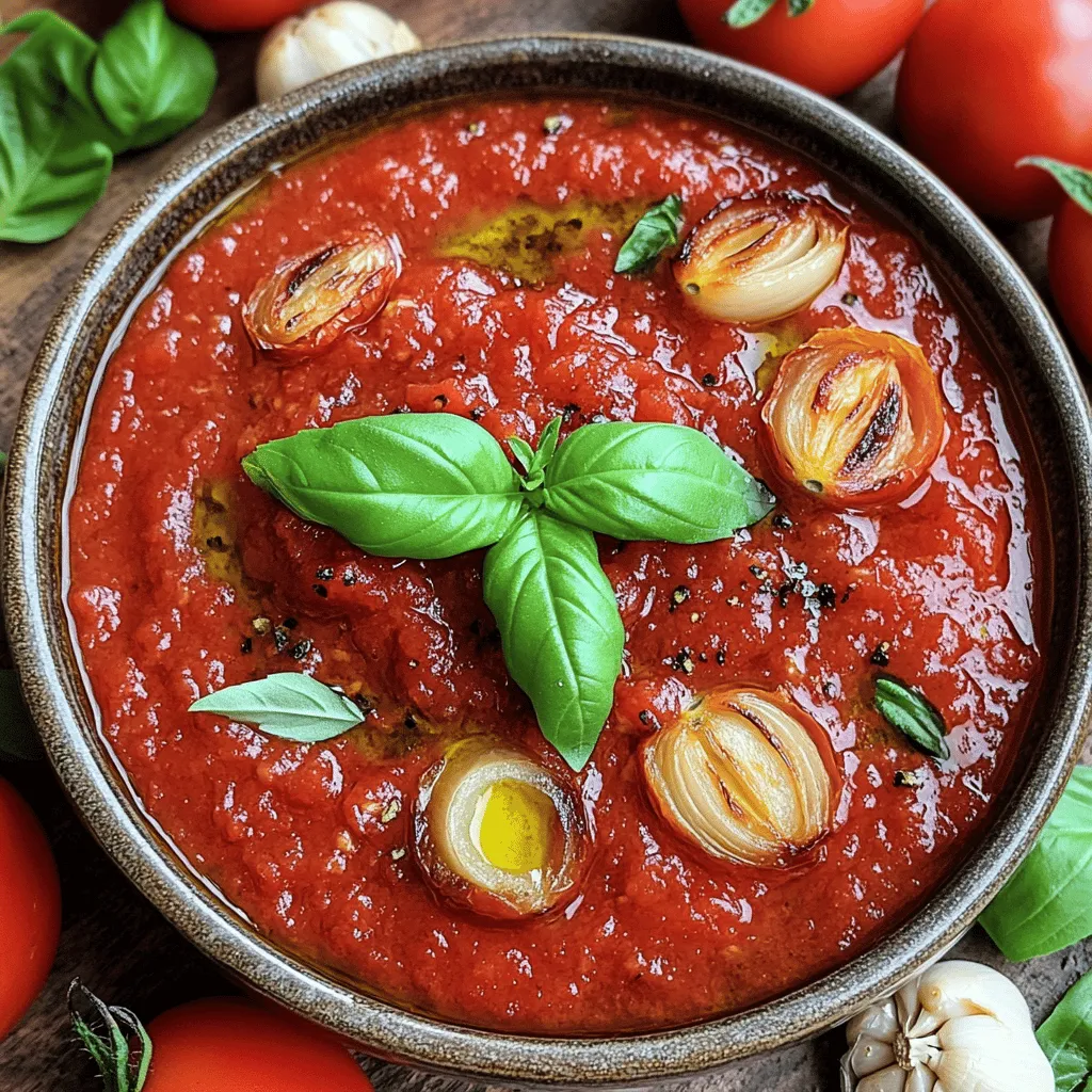 To make your own roasted tomato sauce, you need a few key items: - 2 pounds ripe tomatoes (use Roma or beefsteak) - 1 medium onion, quartered - 4 cloves garlic, unpeeled - 3 tablespoons olive oil - 1 teaspoon sea salt - ½ teaspoon black pepper - 1 teaspoon dried oregano - 1 tablespoon fresh basil, chopped (or 1 teaspoon dried basil) - 1 tablespoon balsamic vinegar (optional, for added depth) These ingredients work together to create a rich, flavorful sauce. The tomatoes are the stars of this dish, so choose the freshest ones you can find. When picking tomatoes, look for ones that are deep red and firm. They should feel heavy for their size. The skin should be smooth but not too shiny. Avoid tomatoes with bruises or soft spots. If you can smell the tomato's sweet scent, it's a good sign. Farmers' markets often have the best selection. You can make your sauce even better with some optional add-ins. Consider adding: - A pinch of red pepper flakes for heat - A teaspoon of sugar to balance acidity - Fresh herbs like thyme or parsley for extra aroma - Carrots or bell peppers for sweetness These add-ins let you adjust the flavor to your taste. Don't be afraid to experiment! Start by washing your tomatoes well. I prefer Roma or beefsteak tomatoes. They have a great taste. Cut them in half and place them cut side up on a baking sheet. Next, quarter the onion. Add it to the sheet along with the unpeeled garlic cloves. This mix gives a nice depth of flavor. Drizzle everything with olive oil, then sprinkle sea salt, black pepper, and dried oregano over the top. Toss gently to coat. Preheat your oven to 400°F (200°C). Once your oven is hot, place the baking sheet inside. Roast the veggies for about 35-40 minutes. You want the tomatoes to be soft and slightly caramelized. The smell will fill your kitchen, and it’s heavenly! When they are ready, take the sheet out and let it cool for a few minutes. After cooling, squeeze the roasted garlic out of its skins and throw the skins away. Now, it's time to blend! Transfer the roasted tomatoes, onion, and garlic into a blender or food processor. If you like, add fresh basil and balsamic vinegar for extra flavor. Blend until smooth. If you prefer a chunky sauce, pulse the blender a few times. Taste the sauce and adjust the seasoning. You may want to add more salt or pepper. Finally, pour the sauce into a saucepan. Let it simmer on low heat for 10-15 minutes. This step enhances the flavor even more. You can serve your sauce in a rustic bowl. Drizzle with olive oil on top and garnish with fresh basil. Enjoy your homemade delight! For more details, check out the Full Recipe. Roasting tomatoes brings out their sweet flavor. Use ripe tomatoes for the best taste. Roma or beefsteak are great choices. Cut them in half to help them roast evenly. Make sure to arrange them cut side up on the baking sheet. This helps the juices stay inside. Drizzle with olive oil and season well. Roasting at 400°F (200°C) makes them soft and caramelized. Keep an eye on them during roasting. They should take about 35 to 40 minutes. Taste your sauce after blending. You can adjust the flavor at this stage. If it needs more salt, add a pinch. A bit of black pepper can enhance the taste too. Dried oregano adds an earthy note. Fresh basil makes the sauce bright and fresh. For a deeper flavor, consider balsamic vinegar. It adds a nice richness. Always remember to start with small amounts and taste as you go. This sauce is great for many dishes. Use it over pasta for a simple meal. Spread it on pizza as a base for toppings. It also works well as a dipping sauce with breadsticks. For a fun twist, try it with grilled veggies. Serve it in a rustic bowl, drizzled with olive oil. Add fresh basil on top for a lovely finish. Your homemade roasted tomato sauce will impress everyone! For the full recipe, check the earlier section. {{image_2}} You can change the flavor of your roasted tomato sauce by adding herbs and spices. Basil and oregano are classic choices. You can also try using thyme or rosemary for a new taste. For a fresh pop, add parsley or cilantro. Spices like red pepper flakes can give your sauce a kick. Experiment with different combinations to find what you love! If you like heat, add fresh chili peppers to your sauce. Jalapeños or serranos work well for a spicy kick. You can also use crushed red pepper flakes for a milder heat. Mix in some hot sauce for an extra zing. Remember to taste as you go to get the right level of spice for your palate. You can easily adjust this recipe for dietary needs. If you want a vegan option, use vegetable broth instead of chicken broth. For a low-sodium version, skip the added salt or use a salt substitute. If you're gluten-free, enjoy this sauce over gluten-free pasta or use it in a dish that fits your diet. There are many ways to make this sauce work for you! For the full recipe, check out the earlier section. To store your homemade roasted tomato sauce, first let it cool completely. This step is key to avoid condensation, which can dilute the flavor. Use an airtight container made of glass or plastic. Fill the container, leaving some space at the top. This space helps if the sauce expands when frozen. Label the container with the date, so you know when you made it. Freezing is a great way to keep your sauce fresh. Pour the cooled sauce into freezer-safe bags or containers. If using bags, lay them flat to save space in your freezer. You can stack them once frozen. When ready to use, simply take out the amount you need. Let it thaw overnight in the fridge or use the microwave for quick thawing. Homemade roasted tomato sauce lasts about 4-5 days in the fridge. If frozen, it stays good for up to 6 months. To reheat, pour the sauce into a saucepan. Heat it on low, stirring often until hot. Add a splash of water or olive oil if it seems too thick. This sauce works well for many dishes, making it easy to enjoy your homemade creation again. For the full recipe, check back to ensure you have all the steps down! To make roasted tomato sauce from scratch, gather fresh ingredients. You need ripe tomatoes, onion, and garlic. Preheat your oven to 400°F (200°C). Halve the tomatoes and place them cut side up on a baking sheet. Add quartered onion and unpeeled garlic. Drizzle olive oil and season with salt, pepper, and oregano. Roast for 35-40 minutes, until soft. Blend the roasted veggies, add basil, and adjust seasonings. Simmer briefly to deepen the flavor. For the full recipe, check the above section. Yes, you can use canned tomatoes instead of fresh ones. Canned tomatoes can save time and give you a great taste. Choose whole or crushed tomatoes, preferably San Marzano for the best flavor. Drain excess liquid before blending to avoid a watery sauce. The cooking time may vary, but the end result will still be delicious. Homemade roasted tomato sauce works well with many dishes. Here are some ideas: - Pasta: Toss with your favorite noodles for a quick meal. - Pizza: Spread on dough before adding toppings for a flavorful base. - Dipping sauce: Serve with breadsticks or mozzarella sticks for a tasty snack. - Soups: Use as a base for tomato soup or other veggie soups. - Casseroles: Incorporate into baked dishes for added moisture and flavor. Homemade roasted tomato sauce is rich in flavor and easy to make. We covered what ingredients to use and how to prepare them. The step-by-step guide explains roasting and blending for the best results. You can explore variations with herbs and spices, and I shared storage tips. Remember, making your own sauce is rewarding. It adds freshness to meals. Enjoy experimenting and creating your unique recipes. Keep these tips handy for a tasty homemade touch to your dishes. Your kitchen will thank you!
