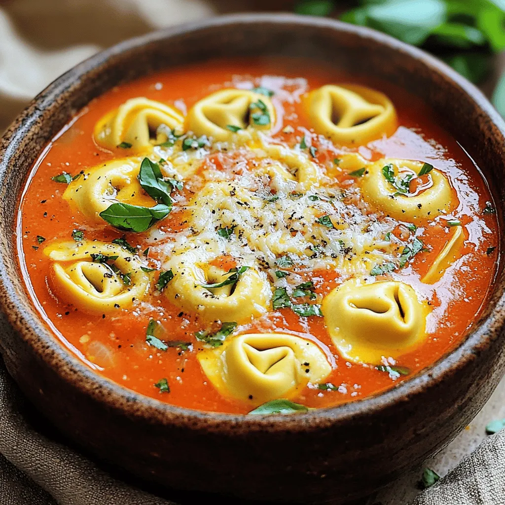 To make creamy tomato tortellini soup, you need these key ingredients: - 1 tablespoon olive oil - 1 medium onion, diced - 3 cloves garlic, minced - 1 can (28 oz) crushed tomatoes - 4 cups vegetable broth - 1 teaspoon dried basil - 1 teaspoon dried oregano - 1/2 teaspoon red pepper flakes (optional) - Salt and pepper to taste - 1 package (9 oz) cheese tortellini - 1 cup heavy cream - 1/4 cup fresh basil, chopped (for garnish) - Grated Parmesan cheese (for serving) These items create a deliciously rich and creamy soup that warms the soul. You can make a few easy swaps if you lack some ingredients: - Use chicken broth instead of vegetable broth for a richer flavor. - Swap heavy cream with half-and-half or whole milk for a lighter version. - Fresh tomatoes can replace canned tomatoes if you prefer a fresher taste. - Add spinach or kale for extra greens and nutrition. These substitutions help you customize the soup to your taste. To prepare this soup, you will need some basic kitchen tools: - A large pot or Dutch oven for cooking - A cutting board for chopping vegetables - A sharp knife for easy slicing - A wooden spoon for stirring - Measuring spoons for accurate measurements Having the right tools makes cooking simpler and more enjoyable. For the complete recipe, check out the Full Recipe. To make creamy tomato tortellini soup, gather all your ingredients first. This helps you stay organized. You will need olive oil, onion, garlic, crushed tomatoes, vegetable broth, and spices. You will also need cheese tortellini, heavy cream, and fresh basil for garnish. Having everything ready speeds up cooking. 1. Heat the Olive Oil: Start by heating one tablespoon of olive oil in a large pot over medium heat. 2. Sauté the Onion: Add one diced onion. Cook it until it is soft and see-through, about four to five minutes. 3. Add Garlic: Next, add three minced garlic cloves. Stir for about one minute. This makes the soup smell great. 4. Mix in Tomatoes and Broth: Now, pour in one can of crushed tomatoes and four cups of vegetable broth. Stir in one teaspoon of dried basil, one teaspoon of dried oregano, and salt and pepper. If you want some heat, add half a teaspoon of red pepper flakes. 5. Bring to a Boil: Turn the heat up until the soup boils. Once it boils, reduce the heat and let it simmer for about fifteen minutes. 6. Cook the Tortellini: Add one package of cheese tortellini to the pot. Cook it according to the package instructions, which usually takes three to five minutes. 7. Add Cream: After the tortellini cooks, stir in one cup of heavy cream. Let the soup simmer for another two to three minutes. 8. Taste and Adjust: Taste your soup and adjust the seasoning if needed. Once the soup is ready, remove it from heat. Serve it hot in bowls. Garnish with fresh chopped basil and a sprinkle of grated Parmesan cheese. This adds color and flavor to your dish. Enjoy your creamy tomato tortellini soup, a simple and tasty meal. You can find the full recipe above for easy reference! To make your creamy tomato tortellini soup even better, try these tips: - Use fresh herbs like basil for a bright taste. - Add a splash of balsamic vinegar for depth. - Stir in some spinach or kale for added nutrition. - Use stock instead of water to boost flavor. Each of these ideas can change your soup from good to great. They add layers and make each bite exciting. Many people make simple mistakes when cooking this soup. Here are a few to watch for: - Don’t skip sautéing the onion and garlic; it builds flavor. - Avoid overcooking the tortellini; it should be tender but firm. - Don’t forget to taste the soup before serving. Adjust the seasoning as needed. These small errors can lead to a bland soup. Paying attention to these details helps you get the best results. Serving this soup can be fun and creative. Here are some ideas: - Pair it with crusty bread for dipping. - Serve with a fresh salad for a balanced meal. - Top with extra parmesan and fresh herbs for a nice touch. Each option enhances the soup and makes your meal special. For more ideas, check out the Full Recipe. {{image_2}} You can easily make this soup vegetarian. Just use vegetable broth instead of chicken broth. The rest of the ingredients are already plant-based. You still get the rich, creamy taste. It’s a great way to enjoy this meal without meat! If you want more protein, consider adding cooked chicken or sausage. You can use shredded rotisserie chicken for ease. Just stir it in when you add the tortellini. For a different twist, add cooked lentils or chickpeas. They blend well with the soup's flavors and keep it hearty. To make this soup gluten-free, swap regular tortellini for gluten-free pasta. There are many brands that offer tasty options. Check the labels to ensure no gluten sneaks in. You can also thicken the soup with cornstarch mixed in water if needed. This way, you can enjoy the soup without worrying about gluten. Explore the Full Recipe for more details and tips! After you make the creamy tomato tortellini soup, let it cool down. Once cool, put it in an airtight container. Store it in the fridge for up to four days. This soup tastes even better the next day as the flavors blend. You can freeze this soup if you want to save some for later. First, cool the soup completely. Then, pour it into freezer-safe containers or bags. Make sure to leave some space at the top, as the soup will expand when it freezes. It can last in the freezer for up to three months. To reheat, you can use a pot on the stove or a microwave. If using a pot, heat over low to medium heat until hot. Stir often to prevent sticking. If you use a microwave, heat in short bursts, stirring in between. Add a splash of cream or broth if it seems too thick. This helps restore its creamy texture. Enjoy your soup warm, just like the first time! To make the soup vegetarian, use vegetable broth instead of chicken broth. Check your tortellini too. Many brands offer vegetarian options without meat. You can also add more veggies if you like. Spinach or zucchini works well. This adds color and flavor while keeping it meat-free. Yes, you can use homemade tortellini! Fresh tortellini adds a special touch. Just cook it according to your recipe before adding it to the soup. Keep in mind that cooking time may change. Always check for doneness to ensure perfect texture in your bowl. This soup pairs well with crusty bread or a fresh salad. Garlic bread is a favorite choice too. For a light option, try a simple green salad with vinaigrette. These sides complement the creamy soup and make the meal more complete. For the full recipe, check out the recipe section above. In this blog post, we explored the key ingredients and steps for making Creamy Tomato Tortellini Soup. I shared tips on enhancing flavor, avoiding common mistakes, and suggested various serving options. We also covered substitutions, storage guidelines, and answered frequently asked questions. Cooking this soup can be easy and fun. With the right ingredients and techniques, you can enjoy a tasty meal. Don’t forget to get creative with variations to suit your tastes. Enjoy your time in the kitchen!