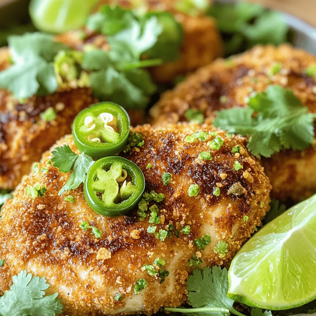- 4 boneless, skinless chicken breasts - 1 cup jalapeño-flavored tortilla chips, crushed - 1/2 cup all-purpose flour - 2 large eggs - 1 tablespoon milk - 1 teaspoon garlic powder - 1 teaspoon onion powder - 1/2 teaspoon paprika - Salt and pepper to taste - Cooking spray or olive oil for baking - Fresh lime wedges and cilantro for garnish To make jalapeño chip crusted chicken, start with fresh and high-quality ingredients. The chicken breasts should be boneless and skinless for easy cooking and serving. The crushed jalapeño tortilla chips give this dish its unique flavor and crunch. For seasoning, garlic powder and onion powder add depth. Paprika brings a mild warmth, while salt and pepper enhance all the flavors. Don't forget the cooking spray or olive oil; this helps the chicken get crispy in the oven. Fresh lime wedges and cilantro add a bright finish. You can find the full recipe in the section titled Full Recipe. Enjoy crafting this simple and tasty meal! - Preheat your oven to 400°F (200°C). Line a baking sheet with parchment paper. - Take your chicken breasts and season them with salt, pepper, garlic powder, onion powder, and paprika. Make sure to coat both sides well. - Set up three breading stations. Place flour in one bowl, a mix of eggs and milk in another, and crushed jalapeño chips in a third. - Start with a chicken breast. Coat it in the flour, shaking off any extra. Next, dip it in the egg mixture and let the excess drip off. Finally, press it into the crushed chips, making sure to cover it well. - Place the breaded chicken breasts on your lined baking sheet. Lightly spray the tops with cooking spray or drizzle olive oil on them. - Bake in the preheated oven for 25 to 30 minutes. Check to ensure the internal temperature reaches 165°F (75°C) for safety. The crust should be golden brown. Follow these steps, and you'll have a tasty dish ready to enjoy! For detailed instructions, check the Full Recipe. For jalapeño chip crusted chicken, choose thick, crunchy jalapeño-flavored tortilla chips. These chips provide the best crunch and flavor. You can also try using spicy corn chips or even crushed potato chips if you want something different. Both options will still give you that nice crunch. To keep your chicken crispy, lightly spray it with cooking spray or drizzle olive oil on top before baking. This helps the chips brown nicely. If your oven runs hot, reduce baking time by a few minutes. Keep an eye on the chicken, so it doesn’t burn. Balance the spice in your dish by using just the right amount of jalapeño chips. If you love heat, add some cayenne pepper to the seasoning mix. For a fresh twist, mix in herbs like oregano or thyme. These can brighten the flavor and add depth to your dish. {{image_2}} You can switch up the chicken cuts for this recipe. Chicken thighs are juicy and flavorful, while chicken tenders are tender and quick to cook. Both options work well with the jalapeño crust. You can also choose between baking or air frying. Baking gives a nice, even crisp, while air frying can add a great crunch. If you’re in a hurry, air frying cooks faster. Try both methods and see which one you like more! To make this dish even tastier, consider adding cheese to the crust. Cheddar or pepper jack cheese can melt into the crust, adding a rich flavor. Just sprinkle some cheese over the crushed chips before coating the chicken. Do you want more heat? Adjust the spice level by adding cayenne pepper or even more jalapeños. You can mix crushed red pepper into the chip coating for extra kick. This way, you can customize the dish to suit your taste! Pair your jalapeño chip crusted chicken with sides for a full meal. Rice or a fresh salad balances the heat and adds nutrition. You can also serve it with salsa, guacamole, or ranch dressing. These dips complement the chicken’s bold flavors. For a fun twist, try using the chicken in a sandwich or wrap. Add some fresh veggies and your favorite sauce for a tasty lunch option. You can find the full recipe in the earlier sections to guide you through all these variations! To store leftover jalapeño chip crusted chicken, let it cool first. Place it in an airtight container. You can keep it in the fridge for up to three days. When it's time to eat, reheat the chicken in the oven for the best taste. Set your oven to 350°F (175°C) and bake for about 10-15 minutes. This keeps the crust crispy and the chicken juicy. If you want to freeze cooked chicken, wrap it tightly in plastic wrap and foil. This helps avoid freezer burn. You can freeze it for up to three months. When you're ready to eat, thaw it overnight in the fridge. To reheat, use the oven method mentioned before, or microwave it on low heat. In the fridge, jalapeño chip crusted chicken lasts about three days. In the freezer, it can stay good for up to three months. If left out at room temperature, do not eat after two hours. Always check for any off smells or changes in color before eating. Proper storage keeps your meal tasty and safe. For the full recipe, check the main article. You can make jalapeno chip crusted chicken by baking it. First, preheat your oven to 400°F (200°C). Prepare a baking sheet with parchment paper. Follow the breading steps as usual. Instead of frying, place the coated chicken on the sheet and spray it lightly with cooking spray. Bake for 25 to 30 minutes until golden brown and cooked through. This method keeps it crispy and healthy. Yes, you can use other chips! While jalapeno chips add spice, you might try cheese-flavored chips, barbecue chips, or even plain tortilla chips. Each type will bring a unique flavor. Just crush them well and follow the same breading steps. Experiment and find your favorite! To keep the chicken juicy, brine it before cooking. Soak it in a mix of saltwater for at least 30 minutes. This helps the meat absorb moisture. Use a meat thermometer to check for doneness. Remove the chicken at 165°F (75°C) and let it rest for five minutes. This allows juices to redistribute. - Are there gluten-free options for this recipe? Yes, there are gluten-free options! Use gluten-free flour and corn-based chips. Check labels to ensure they are certified gluten-free. This way, you can enjoy the same great taste without the gluten. - Can I prepare the chicken ahead of time? Absolutely! You can season and coat the chicken ahead of time. Cover and refrigerate it for up to 24 hours. When ready, just bake it as directed. This saves time and lets the flavors meld nicely. For the full recipe, refer to the earlier section. This recipe shows how to make tasty jalapeño chip-crusted chicken. You learned about the main ingredients, breading steps, and cooking tips. The options for variations and side dishes enhance your meal. I hope these ideas help you enjoy cooking this dish. Keep experimenting to find your perfect flavor. Enjoy your tasty and crispy chicken!