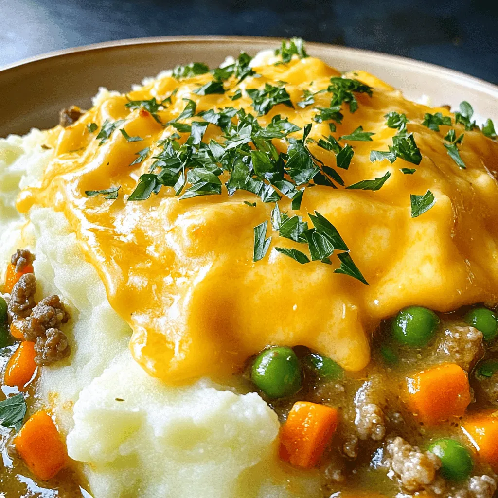 - 1 lb ground lamb (or beef) - 1 medium onion, finely chopped - 2 carrots, diced - 1 cup peas (fresh or frozen) - 2 cloves garlic, minced - 2 tablespoons tomato paste - 1 cup vegetable broth - 1 tablespoon Worcestershire sauce (or soy sauce for a twist) - 1 teaspoon dried thyme - Salt and pepper to taste - 4 cups mashed potatoes (prepared with butter and cream for extra fluffiness) - 1 cup shredded cheddar cheese (optional, for a cheesy topping)