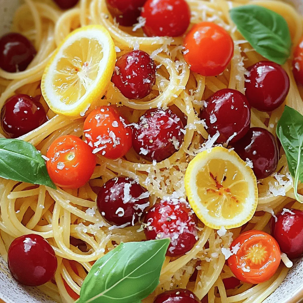 Summer Cherry Spaghetti shines with fresh and simple ingredients. The star of the dish is, of course, the cherries. You want to use sweet, ripe cherries for the best taste. I prefer Bing or Rainier cherries. They are juicy and not too tart.