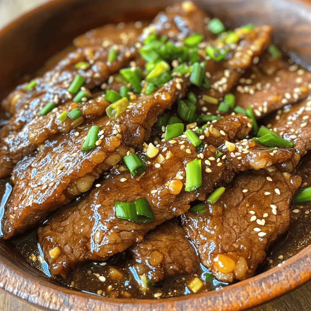 To make Mongolian beef, you need a few key items. Here’s what you will need: - 1 lb flank steak, thinly sliced against the grain - 2 tablespoons vegetable oil - 4 green onions, chopped into 1-inch pieces - 3 cloves garlic, minced - 1 tablespoon fresh ginger, minced - 1/2 cup soy sauce - 1/4 cup brown sugar - 1 tablespoon cornstarch - 2 tablespoons water - 1 teaspoon red pepper flakes (optional for spice) - Sesame seeds for garnish These ingredients create the base for the dish. The flank steak gives it a tender bite. The soy sauce adds a salty depth, while the brown sugar brings sweetness. You can add some extra ingredients to boost the taste. Try these options: - Bell peppers for crunch - Broccoli for nutrition - Mushrooms for umami flavor These options help you customize your dish. They add more color and flavor, making it even more appealing. Each serving of Mongolian beef has essential nutrients. Here’s a quick look: - Calories: About 300 - Protein: 25g - Carbohydrates: 20g - Fat: 15g - Fiber: 1g This dish is rich in protein. It can fit well into a balanced meal plan. Enjoy it with rice or veggies for a complete dish. To start, you need to marinate the beef. Take your flank steak and slice it thinly against the grain. This helps make it more tender. Place the sliced beef in a bowl. Pour in 2 tablespoons of soy sauce. Mix it well, ensuring each piece is coated. Let it sit for 15 to 20 minutes. This step enhances the flavor and tenderness. Now, let’s create the sauce. In a small bowl, combine the remaining soy sauce, brown sugar, cornstarch, and water. Stir until everything blends smoothly. This sauce is key to your dish's rich flavor. Set it aside for now. Heat 2 tablespoons of vegetable oil in a large skillet or wok over medium-high heat. When the oil is hot, add the marinated beef. Cook for about 2 to 3 minutes, stirring as needed. You want the beef to brown evenly. Once browned, remove the beef from the skillet and set it aside. Next, add minced garlic and ginger to the same skillet. Sauté them for about 30 seconds until they smell great. Then, toss in the chopped green onions and cook for another minute. Now, return the beef to the skillet. Pour the sauce over it, stirring well to coat all the beef. If you like some heat, sprinkle in red pepper flakes at this point. Let it simmer for 2 to 3 minutes. This thickens the sauce and makes everything stick together. Finally, take it off the heat. Let it cool slightly and garnish with sesame seeds. Now, you're ready to enjoy your Mongolian Beef. Check out the Full Recipe for more details! To get the best taste, start with fresh ingredients. Use high-quality flank steak and fresh garlic. Marinate the beef well to enhance its flavor. Let it soak in soy sauce for at least 20 minutes. This step makes the meat tender and tasty. Also, use brown sugar for a rich sweetness. It balances the saltiness of the soy sauce. When cooking, don’t rush. Sauté the garlic and ginger until they smell great. This step builds a nice base for your dish. One big mistake is not cutting the meat correctly. Always slice the flank steak against the grain. This keeps it tender. Another mistake is overcooking the beef. Cook it just until brown, about 2-3 minutes. If you leave it too long, it can become chewy. Avoid adding too much sauce too quickly. Let it thicken slowly for the best texture. Lastly, don’t skip the sesame seeds. They add great flavor and a nice touch on top. You don’t need fancy tools to make Mongolian beef. A good skillet or wok is key. Choose one that heats evenly. Use a sharp knife for slicing the meat. A cutting board is important for safety, too. Measuring cups and spoons help with accuracy. A mixing bowl is needed for marinating and making the sauce. If you have a spatula, it’s great for stirring. These simple tools will help you create a delicious meal. For the full recipe, refer to the recipe section. {{image_2}} You can easily make a vegetarian version of Mongolian beef. Use tofu or tempeh instead of flank steak. Both options soak up flavors well. For a vegan twist, replace soy sauce with tamari. This swap makes it gluten-free too. Add mushrooms for a meaty texture. For extra flavor, use vegetable broth in your sauce. Want a kick? Add red pepper flakes to the sauce. Adjust the amount based on your spice level. You can also mix in fresh chili peppers while cooking. If you love heat, try Szechuan peppercorns for a unique flavor. This gives your dish a nice zing and depth. You can modify ingredients to meet dietary needs. If you are watching sugar, use a sugar substitute. Coconut aminos is a great soy sauce alternative for a lower sodium option. For those avoiding cornstarch, arrowroot powder works well as a thickener. These swaps ensure everyone can enjoy this dish. Check the Full Recipe for more tips and ideas! To keep your Mongolian beef fresh, start by letting it cool. Place it in a shallow, airtight container. This helps reduce bacteria growth. Store it in the fridge for up to three days. If you store it well, the flavors will remain strong and tasty. You can freeze Mongolian beef for longer storage. Use an airtight freezer bag or container. Make sure to remove as much air as possible. Label the bag with the date. It can last up to three months in the freezer. When you are ready to eat, thaw it in the fridge overnight. Reheating is easy, and you have options. For quick reheating, use the microwave. Heat it in short bursts, stirring in between. You can also use a skillet over medium heat. Add a splash of water or broth to keep it moist. Heat until it is warm throughout. Enjoy your dish just like when it was first made! For a full guide, check the Full Recipe. Mongolian Beef is not from Mongolia. It is a dish that came from Chinese-American cooking. It uses flavors inspired by Mongolian cuisine, like beef and green onions. This dish became popular in the United States in the 1980s. Its sweet and savory taste makes it a favorite in many homes. Yes, you can make Mongolian Beef in advance. Cook it fully, then cool it down. Store it in an airtight container in the fridge. It stays fresh for about three days. When ready to eat, just reheat it on the stove or microwave. The flavors will still taste great! To find the best Mongolian Beef, check local reviews online. Many Chinese or Asian restaurants serve it. Look for spots with high ratings and good customer feedback. You can also ask friends for their favorite places. Trying different restaurants can lead to tasty discoveries! If you want to make it at home, check out the Full Recipe. Mongolian beef is a delicious dish that you can easily make at home. We covered key ingredients, cooking steps, and helpful tips. You learned how to add your twist with variations and how to store leftovers. Remember, practice makes perfect. Avoid common mistakes, and your dish will shine. Don’t be afraid to experiment with flavors and ingredients. Enjoy the process, and share your tasty meals with others. Cooking can bring joy, so keep exploring new recipes. Make Mongolian beef, and let it warm your heart.