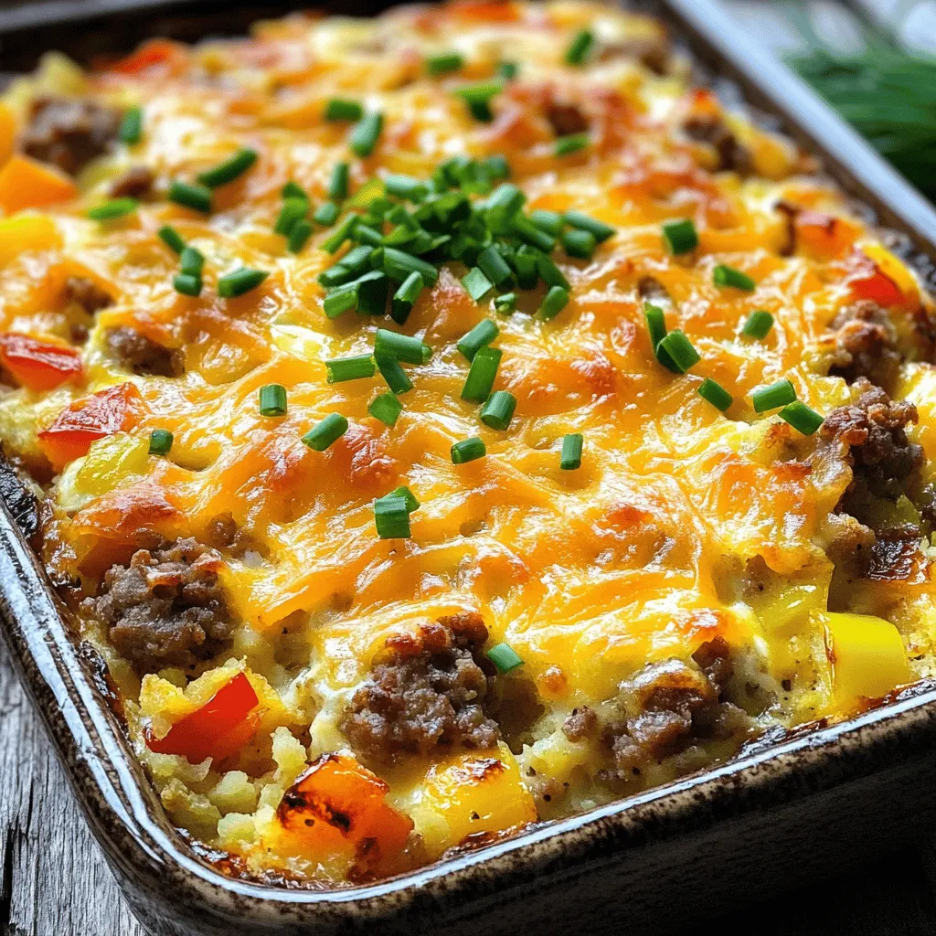 - 6 large eggs - 2 cups diced hash brown potatoes (fresh or frozen) - 1 cup cooked breakfast sausage, crumbled - 1 cup shredded cheddar cheese - 1/2 cup diced bell peppers (mixed colors) - 1/2 cup diced onions - 1 teaspoon garlic powder - 1 teaspoon paprika - Salt and pepper to taste - 2 tablespoons chopped fresh chives (for garnish)
