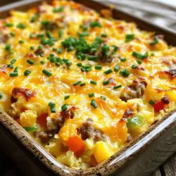 - 6 large eggs - 2 cups diced hash brown potatoes (fresh or frozen) - 1 cup cooked breakfast sausage, crumbled - 1 cup shredded cheddar cheese - 1/2 cup diced bell peppers (mixed colors) - 1/2 cup diced onions - 1 teaspoon garlic powder - 1 teaspoon paprika - Salt and pepper to taste - 2 tablespoons chopped fresh chives (for garnish)