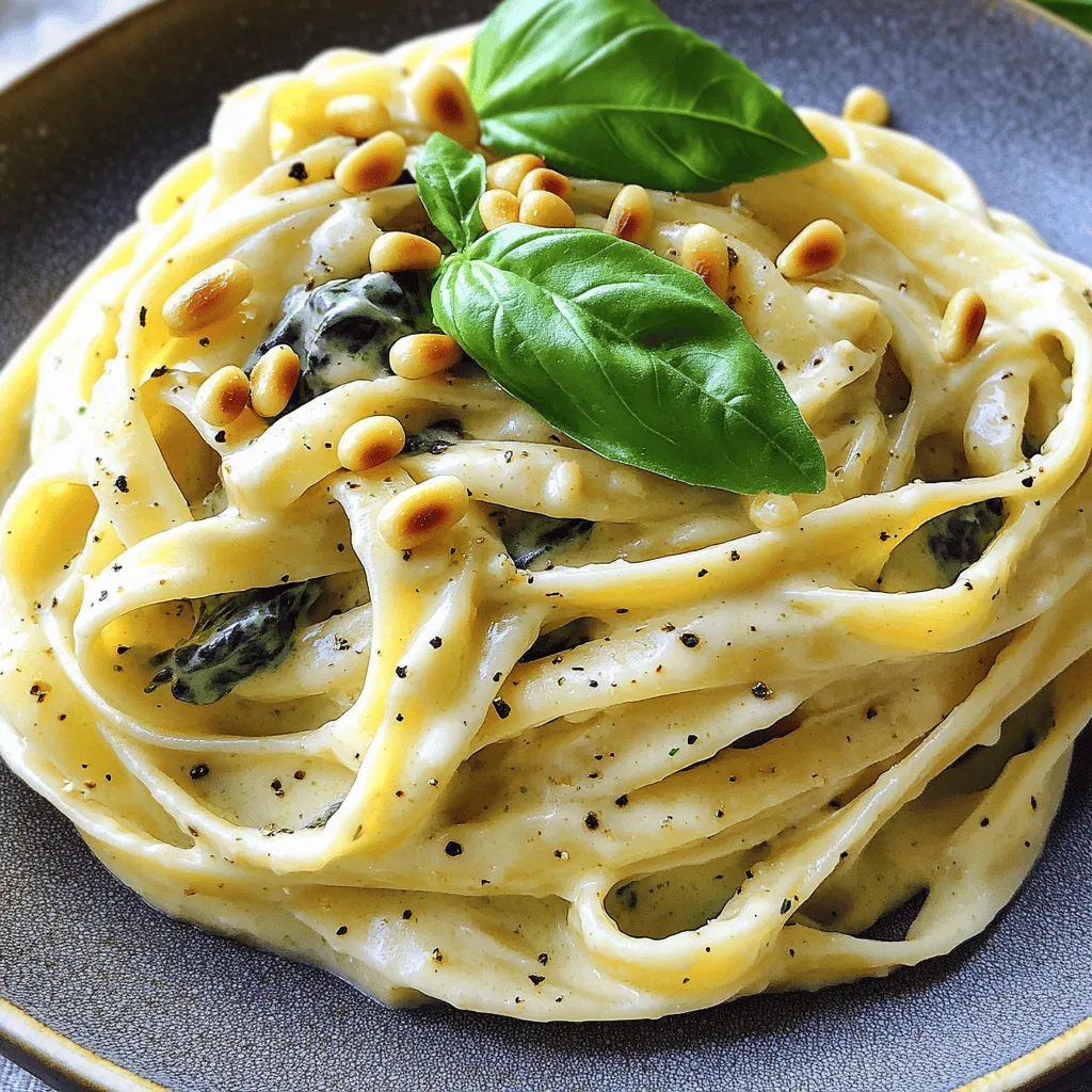 - 8 oz fettuccine pasta - 2 tablespoons olive oil - 3 cloves garlic, minced - 1 small onion, chopped - 10 oz fresh spinach, chopped - 1 cup heavy cream - 1/2 cup grated Parmesan cheese - 1/2 teaspoon nutmeg - Salt and pepper to taste - 1/4 cup pine nuts, toasted - Fresh basil leaves for garnish