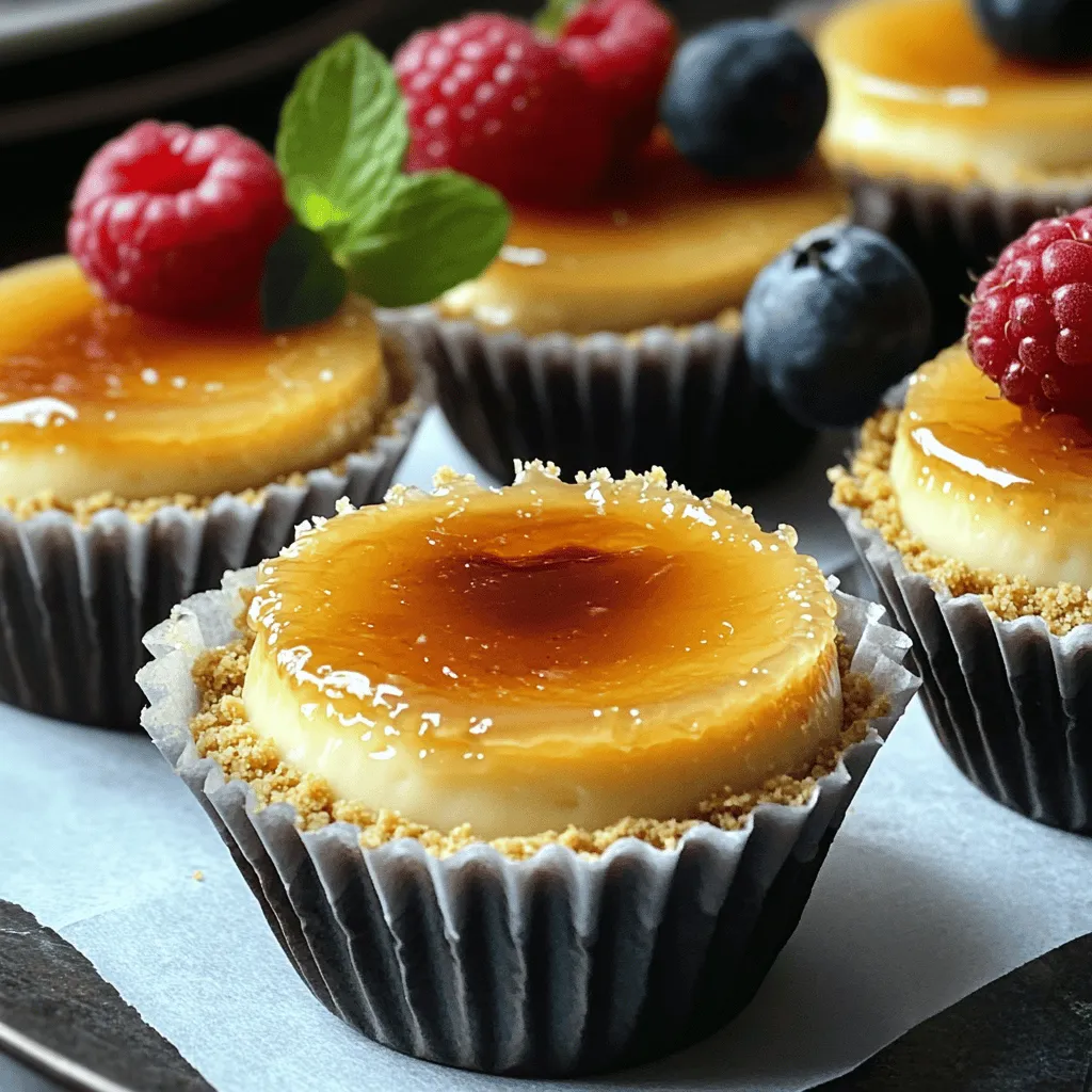 To make these delightful mini desserts, gather the following ingredients: - 1 cup graham cracker crumbs - 4 tablespoons unsalted butter, melted - 2 cups cream cheese, softened - 1 cup granulated sugar, divided - 1 teaspoon vanilla extract - 1 teaspoon almond extract - 3 large eggs - 1 cup heavy cream - Pinch of salt - Extra sugar for caramelizing