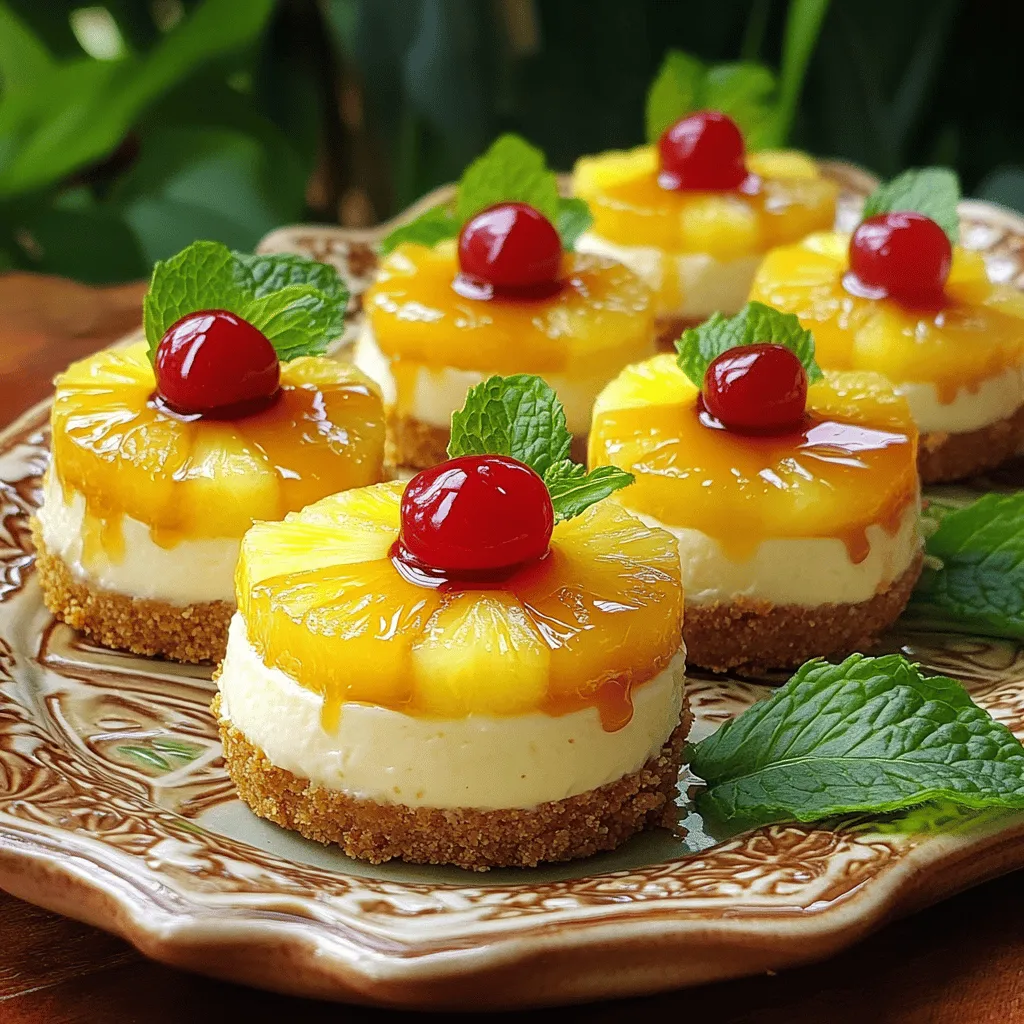 - <strong>Cream cheese, pineapple, and graham cracker crust</strong>: Cream cheese gives the cheesecake its rich, creamy texture. Pineapple adds a sweet and tangy flavor. The graham cracker crust provides a crunchy base.” /></p>
</p>
<h2>Variations</h2>
</p>
<h3>Flavor Twist Ideas</h3>
</p>
<p>You can switch up the flavor of these mini cheesecakes. Try adding different fruits like mango or berries. They add a fresh taste and a pop of color. Infusing flavors like coconut or rum extract gives a fun twist too. A few drops of coconut extract can evoke tropical vibes.</p>
</p>
<h3>Healthier Substitutions</h3>
</p>
<p>If you want a lighter version, use light cream cheese or Greek yogurt. These options keep the creamy texture while cutting down on fat. You can also try reduced-sugar versions. They taste great and support healthier eating choices.</p>
</p>
<h3>Special Occasion Modifications</h3>
</p>
<p>For special events, get creative with toppings. Use holiday-themed decorations like colorful sprinkles for birthdays or red and green for Christmas. You can even personalize each cheesecake for anniversaries. A small name tag on the plate can make your dessert feel special.</p>
</p>
<p>Feel free to explore these variations with your mini pineapple upside-down cheesecakes. They will impress your friends and family. For the complete details on making these delicious treats, check out the Full Recipe.</p>
</p>
</p>
<h2>Storage Info</h2>
</p>
<h3>Refrigeration Guidelines</h3>
<p>To keep your mini cheesecakes fresh, store them in the fridge. I recommend using an airtight container. This will help prevent them from absorbing any other smells in the fridge. If you place them in a single layer, they will stay nice and pretty. You can also use plastic wrap to cover the cheesecakes if you don’t have a container. This keeps the moisture in and helps them taste great for longer.</p>
</p>
<h3>Freezing Instructions</h3>
<p>If you want to save some for later, freezing is a great option. First, let the mini cheesecakes cool completely. Next, wrap each one in plastic wrap. Then, place them in a freezer-safe bag or container. Make sure to label them with the date. When you’re ready to enjoy them, take them out of the freezer. Let them thaw in the fridge overnight for the best texture. Avoid using the microwave, as it can make them soggy.</p>
</p>
<h3>Shelf Life</h3>
<p>In the fridge, these mini cheesecakes last about 5 days. You can enjoy them chilled or let them come to room temperature. If you freeze them, they can last for up to 2 months. Just remember that the sooner you eat them, the better they will taste. For a quick reference, check the Full Recipe to see all the steps for making these delicious treats!</p>
</p>
<h2>FAQs</h2>
</p>
<h3>Can I make these mini cheesecakes ahead of time?</h3>
<p>Yes, you can make these mini cheesecakes ahead. I often prepare them a day in advance. This helps the flavors blend well. Just remember to chill them overnight. Store them in the fridge in an airtight container. This keeps them fresh and tasty.</p>
</p>
<h3>What if I don’t have graham crackers?</h3>
<p>If you don’t have graham crackers, don’t worry! You can use other options like digestive biscuits or vanilla wafers. Crushed pretzels add a fun twist too. Just ensure they are finely crushed for the best crust.</p>
</p>
<h3>How do I know when the cheesecakes are done?</h3>
<p>Check the cheesecakes after 20 minutes. They should look set but still jiggle a bit in the center. If they are too firm, they may be overbaked. The edges will be slightly puffed, and the center will have a soft texture.</p>
</p>
<h3>Full Recipe</h3>
<p>For the complete preparation steps and ingredient list, refer to the Full Recipe section.</p>
</p>
<p>In this post, we covered how to make delicious mini cheesecakes. We discussed key ingredients like cream cheese, pineapple, and graham cracker crust. You learned step-by-step instructions for preparation, assembly, and cooling. Tips to enhance the crust, achieve the right texture, and present beautifully were also shared.</p>
</p>
<p>These mini cheesecakes can fit any occasion. They are simple to make, delicious, and sure to impress your friends and family. I hope you enjoy creating your own unique flavors and serving these tasty treats!</p>
</div>