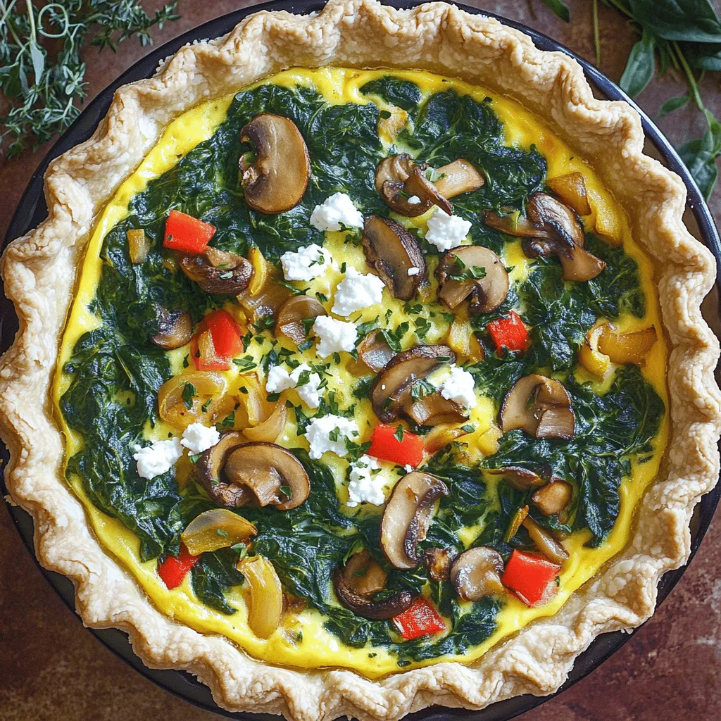 The right ingredients make your vegetable quiche shine. Here’s what you need: - 1 pre-made pie crust (9-inch) - 2 cups fresh spinach, chopped - 1 cup mushrooms, sliced - 1 small red bell pepper, diced - 1 small onion, finely chopped - 3 large eggs - 1 cup milk (or half-and-half for creamier texture) - 1 cup crumbled feta cheese - 1 teaspoon dried oregano - Salt and pepper to taste - 1 tablespoon olive oil These ingredients bring flavor and texture to your dish. The spinach provides a fresh taste, while the mushrooms add earthiness. Red bell pepper gives a sweet crunch, and onion offers a savory base. The eggs and milk create a rich filling, and feta cheese adds a nice tang. Dried oregano ties it all together with an aromatic touch. Feel free to experiment with these ingredients. You can swap veggies or cheese based on what you have. The Full Recipe includes more tips for a perfect quiche. Set your oven to 375°F (190°C). This temperature helps the quiche cook evenly. Preheating is key for a perfect bake. Heat one tablespoon of olive oil in a skillet over medium heat. Add the chopped onion and diced red bell pepper. Sauté for 3-4 minutes until soft. Next, add sliced mushrooms and cook for another 3 minutes. Finally, toss in the chopped spinach. Cook until it just wilts, about 1-2 minutes. Season with salt, pepper, and oregano. Remove from heat and let cool slightly. In a mixing bowl, whisk together three large eggs and one cup of milk or half-and-half. Stir in one cup of crumbled feta cheese. Season with salt and pepper to taste. This mixture will bind the quiche together. Add the cooled sautéed vegetables to the egg and cheese mixture. Stir gently until everything is well combined. This ensures every bite is packed with flavor. Take your pre-made 9-inch pie crust and pour the vegetable and egg mixture into it. Make sure it spreads evenly in the crust. This step is crucial for a balanced quiche. Place the filled quiche in your preheated oven. Bake for about 35-40 minutes. Check for doneness by inserting a knife into the center. If it comes out clean, your quiche is ready. After baking, let the quiche cool for about 10 minutes. This cooling time helps the filling set. Slice into wedges and serve warm or at room temperature. Enjoy with a light salad for a full meal. For more tips, check the Full Recipe. To get that golden brown top on your quiche, follow these steps: - Preheat your oven to 375°F (190°C). This ensures even cooking. - Use a pie crust that is fully thawed before filling. A cold crust can lead to sogginess. - Cover the edges with foil if they brown too fast. This keeps the crust from burning. - Check doneness by inserting a knife into the center. It should come out clean. To boost the taste of your quiche, consider these herbs and spices: - Thyme adds a nice earthy flavor. - Basil gives a sweet, aromatic touch. - Red pepper flakes can add a kick if you enjoy spice. - Garlic powder enhances overall flavor without being overpowering. Experiment with different combinations to find what you love best. Serving your quiche well makes it even more enjoyable. Here are some ideas: - Garnish with fresh herbs like parsley or dill for color and flavor. - Slice into wedges for easy serving. - Pair with a light salad for a fresh side. A simple vinaigrette works great. - Use a colorful plate to make your dish pop. This adds visual appeal. These small touches can make your meal feel special. {{image_2}} You can change the veggies in your quiche easily. Try using zucchini, broccoli, or even kale. I love adding roasted tomatoes for a burst of flavor. Carrots also work well if you want a hint of sweetness. Just remember to chop them small for even cooking. You can mix and match based on what you like or have in your fridge. Cheese adds creaminess and flavor to the quiche. While feta is great, you can try cheddar, mozzarella, or even goat cheese. Each cheese brings its own taste. For a sharper flavor, use aged cheddar. If you prefer something milder, mozzarella is perfect. Mix different cheeses for a unique twist. If you need a gluten-free option, use almond flour or a store-bought gluten-free crust. You can also make a crust from mashed potatoes for a fun twist. If you prefer homemade, try a simple dough with flour, butter, and water. It’s easy to make and tastes fresh. Choose what fits your diet and taste best. For the complete experience, check the Full Recipe for all the details! To store leftover quiche, let it cool first. Once cooled, cover it tightly with plastic wrap or foil. Place the quiche in the fridge. This keeps it fresh and tasty for later. Enjoy it within three to four days for the best flavor. Freezing quiche is easy. First, let it cool completely. Then, wrap slices in plastic wrap. After that, place the slices in a freezer-safe bag. Make sure to squeeze out all the air. This will help keep the quiche fresh. When you're ready to eat, thaw it in the fridge overnight. Then, reheat in the oven at 350°F (175°C) until warm. When stored properly, a vegetable quiche lasts about three to four days in the fridge. If you freeze it, it can last up to two months. Always check for signs of spoilage, like changes in smell or texture, before eating. Enjoy your savory spinach and feta vegetable quiche at its best! For the full recipe, check the section above. Yes, you can swap cheeses! Try cheddar, mozzarella, or goat cheese for new flavors. Each cheese adds a unique taste and texture. For a rich and creamy quiche, use Gruyère. Mix and match to find your favorite. Bake your vegetable quiche for 35 to 40 minutes at 375°F (190°C). Ovens vary, so check for doneness. If the center is set and the top is golden, it’s ready. A knife inserted should come out clean. Absolutely! Prepare your quiche ahead of time for easy meals. You can bake it, cool it, and store it in the fridge for up to four days. Reheat slices in the oven or microwave. Meal prep made simple! Pair your quiche with a fresh salad or roasted veggies. A light vinaigrette complements the dish well. For drinks, try sparkling water or a glass of white wine. These sides enhance flavors and make a complete meal. Look for a firm center and a golden top. Gently shake the quiche; if it jiggles slightly, it needs more time. Insert a knife in the center. If it comes out clean, your quiche is done. Enjoy your perfect quiche! For the full recipe, check out the savory spinach and feta vegetable quiche! This blog post walks you through making a tasty vegetable quiche. We covered key ingredients, step-by-step baking instructions, and valuable tips. You learned how to customize your quiche with different veggies and cheeses. Plus, I shared storage tips to keep leftovers fresh. In summary, quiche is versatile and easy to make. Enjoy exploring new flavors and sharing this dish with others! Your culinary journey starts now; get cooking!