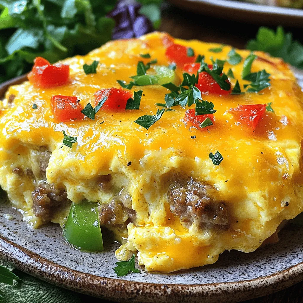 To make the Cheesy Sausage and Egg Casserole, gather these items: - 1 pound breakfast sausage - 8 large eggs - 2 cups milk - 1 cup shredded cheddar cheese - 1 cup diced bell peppers (mix of red and green for color) - 1 cup diced onions - 2 cups cubed bread (preferably sourdough or French) - 1 teaspoon garlic powder - 1 teaspoon onion powder - Salt and pepper to taste - Fresh parsley for garnish