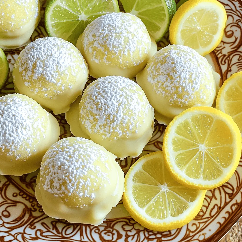 To make these tasty truffles, gather the following ingredients: - 1 cup sugar cookie dough (store-bought or homemade) - 1 cup crushed lemon-lime cookies (like Lemonades or key lime cookies) - Zest of 1 lemon - Zest of 1 lime - 1/4 cup cream cheese, softened - 1/2 cup white chocolate chips - 1 tablespoon lemon juice - 1 tablespoon lime juice - 1/2 cup powdered sugar (for rolling) These ingredients create a burst of lemon and lime flavor. The sugar cookie dough forms a nice base, while the crushed cookies add crunch. You can tweak the truffles to suit your taste. Here are some ideas: - Add a pinch of sea salt for contrast. - Use dark chocolate chips instead of white. - Swap in different fruit zests, like orange or grapefruit. - Fold in chopped nuts for extra texture. These options let you play around and make the truffles your own. When choosing cookies to crush, go for ones with a strong citrus flavor. The best options include: - Lemonades - Key lime cookies - Lemon sandwich cookies These cookies will add great taste and texture to your truffles. You can experiment with different brands or flavors, too. For the full recipe, check out the detailed instructions to guide you through the process. Start by gathering your ingredients. In a large bowl, mix the sugar cookie dough, crushed cookies, lemon zest, lime zest, cream cheese, lemon juice, and lime juice. Stir well until everything combines into a smooth mix. Next, take small amounts of the dough and roll them into 1-inch balls. Place these balls on a baking sheet lined with parchment paper. Once you finish forming all the truffles, refrigerate them for 30 minutes. This will help them hold their shape. To melt the white chocolate, use a microwave-safe bowl. Heat the chocolate chips in 30-second intervals. Stir the chocolate after each interval. This method helps prevent burning the chocolate. Keep heating until the chocolate melts completely and is smooth. Remember, patience is key here. If you rush, you might end up with clumpy chocolate. After dipping each truffle in melted chocolate, place them back on the lined baking sheet. Before the chocolate hardens, roll the truffles in powdered sugar. This will add a sweet touch. Once all truffles have their coating, refrigerate them again for 15 minutes. This final chill allows the chocolate to set nicely, giving you a perfect bite every time. Enjoy these delightful treats at room temperature or straight from the fridge! To shape your truffles just right, start with cold dough. Use your hands to roll the dough into small balls, about 1 inch wide. If the dough sticks, lightly dust your hands with powdered sugar. This keeps your truffles smooth and helps them hold their shape. Make sure all the balls are similar in size for even coating and a neat look. One common mistake is using warm dough. Warm dough can be hard to shape. Always chill your mixture before rolling. Another mistake is not letting the truffles chill enough. Chilling helps them firm up and keeps them from falling apart when dipped. Also, avoid over-melting the chocolate. Melt it slowly and watch it closely. This keeps the chocolate smooth and easy to work with. You can boost flavor by adding more zest. Try mixing in zest from orange or grapefruit for a fun twist. Just remember, keep the amount balanced. A little extra zest goes a long way. This small change can bring a fresh taste to the truffles. You can also add a pinch of sea salt to enhance the sweet and tangy flavors of the lemon and lime. {{image_2}} You can change the flavor of these truffles easily. Try using orange or coconut for a twist. For orange truffles, replace lemon and lime zest with orange zest. Use orange juice instead of lemon and lime juice. For a coconut version, add shredded coconut to the dough. This adds a nice chew and a tropical vibe. You can also dip truffles in white chocolate mixed with coconut. Each option keeps the fun while changing the taste. If you need dairy-free options, use dairy-free cream cheese. Look for a brand that melts well. You can also swap white chocolate chips with dairy-free ones. Check labels to make sure they fit your needs. This way, everyone can enjoy these treats without worry. They taste just as great, and you won’t miss the dairy! Mix-ins can add a fun crunch to your truffles. Try adding chopped nuts or crushed pretzels for a salty contrast. Mini chocolate chips also work well if you want extra sweetness. You could even toss in sprinkles for a festive touch. Just remember not to overload the mix. A little goes a long way to keep the truffles smooth and tasty. For more ideas, check out the Full Recipe. To keep your Lemon-Lime Sugar Cookie Truffles fresh, use an airtight container. Place a layer of parchment paper between layers to avoid sticking. Store them in the fridge for up to a week. This method keeps the truffles cool and maintains their creamy texture. If you want to keep them longer, consider freezing. For long-term storage, freeze the truffles. First, arrange them on a baking sheet in a single layer. Freeze them until firm, about 30 minutes. Once frozen, transfer the truffles into a freezer-safe bag or container. They can last up to three months in the freezer. Remember to label the bag with the date. When you're ready to enjoy the truffles, take them out of the fridge or freezer. If frozen, let them thaw in the fridge for a few hours. This keeps the truffles from becoming too soft too quickly. Serve them chilled or at room temperature for the best taste. Yes, you can use gluten-free sugar cookie dough. Many brands offer great options. Just make sure the dough has a similar texture. This will help keep your truffles soft and tasty. If you make homemade dough, use gluten-free flour blends. They work well in this recipe. These truffles stay good for about one week. Store them in an airtight container in the fridge. If you want to keep them longer, you can freeze them. Just remember to thaw them before serving. They taste best chilled or at room temp! You can swap cream cheese with Greek yogurt or a dairy-free cream cheese. These options will still keep your truffles creamy. If you use Greek yogurt, make sure it’s plain and unsweetened. This will balance the flavors nicely. For the best taste, stick to the recipe for maximum delight. You can find the full recipe above for reference! In this article, I covered how to make Lemon-Lime Sugar Cookie Truffles. We explored the right ingredients and detailed preparation steps. I shared tips for shaping the perfect truffles and avoiding common mistakes. We also discussed fun variations and storage tips. Overall, these truffles are a delicious treat you can customize. Enjoy experimenting with flavors and textures. Your friends will love them! Happy baking!