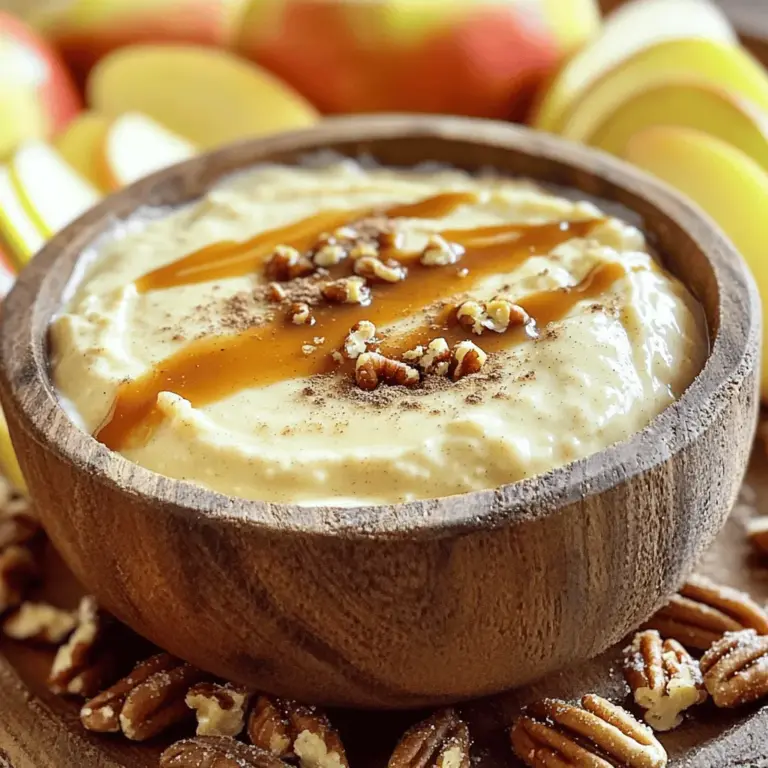Let’s dive into the ingredients for the caramel apple dip with cream cheese. Each one brings a special flavor and texture to this delicious treat. - Cream Cheese: Use 8 oz of softened cream cheese for a smooth base. - Caramel Sauce: One cup of caramel sauce adds sweet richness. You can use store-bought or make your own. - Vanilla Extract: One teaspoon of vanilla extract gives a warm, sweet note. - Ground Cinnamon: Use 1/2 teaspoon of ground cinnamon for a hint of spice. - Brown Sugar: Two tablespoons of brown sugar adds depth and sweetness. - Chopped Nuts (Pecans or Walnuts): 1/2 cup of chopped nuts adds crunch and flavor. This is optional but tasty! - Crisp Apples (Granny Smith, Honeycrisp, Fuji): Choose 2 to 3 crisp apples. They should be sliced for dipping. These ingredients work together to create a creamy, sweet dip that pairs perfectly with fresh apples. For the full recipe, check out the detailed instructions I provided earlier. Enjoy creating this delightful dip! - Mixing the Base Ingredients Start by taking your softened cream cheese. Place it in a mixing bowl. Add the caramel sauce and vanilla extract. This mix creates a sweet, creamy base. Use a hand mixer to blend everything together. Mix until it is smooth and creamy, about 1-2 minutes. - Incorporating Cinnamon and Sugar Next, add the ground cinnamon and brown sugar to the bowl. These ingredients add warmth and flavor. Mix again until the cinnamon and sugar are fully blended. This step is key for a balanced taste in your dip. - Folding in Optional Nuts If you want some crunch, now is the time to add nuts. You can use chopped pecans or walnuts. Gently fold them into the mixture. This step adds texture and makes the dip even more delightful. - Final Presentation and Serving To serve, transfer your dip to a nice serving bowl. Use a spatula to smooth the top. For a pretty touch, drizzle some caramel sauce over the top. If you like, sprinkle a bit of extra cinnamon too. Serve right away with your sliced apples. You can also chill it for up to one hour for the flavors to meld. For a fun look, place the dip on a wooden board with apple slices around it. This makes a beautiful display for your guests. If you want the full details, check out the Full Recipe. Achieving the Right Consistency To make your dip smooth, blend the cream cheese well. You want it creamy, not lumpy. If it feels too thick, add a splash of milk. This helps achieve that perfect, dip-able texture. Enhancing Flavor Combinations Try adding a pinch of sea salt for a sweet-salty mix. You might also add a dash of nutmeg for warmth. Different spices can change the taste, so feel free to play around with flavors. Presentation Techniques for Serving For a stunning look, serve your dip on a wooden board. Surround it with colorful apple slices. Drizzle extra caramel on top for a nice shine. A sprinkle of chopped nuts can add crunch and charm. This makes your dip not just tasty, but also very pretty. {{image_2}} You can make your caramel apple dip even more fun. Here are some tasty ideas: - Using Different Nut Options Try different nuts to change the flavor. Almonds, peanuts, or hazelnuts work well. Chop them finely for a nice crunch in every bite. You can mix and match your favorites or use none at all if you prefer a nut-free dip. - Adding Chocolate Chips or Crushed Candy Want a sweet twist? Add chocolate chips or crushed candy on top. Mini chocolate chips melt slightly into the dip, making it richer. Crushed candy like toffee or Snickers adds a fun crunch and extra sweetness. - Exploring Different Apple Varieties Apples come in many flavors and textures. Try different types like Granny Smith for tartness or Fuji for sweetness. Mixing apple varieties can create a unique taste experience. Choose a mix that fits your mood! You can find the full recipe here: [Full Recipe]. Enjoy creating your own special version! Refrigeration Guidelines To keep your caramel apple dip fresh, store it in an airtight container. Place it in the fridge right after you finish serving. It stays good for up to three days. If you plan to keep it longer, consider freezing it. Reheating Tips When you want to enjoy it warm, take it out of the fridge. Let it sit for about 15 minutes at room temperature. Then, microwave it for 15-20 seconds. Stir it well before serving. This helps restore its creamy texture. Recommended Serving Duration This dip is best when served fresh. If you leave it out for more than two hours, throw it away. Bacteria can grow in food that sits at room temperature too long. Always serve it with fresh apple slices for the best taste! You can find the full recipe for caramel apple dip [here]. Can I use low-fat cream cheese? Yes, you can use low-fat cream cheese. It will still taste great. Just keep in mind, the dip might be a bit less creamy. How long does the dip last in the fridge? The dip lasts about 3 days in the fridge. Store it in an airtight container. Can I make this dip ahead of time? Yes, you can make the dip a day before. Just cover it well, and store it in the fridge. It will taste even better after chilling. What can I serve with caramel apple dip besides apples? You can serve it with pretzels, graham crackers, or even sliced pears. Each option adds a fun twist! For the full recipe, check the details above. In this blog post, I covered how to make a delicious caramel apple dip. We looked at the key ingredients like cream cheese and caramel, and discussed step-by-step instructions for crafting it. I shared useful tips to perfect the dip and highlighted fun variations to try. Storing your dip properly ensures it stays fresh for longer. Remember, you can customize this recipe with different apples or mix-ins. Enjoy creating your caramel apple dip, and make it your own!