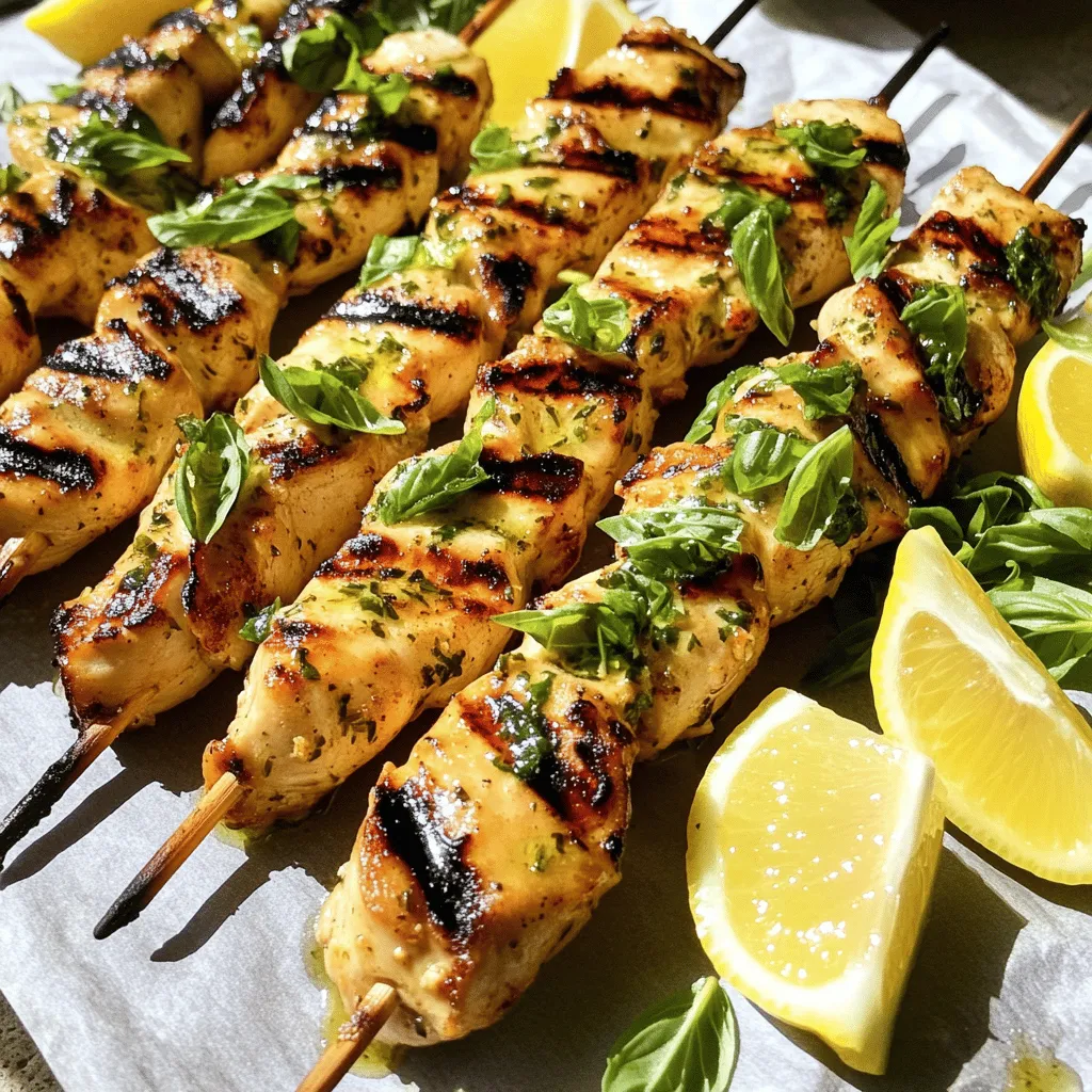 For Lemon Basil Chicken Skewers, you will need the following items: - 2 boneless, skinless chicken breasts (about 1 lb), cut into 1-inch cubes - 1/4 cup fresh basil leaves, finely chopped - 1/4 cup fresh lemon juice (about 2 lemons) - Zest of 1 lemon - 3 tablespoons olive oil - 2 cloves garlic, minced - 1 teaspoon honey - Salt and pepper to taste - Skewers (wooden or metal) When making this dish, fresh ingredients are best. Fresh basil adds a bright taste that dried basil cannot match. Fresh lemon juice gives a tangy kick that enhances the chicken. If you use dried herbs, the flavor might not pop as much. Always choose fresh when possible. Quality matters in cooking. Good chicken makes a big difference in taste and texture. I always look for organic or free-range chicken. Fresh lemons and basil elevate the dish. They bring vibrant flavors that make your meal stand out. Using high-quality ingredients leads to better results. You enjoy the food more, and it looks better on the plate. Trust me, it’s worth it! For the full recipe, check out the details above. To make Lemon Basil Chicken Skewers, start by gathering your ingredients. In a large bowl, mix the chopped basil, lemon juice, lemon zest, olive oil, minced garlic, honey, salt, and pepper. Whisk these together until they blend well. Next, add the cubed chicken and coat each piece with the marinade. Cover the bowl and place it in the fridge. Marinating adds deep flavor to the chicken. I recommend marinating for at least 30 minutes. If you have more time, let it sit for 2 hours. This will help the chicken absorb all the lemon and basil goodness. When you’re ready to grill, soak wooden skewers in water for 30 minutes. This prevents them from burning. Preheat your grill to medium-high heat. Thread the chicken onto the skewers, leaving space between each piece. Grill the skewers for about 10-12 minutes. Turn them every few minutes. The chicken is done when it reaches 165°F. Let the skewers rest for a couple of minutes before serving. Enjoy the burst of flavors! To get the best flavor in your Lemon Basil Chicken Skewers, marinate the chicken well. I suggest letting it sit for at least 30 minutes. For deeper flavor, let it marinate for up to 2 hours. Use fresh basil for a bright taste. The lemon juice and zest add acidity, which brightens the dish. You can also mix in a pinch of red pepper flakes for a hint of heat. This combination makes each bite burst with flavor. When making these skewers, having the right tools helps a lot. You need a grill or grill pan to cook the chicken. A meat thermometer is useful, too. It helps you check if the chicken is cooked through. If you use wooden skewers, soak them in water for 30 minutes. This step stops them from burning on the grill. Metal skewers work well, too, and they are reusable. Food safety is key when working with chicken. Always wash your hands before and after handling raw chicken. Use separate cutting boards for meat and veggies to avoid cross-contamination. Cook chicken until it reaches an internal temperature of 165°F. This step ensures your chicken is safe to eat. If you have leftovers, store them in the fridge within two hours. This practice helps keep them fresh and safe. {{image_2}} You can swap chicken for other proteins. Try shrimp for a quick cook. Use beef for a heartier taste. Pork also works well with lemon and basil. Each protein absorbs the marinade well, adding flavor. If you want a meat-free meal, tofu is a great choice. Firm tofu holds its shape on the grill. You can also use tempeh for a nutty taste. Marinate these just like chicken. Grilled halloumi cheese gives a nice salty kick. Veggies enhance the skewers with color and crunch. Bell peppers, zucchini, and cherry tomatoes work well. Cut them into bite-sized pieces for easy grilling. Soak the skewers in the marinade for extra flavor. You can mix and match your favorite vegetables. This adds fun and nutrition to your meal. For the full recipe, check out the Lemon Basil Chicken Skewers section. To keep your Lemon Basil Chicken Skewers fresh, let them cool first. Place the skewers in an airtight container. You can store them in the fridge for up to three days. Make sure they are fully covered to prevent any odors from other foods. To reheat your chicken skewers, use an oven or skillet. Preheat the oven to 350°F. Place the skewers on a baking sheet and cover them with foil. Heat for about 10-15 minutes until warm. If using a skillet, add a little olive oil and heat over medium heat. Turn them often to avoid burning. This keeps the chicken juicy and flavorful. You can freeze the chicken skewers too. First, let them cool completely. Wrap each skewer in plastic wrap, then place them in a freezer bag. Remove as much air as possible. They can stay in the freezer for up to three months. When ready to eat, thaw them in the fridge overnight before reheating. This way, you’ll enjoy a quick meal without losing flavor. For the full recipe, check out the earlier sections. The best way to marinate chicken for skewers is to use a mix of fresh herbs, citrus, and oil. Start with a base of lemon juice and zest. This adds brightness and flavor. Then, add chopped basil for a fresh taste. Olive oil helps to keep the chicken moist. Mix these ingredients in a bowl. Add minced garlic for depth and honey for sweetness. Make sure to season with salt and pepper. Whisk everything together until combined. Add your chicken cubes and coat them well. Let the chicken marinate for at least 30 minutes. For even better flavor, marinate it for two hours. Cook chicken skewers on the grill for about 10 to 12 minutes. Preheat your grill to medium-high heat before placing the skewers on it. Turn the skewers every few minutes to ensure even cooking. The chicken is done when it turns golden brown and reaches an internal temperature of 165°F. Use a meat thermometer for accuracy. This helps you avoid undercooked or overcooked chicken. Let the skewers rest for a couple of minutes after grilling. This allows the juices to settle back into the meat. Yes, you can make Lemon Basil Chicken Skewers ahead of time. Marinate the chicken and then cover it tightly. Place it in the fridge for up to two hours before grilling. If you want to prepare them more in advance, you can skew the chicken and store it in the fridge. Cook the skewers within 24 hours for the best taste. You can also freeze the marinated chicken for later use. Just make sure to thaw it completely before grilling. This recipe is simple and can easily fit into your meal prep routine. For the complete recipe, check out the Full Recipe section. This post covered key elements for making tasty chicken skewers. We discussed choosing high-quality ingredients, step-by-step cooking methods, and expert tips for grilling. Exploring variations, like alternative proteins, adds fun to your meals. Storing leftovers safely ensures you can enjoy them later. Remember, the right marinade and cooking time make all the difference. Now, you have the tools to create delicious skewers that your friends and family will love. Enjoy your cooking adventure!