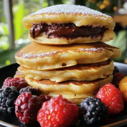 - 1 cup all-purpose flour - 2 tablespoons sugar - 1 tablespoon baking powder - 1/2 teaspoon salt - 1 cup milk - 1 large egg - 2 tablespoons melted butter (plus extra for cooking) - 1/2 cup Nutella - Powdered sugar for dusting (optional) - Fresh berries for garnish (optional) The main ingredients are simple. You need flour, sugar, and baking powder. These form the base for your pancakes. The milk and egg add moisture and richness. Melted butter gives a nice flavor and helps pancakes cook well. Nutella is the star filling. It melts beautifully inside. You can dust the pancakes with powdered sugar. Fresh berries add color and taste. - Mixing bowls - Whisk - Non-stick skillet or griddle - Measuring cups and spoons Having the right tools makes cooking easier. Mixing bowls are for combining dry and wet ingredients. A whisk helps mix them smoothly. A non-stick skillet or griddle is best for cooking. It prevents sticking and ensures even cooking. Measuring cups and spoons help get the amounts just right. For the full recipe, you can check the detailed instructions to make these delicious pancakes! First, gather your ingredients. In a medium bowl, whisk together: - 1 cup all-purpose flour - 2 tablespoons sugar - 1 tablespoon baking powder - 1/2 teaspoon salt Mix these dry ingredients well. In another bowl, combine: - 1 cup milk - 1 large egg - 2 tablespoons melted butter Stir these wet ingredients until blended. Now, pour the wet mixture into the dry ingredients. Mix gently. The batter should be slightly lumpy, so do not overmix. Heat a non-stick skillet over medium heat. Add a small amount of butter to coat the pan. For each pancake, pour 1/4 cup of batter into the skillet. Then, add about 1 tablespoon of Nutella right in the center. Now, cover the Nutella with another 1/4 cup of batter. Cook for about 2-3 minutes. Look for bubbles forming on top. Once you see them, flip the pancake. Cook for another 2-3 minutes until golden brown. Repeat this with the remaining batter and Nutella. Once the pancakes are done, serve them warm. Dust the top with powdered sugar for extra sweetness. If you like, add fresh berries for a lovely garnish. Enjoy this delicious treat! For the full recipe, check out the complete guide. To make the best pancakes, you must avoid overmixing the batter. When you mix too much, the pancakes can turn tough. You want a slightly lumpy batter for soft and fluffy pancakes. Next, adjust the heat for even cooking. If your skillet is too hot, the pancakes will burn on the outside but stay raw inside. Medium heat works best for cooking them perfectly. Serve your Nutella stuffed pancakes with fresh fruits or whipped cream. Slices of banana or strawberries add nice flavor. You can also drizzle chocolate sauce on top for extra sweetness. This makes the pancakes look fancy and taste even better. For an extra flavor boost, add vanilla extract to the batter. Just a teaspoon will make a big difference. You can also experiment with spices like cinnamon. A pinch of cinnamon adds warmth and pairs well with Chocolate. These simple tweaks elevate your pancake game! For the full recipe, check the [Full Recipe]. {{image_2}} You can switch Nutella for other tasty options. Peanut butter works great and adds a nutty flavor. Simply spread it in the center like you would with Nutella. For a fruity twist, try fruit preserves or fresh fruit. Strawberry jam or banana slices can make your pancakes pop with flavor. If you need gluten-free pancakes, use a gluten-free flour mix. This keeps the taste and texture nice. For those who want a dairy-free option, swap regular milk for almond or oat milk. Both alternatives blend well and keep your pancakes fluffy. Changing up the flavors can keep breakfast exciting! For fall, add pumpkin spice to your batter. In winter, try peppermint extract for a festive touch. These themed pancakes can turn any morning into a special occasion. For the full recipe, check the main article. To keep your Nutella stuffed pancakes fresh, store them in an airtight container. Place a piece of parchment paper between each pancake to avoid sticking. They stay good in the fridge for up to three days. For longer storage, freeze your pancakes. First, let them cool completely. Then, stack them with parchment paper in between. Place the stack in a freezer-safe bag. When you're ready to eat, reheat them in a toaster or microwave. This keeps them soft and tasty. If you have extra Nutella, try using it in smoothies or as a dip for fruits. You can also make Nutella toast or add it to oatmeal. For leftover batter, consider making mini pancakes or waffles. They taste great and help reduce waste! Yes, you can prepare Nutella stuffed pancakes in advance. To meal prep, cook the pancakes as directed. Let them cool completely. Then, stack them between layers of parchment paper. Place them in an airtight container. You can store them in the fridge for up to three days. For longer storage, freeze them. They last about a month in the freezer. When ready to eat, just reheat in a toaster or microwave. This saves time on busy mornings! If you're looking for alternatives to Nutella, there are plenty of options. You can try almond butter or peanut butter for a nutty flavor. If you want a vegan option, use cocoa spread that is dairy-free. Fruit preserves or fruit butter can also work well. They add sweetness and a fresh taste. Explore different flavors and find what you like best! To make your Nutella stuffed pancakes even more decadent, try adding toppings. Fresh whipped cream gives a light and fluffy touch. You can also drizzle melted chocolate on top for extra sweetness. Sprinkle chopped nuts for a nice crunch. Fresh berries add a juicy burst of flavor. You can also dust with powdered sugar for a pretty finish. These little extras can elevate your pancakes to a whole new level! Nutella stuffed pancakes are simple yet delicious. With easy ingredients and tools, you can make these tasty treats. Follow the step-by-step guide to create perfect pancakes every time. Remember to adjust heat and avoid overmixing for the best texture. Don’t hesitate to experiment with flavors and fillings. You can even store leftovers for later enjoyment. Enjoy your cooking journey, and have fun with different toppings and variations. These pancakes are sure to impress anyone!