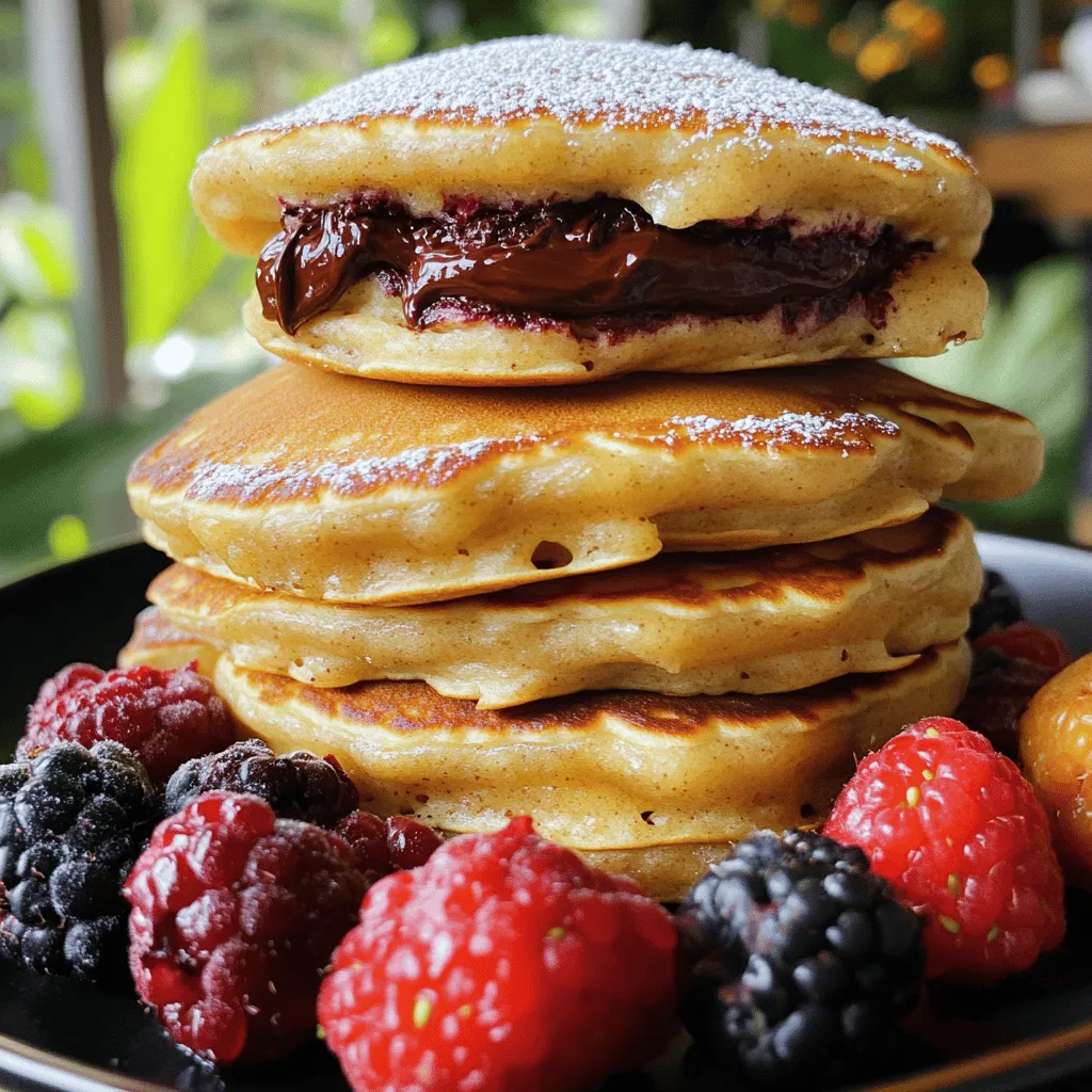 - 1 cup all-purpose flour - 2 tablespoons sugar - 1 tablespoon baking powder - 1/2 teaspoon salt - 1 cup milk - 1 large egg - 2 tablespoons melted butter (plus extra for cooking) - 1/2 cup Nutella - Powdered sugar for dusting (optional) - Fresh berries for garnish (optional) The main ingredients are simple. You need flour, sugar, and baking powder. These form the base for your pancakes. The milk and egg add moisture and richness. Melted butter gives a nice flavor and helps pancakes cook well. Nutella is the star filling. It melts beautifully inside. You can dust the pancakes with powdered sugar. Fresh berries add color and taste. - Mixing bowls - Whisk - Non-stick skillet or griddle - Measuring cups and spoons Having the right tools makes cooking easier. Mixing bowls are for combining dry and wet ingredients. A whisk helps mix them smoothly. A non-stick skillet or griddle is best for cooking. It prevents sticking and ensures even cooking. Measuring cups and spoons help get the amounts just right. For the full recipe, you can check the detailed instructions to make these delicious pancakes! First, gather your ingredients. In a medium bowl, whisk together: - 1 cup all-purpose flour - 2 tablespoons sugar - 1 tablespoon baking powder - 1/2 teaspoon salt Mix these dry ingredients well. In another bowl, combine: - 1 cup milk - 1 large egg - 2 tablespoons melted butter Stir these wet ingredients until blended. Now, pour the wet mixture into the dry ingredients. Mix gently. The batter should be slightly lumpy, so do not overmix. Heat a non-stick skillet over medium heat. Add a small amount of butter to coat the pan. For each pancake, pour 1/4 cup of batter into the skillet. Then, add about 1 tablespoon of Nutella right in the center. Now, cover the Nutella with another 1/4 cup of batter. Cook for about 2-3 minutes. Look for bubbles forming on top. Once you see them, flip the pancake. Cook for another 2-3 minutes until golden brown. Repeat this with the remaining batter and Nutella. Once the pancakes are done, serve them warm. Dust the top with powdered sugar for extra sweetness. If you like, add fresh berries for a lovely garnish. Enjoy this delicious treat! For the full recipe, check out the complete guide. To make the best pancakes, you must avoid overmixing the batter. When you mix too much, the pancakes can turn tough. You want a slightly lumpy batter for soft and fluffy pancakes. Next, adjust the heat for even cooking. If your skillet is too hot, the pancakes will burn on the outside but stay raw inside. Medium heat works best for cooking them perfectly. Serve your Nutella stuffed pancakes with fresh fruits or whipped cream. Slices of banana or strawberries add nice flavor. You can also drizzle chocolate sauce on top for extra sweetness. This makes the pancakes look fancy and taste even better. For an extra flavor boost, add vanilla extract to the batter. Just a teaspoon will make a big difference. You can also experiment with spices like cinnamon. A pinch of cinnamon adds warmth and pairs well with Chocolate. These simple tweaks elevate your pancake game! For the full recipe, check the [Full Recipe]. {{image_2}} You can switch Nutella for other tasty options. Peanut butter works great and adds a nutty flavor. Simply spread it in the center like you would with Nutella. For a fruity twist, try fruit preserves or fresh fruit. Strawberry jam or banana slices can make your pancakes pop with flavor. If you need gluten-free pancakes, use a gluten-free flour mix. This keeps the taste and texture nice. For those who want a dairy-free option, swap regular milk for almond or oat milk. Both alternatives blend well and keep your pancakes fluffy. Changing up the flavors can keep breakfast exciting! For fall, add pumpkin spice to your batter. In winter, try peppermint extract for a festive touch. These themed pancakes can turn any morning into a special occasion. For the full recipe, check the main article. To keep your Nutella stuffed pancakes fresh, store them in an airtight container. Place a piece of parchment paper between each pancake to avoid sticking. They stay good in the fridge for up to three days. For longer storage, freeze your pancakes. First, let them cool completely. Then, stack them with parchment paper in between. Place the stack in a freezer-safe bag. When you're ready to eat, reheat them in a toaster or microwave. This keeps them soft and tasty. If you have extra Nutella, try using it in smoothies or as a dip for fruits. You can also make Nutella toast or add it to oatmeal. For leftover batter, consider making mini pancakes or waffles. They taste great and help reduce waste! Yes, you can prepare Nutella stuffed pancakes in advance. To meal prep, cook the pancakes as directed. Let them cool completely. Then, stack them between layers of parchment paper. Place them in an airtight container. You can store them in the fridge for up to three days. For longer storage, freeze them. They last about a month in the freezer. When ready to eat, just reheat in a toaster or microwave. This saves time on busy mornings! If you're looking for alternatives to Nutella, there are plenty of options. You can try almond butter or peanut butter for a nutty flavor. If you want a vegan option, use cocoa spread that is dairy-free. Fruit preserves or fruit butter can also work well. They add sweetness and a fresh taste. Explore different flavors and find what you like best! To make your Nutella stuffed pancakes even more decadent, try adding toppings. Fresh whipped cream gives a light and fluffy touch. You can also drizzle melted chocolate on top for extra sweetness. Sprinkle chopped nuts for a nice crunch. Fresh berries add a juicy burst of flavor. You can also dust with powdered sugar for a pretty finish. These little extras can elevate your pancakes to a whole new level! Nutella stuffed pancakes are simple yet delicious. With easy ingredients and tools, you can make these tasty treats. Follow the step-by-step guide to create perfect pancakes every time. Remember to adjust heat and avoid overmixing for the best texture. Don’t hesitate to experiment with flavors and fillings. You can even store leftovers for later enjoyment. Enjoy your cooking journey, and have fun with different toppings and variations. These pancakes are sure to impress anyone!