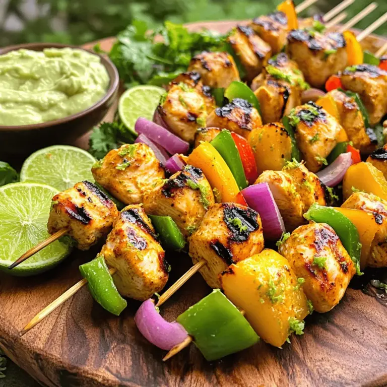 - 1 pound boneless, skinless chicken breasts (cut into 1-inch cubes) - 2 limes (zested and juiced) - 3 tablespoons olive oil - 3 cloves garlic (minced) - 1 teaspoon honey - 1 teaspoon cumin - 1 teaspoon smoked paprika - ½ teaspoon salt - ½ teaspoon black pepper - 1 cup bell peppers (variety of colors, cut into 1-inch pieces) - 1 small red onion (cut into chunks) - Wooden or metal skewers (if using wooden, soak in water for 30 minutes before use) When I create Zesty Lime Chicken Skewers, I focus on fresh, bright flavors. The chicken is the star here. I often use boneless, skinless chicken breasts. Cutting them into cubes helps them cook evenly and stay juicy. The marinade is key to flavor. Zest and juice from fresh limes bring a tangy kick. I mix lime with olive oil, minced garlic, honey, cumin, smoked paprika, salt, and black pepper. This blend makes the chicken taste vibrant and tasty. For the veggies, I love using colorful bell peppers and red onion. They not only add taste but also make the dish look great. When you thread chicken and veggies onto skewers, it creates a fun and easy way to grill. If you want to try this recipe, don’t forget to check the Full Recipe for all the steps! Combine lime zest, lime juice, olive oil, minced garlic, honey, cumin, smoked paprika, salt, and black pepper in a bowl. Mix well until everything blends nicely. The lime adds zing, while the honey gives a hint of sweetness. This marinade will infuse the chicken with bright and zesty flavors. Place chicken cubes in a resealable bag or bowl. Pour the marinade over the chicken, making sure every piece is coated. Seal the bag tightly or cover the bowl. Refrigerate for 1 to 4 hours. The longer you marinate, the better the flavor. This step is key to juicy and tasty skewers. Preheat your grill to medium-high heat. While it heats, thread the marinated chicken onto skewers, alternating with pieces of bell pepper and red onion. This not only looks great but also helps with even cooking. Once your grill is hot, place the skewers on it. Grill for 10 to 12 minutes, turning them every few minutes. Check the chicken’s doneness; it should reach an internal temperature of 165°F. This ensures it is safe to eat and perfectly cooked. To get the best flavor, allow your chicken to marinate for at least one hour. If you have time, marinate it for four hours. The longer it sits, the more the flavors soak in. Use a resealable bag or a bowl with a lid. This helps keep everything sealed tight. Make sure each piece of chicken gets coated well. This is key for a zesty taste. When you prepare your skewers, alternate chicken pieces with veggies. This not only helps them cook evenly but also looks great on the grill. Use bell peppers and red onion for color and flavor. Leave a small space between each piece. This gives them room to cook properly and helps prevent them from sticking. Watch the grill temperature closely while cooking. Keep it at medium-high heat. This helps avoid overcooking and keeps the chicken juicy. Grill for about 10 to 12 minutes. Turn the skewers every few minutes. Check for an internal temperature of 165°F. This ensures the chicken is safe to eat while staying tender. {{image_2}} You can change the protein in this recipe for more variety. Try shrimp for a sweet, ocean flavor. Beef gives a hearty taste that many love. For a plant-based option, use tofu. Tofu soaks up the marinade well and gets a nice grill mark. Each protein brings a unique twist to the skewers. While lime is zesty and bright, you can mix it up with other citrus juices. Orange juice adds a sweet touch, while lemon juice gives a sharper flavor. You can also add fresh herbs like cilantro or basil to your marinade. These herbs boost flavor and make the dish even more aromatic. Feel free to swap out the bell peppers and onions. Zucchini adds a nice crunch when grilled. Mushrooms bring a savory depth that pairs well with the chicken. Cherry tomatoes burst with juice and color on the skewers. Using a mix of these vegetables creates a colorful and tasty dish. Store any leftover skewers in an airtight container. They will stay fresh in the fridge for up to 3 days. This way, you can enjoy the zesty flavors even after the first meal. Just make sure to keep them sealed tight to prevent drying out. If you want to save some skewers for later, freeze the uncooked marinated chicken skewers. They can last for up to 2 months in the freezer. When you’re ready to cook, just defrost them in the fridge overnight. This helps the chicken stay juicy and flavorful when grilling. To reheat, you can grill them again or pop them in the oven. Set your oven to 350°F and heat until warm. This method brings back the grill marks and keeps the taste just right. Enjoy your zesty lime chicken skewers anytime with these easy tips! A minimum of 1 hour is recommended; up to 4 hours is ideal. Marinating longer allows the chicken to soak up all the zesty lime flavor. Yes, preheat your oven to 400°F and bake on a lined sheet pan until cooked through. This way, you can enjoy these tasty skewers even without a grill. Pair with a fresh salad, rice, or a side of avocado dip for a complete meal. These options balance the zesty flavors and add freshness to your plate. Yes, these skewers make for a great make-ahead meal option! You can marinate the chicken ahead of time and grill it when you're ready to eat. Total time: 1 hour 30 minutes, including marination. This includes time for prep, marinating, and cooking. Refer to the Full Recipe section for detailed cooking instructions and ingredients. You'll find all you need to create this delicious dish! In this post, we covered how to make Zesty Lime Chicken Skewers, focusing on ingredients, marinade, grilling tips, and variations. You can customize your skewers with different proteins and veggies for a unique taste. Remember, the key is in marinating the chicken well for full flavor. With simple steps, you can create a delicious meal that's perfect for any occasion. Enjoy grilling and savor the flavors!