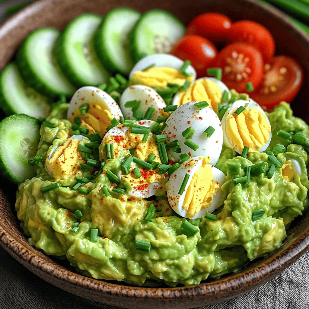 - Eggs: Use 4 large eggs for the best texture and taste. - Avocado: Select 1 ripe avocado. Look for a gentle squeeze that gives slightly. - Additional Ingredients: - 2 tablespoons Greek yogurt for creaminess - 1 tablespoon Dijon mustard for a tangy kick - 1 tablespoon lemon juice to brighten the flavors - 1/4 teaspoon garlic powder for depth - Salt and pepper to taste for seasoning - 2 tablespoons chopped fresh chives (or green onions) for freshness - 1/4 teaspoon smoked paprika (optional) for a subtle smoky flavor In the Full Recipe, these ingredients combine to create a tasty and healthy dish. The eggs provide protein, while avocado adds healthy fats. The Greek yogurt keeps it creamy without extra calories. To make great avocado egg salad, start with the eggs. Place 4 large eggs in a saucepan. Cover them with water and bring it to a boil. When the water boils, lower the heat. Let the eggs simmer for 9 to 12 minutes. After that, you need to cool them fast. The ice water cooling method is key. Transfer the eggs into a bowl of ice water. Leave them there for about 5 minutes. This helps stop the cooking and makes peeling easy. Next, prepare the avocado. Choose a ripe avocado; it should feel slightly soft when you press it. Cut the avocado in half and remove the pit carefully. Use a spoon to scoop the flesh into a mixing bowl. You want to mash it until it's smooth but still a bit chunky. This texture adds depth to your salad. Now, it’s time to mix everything. Once the eggs are cool, peel them and chop them into small pieces. Add these chopped eggs to the bowl with the mashed avocado. Then, add the Greek yogurt, Dijon mustard, lemon juice, garlic powder, salt, and pepper. Mix all the ingredients together gently. You want to achieve a creamy texture without over-mixing. Finally, fold in the chopped chives. If you like, sprinkle in some smoked paprika for extra flavor. Check the seasoning and adjust if needed. Enjoy your avocado egg salad on whole-grain bread or straight from the bowl! For the full recipe, refer to the provided details. To get a creamy texture, start with a ripe avocado. Look for one that feels soft but not mushy. When mashing, use a fork to break down the avocado until it’s smooth. If you like some chunks, don’t mash too much. When chopping the eggs, aim for small, even pieces. This helps mix the eggs well with the avocado. A sharp knife works best for clean cuts. Adjusting the flavors is easy. Start with the basic recipe, then taste as you go. If you want it zestier, add more lemon juice. If you like it creamier, stir in more Greek yogurt. Don’t forget to sprinkle in salt and pepper to enhance the taste. For a beautiful presentation, serve the salad in a rustic bowl. Garnish with extra chopped chives on top. A sprinkle of smoked paprika adds color and flavor. Add sliced cucumbers and cherry tomatoes on the side for a colorful display. This makes your dish not just tasty, but also eye-catching! {{image_2}} For a lighter touch, you can swap Greek yogurt with sour cream or cottage cheese. Both options keep the creaminess while adding their own unique taste. If you lack Dijon mustard, try yellow mustard or even a bit of hot sauce for a kick. These substitutes let you personalize the salad to your liking. To spice things up, consider adding fresh herbs like dill or parsley. They provide a burst of freshness. You can also include a pinch of cayenne pepper for heat. For a smoky flavor, add a dash of chipotle powder. These additions elevate the taste and give each bite a new twist. There are many fun ways to enjoy avocado egg salad. Spread it on whole-grain bread for a hearty sandwich or wrap it in lettuce leaves for a low-carb option. You can also serve it on a bed of greens for a light meal. Enjoy it by the spoonful as a simple snack. Explore these options to find your favorite way to savor this dish. Don’t forget to check the Full Recipe for more ideas! To keep your avocado egg salad fresh, you must store it well. First, place it in an airtight container. This helps prevent air from making it brown. Cover the surface with plastic wrap for extra protection. If you plan to eat it later, try to keep the salad from getting warm. The cooler it stays, the better it tastes. Avocado egg salad lasts about 3 to 4 days in the fridge. To keep track, label the container with the date you made it. If you notice any off smell or color, it’s best to toss it out. Always trust your senses; they guide you well with food. You can freeze avocado egg salad, but it may change texture. To freeze, scoop the salad into a freezer-safe container. Leave some space for the salad to expand. When you want to eat it, thaw it in the fridge overnight. Stir it well after thawing to bring back some creaminess. Enjoy your meal with the Full Recipe tips! Yes, you can make avocado egg salad ahead of time. Prepare it and store it in an airtight container in the fridge. It stays fresh for about one day. To keep it from turning brown, add a bit more lemon juice. This helps preserve the color and taste. Avocado egg salad is quite healthy. Eggs are rich in protein and vitamins. They help build muscle and support brain health. Avocados provide healthy fats, which are good for your heart. They also have fiber, which aids digestion. Greek yogurt adds protein and probiotics, promoting gut health. Together, these ingredients create a nutritious meal. You can serve avocado egg salad in many ways. Try it on whole-grain bread for a sandwich. Lettuce wraps make a fresh, crunchy option. You can also enjoy it with sliced cucumbers or cherry tomatoes. For a side, pair it with a light salad or fruit. This makes a colorful and healthy meal. In this blog post, we covered the essential ingredients for avocado egg salad, including eggs and avocado. We discussed how to prepare them, combine them, and add personal flair with seasonings and presentation tips. We also explored variations and storage techniques. Now, you’re ready to make a delicious avocado egg salad that fits your taste. Keep experimenting with flavors and enjoy this healthy dish in different ways. With these tips, you’ll impress friends and family at your next meal.