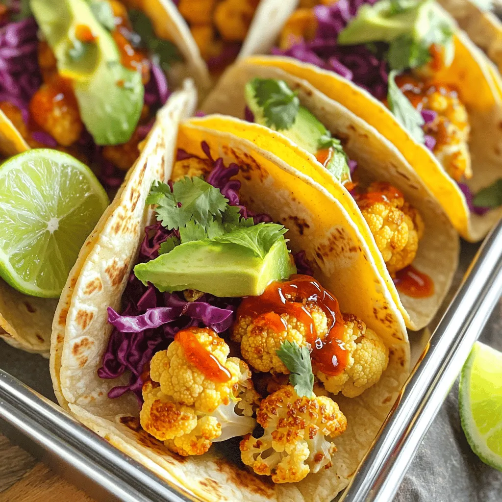 To make these tasty tacos, you need some key ingredients. Here’s a quick list: - 1 medium head of cauliflower, cut into florets - 3 tablespoons olive oil - 2 tablespoons Sriracha sauce (adjust to taste) - 1 teaspoon smoked paprika - 1 teaspoon cumin - 1 teaspoon garlic powder - Salt and pepper to taste - 8 small corn tortillas - 1 avocado, sliced - 1 cup red cabbage, shredded - Fresh cilantro leaves, for garnish - Lime wedges, for serving These ingredients give the tacos their amazing flavor. The cauliflower becomes spicy and crispy when roasted. The Sriracha adds heat and depth. You can add more toppings to make your tacos even better. Some great options include: - Diced tomatoes - Sliced jalapeños - Crumbled feta cheese - Sour cream or Greek yogurt These toppings can add freshness and crunch. Feel free to mix and match based on your taste. If you don’t have some ingredients, don’t worry! Here are some easy swaps: - Use canola oil instead of olive oil. - Try different hot sauces if Sriracha is not available. - Swap red cabbage for green cabbage or lettuce. These substitutions will still keep your tacos tasty and satisfying. For the full recipe, check out the details above. Enjoy your cooking! To make these tacos, start with a medium head of cauliflower. Cut it into small florets. This helps them cook evenly. In a large bowl, combine the cauliflower with olive oil, Sriracha sauce, smoked paprika, cumin, garlic powder, salt, and pepper. Toss everything well to coat the florets. This mixture gives the cauliflower its spicy kick. Next, preheat your oven to 425°F (220°C). Spread the coated cauliflower on a baking sheet lined with parchment paper. Make sure the florets are in a single layer. This helps them roast evenly. Bake for 20-25 minutes, flipping halfway through. You want them tender and slightly caramelized. While the cauliflower roasts, you can make the sauce. The Sriracha sauce is already in the mix with the cauliflower, but you can add more if you like it spicier. If you want to balance the heat, try mixing Sriracha with a bit of honey or lime juice. This adds sweetness and tang. You can also adjust the flavor with extra spices. A dash of lime zest or some fresh herbs can work wonders. Taste the sauce as you go. Find the balance that suits your palate. Once the cauliflower is ready, it's time to assemble your tacos. Warm the corn tortillas in a dry skillet for about 30 seconds on each side. This makes them soft and easier to fold. On each tortilla, add a generous scoop of roasted cauliflower. Top with sliced avocado and shredded red cabbage. These add creaminess and crunch. Finish with fresh cilantro leaves. They bring a burst of flavor. Serve your tacos with lime wedges on the side. Squeeze fresh lime juice over the top just before eating. This brightens all the flavors. For the full recipe, check out the section above. Enjoy your spicy Sriracha cauliflower tacos! To get the best roasted cauliflower, choose a fresh head. Cut it into small, even florets. This helps them cook evenly. Toss the florets in olive oil and spices well. Spread them out on the baking sheet. Make sure they have space. If they are too close, they will steam instead of roast. Flip them halfway through cooking for a nice brown color. Aim for a tender inside and crispy outside. Sriracha packs a punch, but you can make it even better. Mixing in lime juice adds a fresh zing. A bit of honey can balance the heat. If you like garlic, add some minced fresh garlic. You can also mix in a touch of soy sauce for depth. Taste as you go to find your perfect blend. Don't be afraid to play with flavors. Start with warm corn tortillas for the best taste. Lay them flat and spoon on the roasted cauliflower. Add avocado slices next for creaminess. Then, pile on the shredded red cabbage for a crunch. Finish with fresh cilantro for a burst of flavor. Don't forget the lime wedges on the side. They add a refreshing squeeze to each bite. For the full experience, follow the [Full Recipe]. {{image_2}} You can easily make these tacos vegan. Simply use olive oil to roast the cauliflower. All the other ingredients are already vegan-friendly. The Sriracha adds great flavor without any animal products. Use the full recipe for a complete guide. You can cook the cauliflower in an air fryer or on a grill. Air frying gives you a crispy texture. Cook at 400°F for about 15 minutes. Shake the basket halfway through for even cooking. Grilling adds a smoky flavor. Just skewer the cauliflower florets and grill for about 10 minutes, turning often. You can change the flavor profile to suit your taste. For sweet and spicy, add honey or maple syrup to the Sriracha mix. This balances heat with sweetness. You can also try adding lime zest for a fresh twist. A sprinkle of chili powder can add extra heat. Mix and match flavors to find your favorite! To store leftover tacos, keep the cauliflower and tortillas separate. Place the roasted cauliflower in an airtight container. Wrap the tortillas in foil or plastic wrap. This helps keep them soft and fresh. You can store both in the fridge for up to three days. When you want to eat the leftovers, reheat the cauliflower in the oven. Preheat your oven to 350°F (175°C). Spread the cauliflower on a baking sheet. Heat it for about 10-15 minutes, until warm. Warm the tortillas in a dry skillet for 30 seconds on each side. This brings back their softness. The roasted cauliflower will last in the fridge for three days. Tortillas can stay fresh for up to a week if stored properly. Avocados should be used within a day or two after cutting. Red cabbage can last about a week in the fridge. Always check for freshness before using any ingredients in your tacos. For the full recipe, refer to the detailed instructions provided earlier. Yes, you can easily make these tacos gluten-free. Just choose corn tortillas. Check the label to ensure they are certified gluten-free. This way, you can enjoy the same great taste without the gluten. To reduce the spice level, use less Sriracha. Start with one tablespoon instead of two. You can also add a dollop of yogurt or sour cream to the tacos. These toppings help cool down the heat while keeping the flavor. These tacos taste great with many side dishes. Here are some ideas: - Mexican rice - Black beans - Simple green salad - Grilled corn on the cob These sides add color and flavor to your meal. Yes, you can meal prep these tacos! Roast the cauliflower ahead of time and store it in the fridge. You can also prep the toppings in advance. Just warm the tortillas when you're ready to eat. This makes for a quick and easy meal. For the full recipe, check out the [Full Recipe]. Spicy Sriracha Cauliflower Tacos offer bold flavors and easy prep. We covered the key ingredients, optional toppings, and helpful substitutions. You learned how to prepare the cauliflower, make the sauce, and assemble the tacos. Remember, you can customize these tacos with vegan options or different cooking methods. Store leftovers properly for the best taste. Enjoy experimenting with flavors and share these tasty tacos with friends. They will love them!