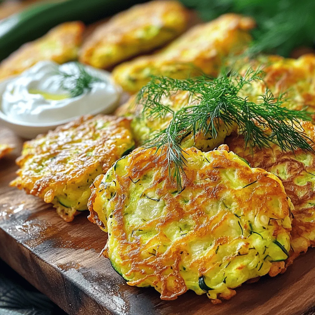 - Zucchini and Salt - 2 medium zucchinis, grated - 1 teaspoon salt - Dry Ingredients - 1/2 cup all-purpose flour - Fresh Ingredients - 1/2 cup crumbled feta cheese - 1/4 cup green onions, finely chopped - 2 large eggs - 1/4 cup fresh dill, chopped (or 1 tablespoon dried dill) - 1/4 teaspoon black pepper - Olive oil, for frying This recipe is simple and uses fresh, tasty ingredients. First, the zucchinis add moisture and a mild flavor. Adding salt helps draw out the water, making your fritters crispier. The flour binds everything together, while the feta brings a creamy, salty punch. The green onions and dill add fresh taste, making each bite bright and delicious. Lastly, the eggs help the fritters hold their shape. You can serve them with Greek yogurt or tzatziki for extra flavor. For the full recipe, check out Zesty Zucchini Fritters with Feta. To make great zucchini fritters, you need to start with the zucchini. First, grate the zucchinis using a box grater. Place the grated zucchini in a clean kitchen towel or cheesecloth. Sprinkle salt over the zucchini. Let it rest for about 10-15 minutes. This time helps draw out moisture. After resting, you need to squeeze out the water. Twist the towel tightly to remove as much moisture as you can. This step is key for crispy fritters. If you skip it, your fritters might be soggy. Now, it’s time to mix the ingredients. In a large bowl, combine the squeezed zucchini, all-purpose flour, crumbled feta, chopped green onions, eggs, dill, and black pepper. Use a spatula or spoon to mix everything well. Make sure all the ingredients blend together evenly. This way, each bite will be full of flavor. For a better mix, try folding the ingredients instead of stirring. This gentle motion keeps the air in the mix, making the fritters fluffier. Next, prepare your skillet. Heat about 2 tablespoons of olive oil in a large skillet over medium heat. The oil should be hot but not smoking. Scoop about 1/4 cup of the zucchini mix for each fritter. Gently flatten it with the back of the scoop to form a patty. Depending on your skillet size, you may need to cook them in batches. Cook the fritters for about 4-5 minutes on each side. They should turn golden brown and cooked through. Adjust the heat if they seem to burn. Once done, transfer the fritters to a plate lined with paper towels. This way, they can soak up any extra oil. Repeat until all the mixture is cooked. For the full recipe, check the earlier section. Enjoy the delicious taste of these zucchini fritters! To make the perfect zucchini fritters, focus on their texture. You want them crispy on the outside and tender inside. The key is to remove excess moisture from the zucchini. Start by salting the grated zucchini and letting it rest. This step draws out water. After 15 minutes, squeeze the zucchini in a towel to get rid of more liquid. When cooking, do it in batches. This gives each fritter space to fry evenly. If your pan is too crowded, they won’t get crispy. Cook them for about 4-5 minutes on each side. Keep an eye on the heat to avoid burning. To take your fritters up a notch, consider adding spices and herbs. Fresh dill works well, but you can also try parsley, chives, or oregano. A pinch of garlic powder adds great flavor too. For serving, pair the fritters with dips. Greek yogurt or tzatziki complements the dish nicely. They add creaminess and coolness to the warm fritters. You can also try a spicy salsa for an extra kick. For the full recipe, check the section above. {{image_2}} For a gluten-free option, you can swap all-purpose flour with almond flour or chickpea flour. Both work well and keep the fritters light and fluffy. You might also try oat flour for a different taste. If you need dairy substitutions, use vegan feta or a dairy-free cream cheese. These options give a similar creamy texture and flavor without the dairy. Coconut yogurt can also replace Greek yogurt when serving. To make your fritters even more exciting, consider adding extra veggies like grated carrots or chopped spinach. You can also mix in spices like paprika or cumin for a flavor boost. For cheese lovers, try using goat cheese or mozzarella instead of feta. Each cheese brings a unique taste. You can even mix different cheeses for a delightful twist. Explore these variations to match your taste and dietary needs. For the full recipe, check out the Zesty Zucchini Fritters with Feta. To store leftover zucchini fritters, let them cool first. Place them in an airtight container. You can keep them in the fridge for up to three days. When you want to eat them again, reheat the fritters in a skillet. Use medium heat and add a bit of olive oil for crispiness. Heat each side for about 2-3 minutes until warm. To freeze the fritters, let them cool completely. Layer them in a single row on a baking sheet and freeze until firm. Once frozen, transfer them to a freezer bag. They can last for up to three months in the freezer. When you're ready to enjoy them, take out the number you need. Thaw the fritters in the fridge overnight. Then, reheat them in a skillet or oven for a tasty treat. For the full recipe and more tips, check out the link to the Full Recipe. How to make zucchini fritters crispy? To make zucchini fritters crispy, focus on removing excess moisture. After grating the zucchinis, sprinkle them with salt and let them sit. This step draws out water. Squeeze out the liquid using a clean kitchen towel. The drier the zucchini, the crispier your fritters will be. Also, use enough oil in the skillet and cook them until golden brown. Can I bake zucchini fritters instead of frying? Yes, you can bake zucchini fritters. Preheat your oven to 400°F (200°C). Place the fritters on a baking sheet lined with parchment paper. Brush them lightly with olive oil. Bake for about 20-25 minutes, flipping halfway through. This method yields a healthier version while still giving you a nice texture. Caloric value per serving Each serving of zucchini fritters has about 150 calories. This varies based on oil used and portion size. Nutrients to consider Zucchini fritters offer several key nutrients: - Fiber: Supports digestion. - Protein: From eggs and feta supports muscle health. - Vitamins A and C: Good for your skin and immune system. - Calcium: Feta cheese adds essential calcium for strong bones. For the full recipe, check out the Zesty Zucchini Fritters with Feta. You learned how to make tasty zucchini fritters from scratch. We covered all the key ingredients, preparation steps, and cooking techniques. We discussed tips for the best texture and flavor, along with variations to suit your needs. Whether you choose to freeze or store leftovers, you have all the info you need. Enjoy experimenting with the recipe. Your fritters can be a delicious addition to meals or snacks. Happy cooking!