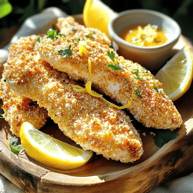 - 1 lb chicken tenderloins - 1 cup buttermilk - 1 teaspoon garlic powder - 1 teaspoon onion powder - 1 teaspoon paprika - 1 teaspoon salt - ½ teaspoon black pepper For the best taste, use fresh chicken tenderloins. Buttermilk makes the chicken juicy and adds flavor. The seasonings, like garlic and paprika, give a nice kick. - 1 cup panko breadcrumbs - ½ cup grated Parmesan cheese - Zest of 1 lemon - ½ teaspoon dried oregano Panko breadcrumbs create a crunchy coating. Parmesan adds a savory depth. Lemon zest brightens the flavors, while oregano gives a hint of earthiness. - Olive oil spray or cooking spray - Baking sheet - Parchment paper Use a baking sheet lined with parchment paper. This helps the tenders cook evenly and prevents sticking. Olive oil spray adds a golden touch to the coating. For the full recipe, check the complete instructions above! To start, I mix the marinade in a large bowl. I combine: - 1 cup buttermilk - 1 teaspoon garlic powder - 1 teaspoon onion powder - 1 teaspoon paprika - 1 teaspoon salt - ½ teaspoon black pepper Once the mixture is ready, I add the chicken tenderloins, making sure they are well coated. I cover the bowl with plastic wrap and refrigerate. For the best flavor, I recommend marinating for at least 1 hour, but overnight is even better. Before I move on, I preheat my oven to 425°F (220°C). This step is crucial for crispiness. While the oven heats, I line a baking sheet with parchment paper. This prevents sticking and makes cleanup easier. Next, I prepare the breadcrumb coating in a shallow dish. I mix: - 1 cup panko breadcrumbs - ½ cup grated Parmesan cheese - Zest of 1 lemon - ½ teaspoon dried oregano This mix adds great flavor and crunch. I remove the chicken from the marinade, letting the excess drip off. Then, I dredge each tenderloin in the breadcrumb mix, pressing down gently to ensure it sticks well. Now, I arrange the breaded chicken tenders on the baking sheet in a single layer. This helps them cook evenly. To get that golden look, I lightly spray the tops with olive oil spray. I bake them in the preheated oven for 15-20 minutes. The coating should turn golden brown and crispy. After baking, I check for doneness. The internal temperature must reach 165°F (74°C) to ensure they are safe to eat. A meat thermometer is very helpful for this step. To get that ideal crunch, broil the chicken tenders for a minute or two at the end. This step is key. It adds a delightful crisp to the coating. Don't skip this! You must also use olive oil spray. A light spray helps the coating brown nicely. It gives your chicken tenders a golden finish that looks just as good as it tastes. Want to kick up the flavor? Add spices like cayenne pepper or smoked paprika. These spices give your chicken a nice twist. You can even try adding fresh herbs like thyme or rosemary for freshness. Marinate your chicken for at least one hour. For the best flavor, let it sit overnight. The longer it marinates, the better the taste. Pair these chicken tenders with classic sides like fries or a fresh salad. They also go great with dipping sauces like honey mustard or ranch. For a nice display, serve the tenders on a platter with lemon wedges. A little garnish with parsley can brighten up the look. This makes your meal not just tasty, but pretty too. {{image_2}} You can change up the taste of your chicken tenders easily. Try different herbs or spices to add your own twist. For a classic feel, use Italian herbs like basil or thyme. You can also swap in smoked paprika for a deeper flavor. Want some heat? Add cayenne or chili powder. Just a pinch can give your tenders a nice kick. If you need a gluten-free option, use almond flour or coconut flour instead of regular breadcrumbs. You can also crush cornflakes or crackers to use as a coating. Both will give your chicken a crunchy texture. This makes it fun to try new flavors. Baking is a healthier choice than frying. It cuts down on oil and fat. Oven-baked chicken tenders stay juicy while being crispy. Choose chicken breast cutlets for a leaner option instead of tenderloins. They cook faster and are lower in calories. This way, you can enjoy a tasty meal without the guilt. For the complete recipe, check out the [Full Recipe]. To store your leftover chicken tenders, let them cool first. Place them in an airtight container. This helps keep them fresh. In the fridge, they last up to three days. If you want to enjoy them later, don't wait too long! For freezing, wrap each chicken tender in plastic wrap. Then, place them in a freezer bag. This prevents freezer burn. They can stay frozen for up to three months. When you're ready to eat, thaw them overnight in the fridge. Reheat in the oven at 375°F (190°C) for about 10-15 minutes. This keeps them crispy. Batch cooking is a smart way to save time. Make a big batch of chicken tenders at once. Store them in the fridge or freezer as mentioned above. Leftovers can shine in many dishes. Add them to salads, wraps, or pasta for a tasty twist. The options are endless! To make your chicken tenders pop with flavor, adjust your seasonings. Try adding herbs like thyme or rosemary. You can also mix in some cayenne for spice. A squeeze of fresh lemon juice adds brightness. Marinating longer enhances taste, so consider overnight for best results. Yes, you can use chicken breast. However, you will need to cut it into strips. Cooking times may vary. Chicken breasts take longer to cook, so check them often. Make sure they reach 165°F (74°C) for safety. Pair your chicken tenders with tasty sides. Some great options include: - French fries - Coleslaw - Steamed veggies - Mashed potatoes - Dipping sauces like honey mustard or barbecue These sides balance the meal well and add more flavor. Check the chicken's internal temperature. It should reach 165°F (74°C). Look for a golden brown color and crispy coating. The juices should run clear when you cut into them. If you have a meat thermometer, use it for accuracy. Yes! You can prep the chicken and marinate it a day ahead. Store it in the fridge until you are ready to bake. You can also bread the tenders and freeze them. Just bake them directly from the freezer, adding a few extra minutes to the cook time. You learned how to make delicious oven-baked chicken tenders. We covered ingredients, marination, and cooking techniques. Remember to check for doneness and follow storage tips to keep them fresh. Experiment with flavors and servings to add excitement to your meals. With these steps, you can create a tasty dish that your family will love. Enjoy making these crispy chicken tenders and share your results!